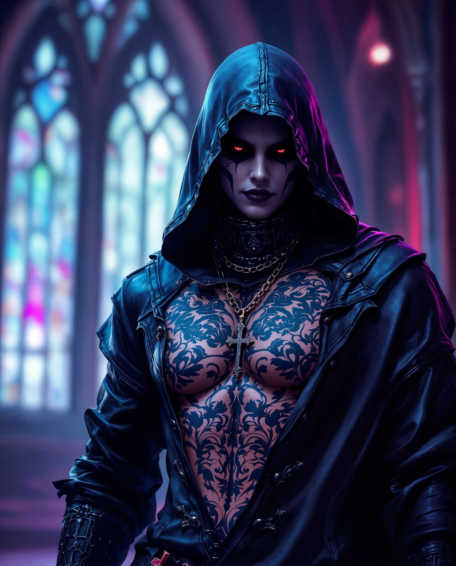 masterpiece, best quality, highres, sharp image, more detail <lora:more_details:0.5> <lora:SDXLrender_v2.0:1>, masterpiece, best quality, highres, sharp image, more detail, This image is a realistic photo (photograph) of a real person digital artwork that presents a closeup of a persons upper body, focusing on the chest and shoulders. The art style is highly stylized and appears to be a blend of fantasy and gothic elements, with a strong emphasis on dramatic lighting and shadow.The medium seems to be a digital painting, as evidenced by the smooth blending of colors and the lack of texture that might be present in a traditional painting. The image has a cinematic quality, with a high level of detail and attention to the interplay of light and shadow.The colors in the image are rich and varied, with a predominance of deep blues, purples, and blacks, creating a moody and atmospheric effect. There are also accents of red and pink, which add warmth and contrast to the cool tones. The lighting in the image is dynamic, with highlights and shadows that give depth and dimension to the subjects clothing and the surrounding environment.The objects in the image include the persons chest and shoulders, which are adorned with intricate, dark tattoos that cover most of the visible skin. The tattoos are detailed and appear to be a mix of floral and geometric patterns. The person is wearing a dark, hooded garment with a high collar, which has a similar tattoo design on the front. The garment is made of a material that appears to be leather, with a metallic sheen and a distressed texture. There is also a chain with a cross pendant visible around the neck, which is a common gothic symbol.The background of the image is blurred and indistinct, but it seems to be an interior space with architectural elements that could be part of a gothic or fantasy setting, such as pointed arches and stained glass windows. The overall effect of the image is one of mystery and intensity, with a strong sense of the fantastical and the gothic.