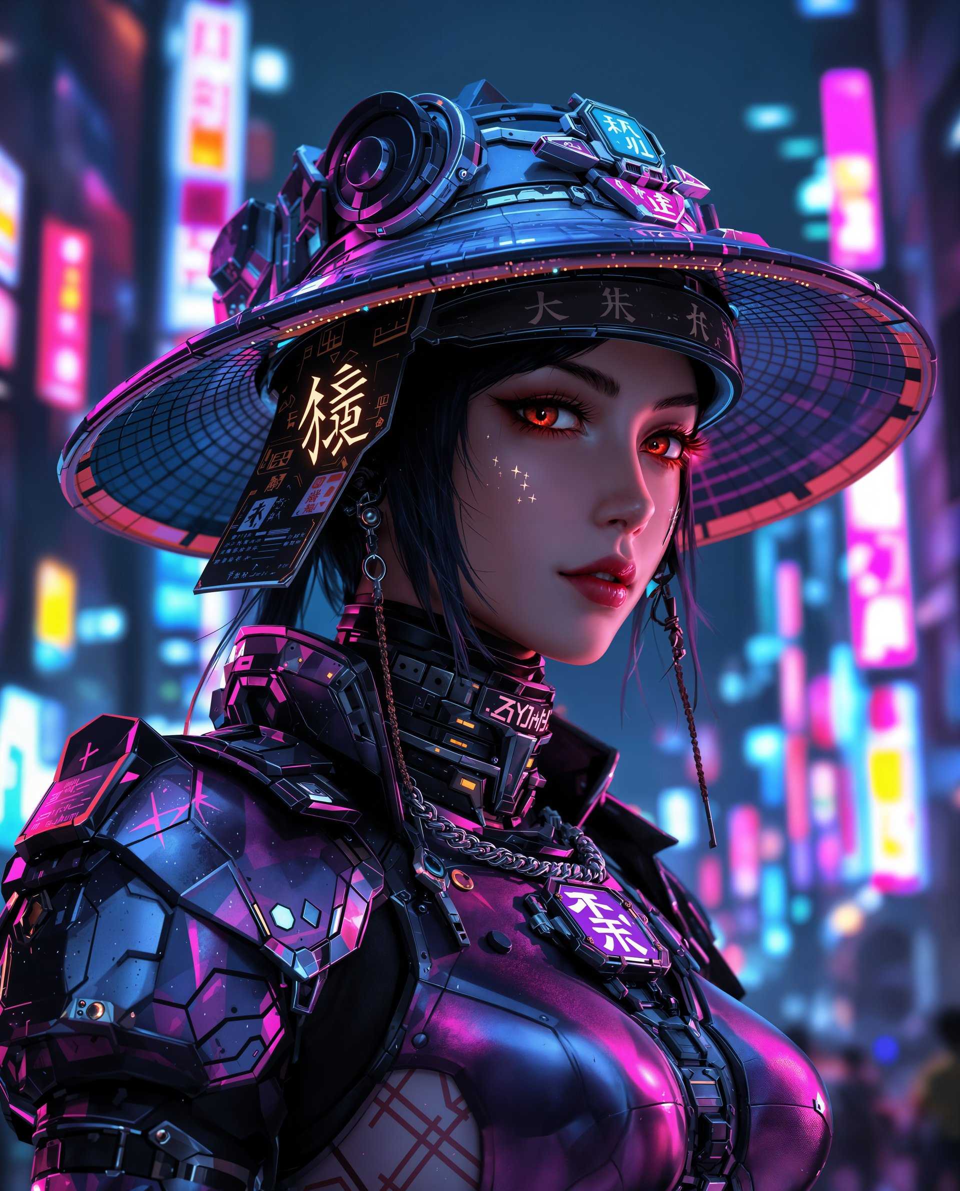 masterpiece, best quality, highres, sharp image, more detail <lora:more_details:0.5> <lora:SDXLrender_v2.0:1>, masterpiece, best quality, highres, sharp image, more detail, This image is a realistic photo (photograph) of a female real person digital artwork that presents a cyberpunk inspired character. The art style is highly stylized with a focus on futuristic elements and a blend of traditional Japanese aesthetics, as evidenced by the characters wide brimmed hat, which is reminiscent of a samurais kabuto helmet, and the visible Japanese Kanji characters on the hat and the armor.The medium appears to be a digital painting, given the smooth gradients and the seamless blending of colors. The image is rich in texture, with a glossy finish on the armor and clothing that reflects the neon lights in the background, adding depth and realism to the artwork. The color palette is vibrant and dynamic, with a predominance of purples, blues, and pinks, which are typical of cyberpunk aesthetics. These colors are complemented by metallics and blacks, creating a contrast that emphasizes the futuristic and technological elements of the characters attire. The lighting in the image is dramatic, with highlights and shadows that give the character a threedimensional form and contribute to the overall atmosphere of the scene.Objects in the image include the characters detailed armor, which is adorned with various symbols and patterns, and the glowing cybernetic enhancements visible on the characters face and neck. The armor is textured and appears to be made of a combination of metals and plastics, with a patina that suggests wear and tear, adding to the cyberpunk feel of the image. The characters widebrimmed hat is a focal point, with its intricate design and the Kanji characters that give a cultural context to the characters appearance.In the background, there is a cityscape filled with neon lights and towering skyscrapers, which contribute to the cyberpunk ambiance of the scene. The lights cast a glow on the character, creating a sense of depth and setting the mood for the image. The overall composition of the image is balanced, with the character taking center stage against the backdrop of the futuristic city.