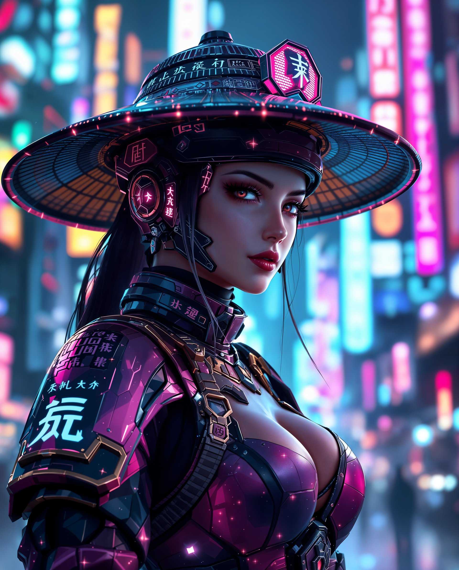 masterpiece, best quality, highres, sharp image, more detail <lora:more_details:0.5> <lora:SDXLrender_v2.0:1>, masterpiece, best quality, highres, sharp image, more detail, This image is a realistic photo (photograph) of a female real person digital artwork that presents a cyberpunk inspired character. The art style is highly stylized with a focus on futuristic elements and a blend of traditional Japanese aesthetics, as evidenced by the characters wide brimmed hat, which is reminiscent of a samurais kabuto helmet, and the visible Japanese Kanji characters on the hat and the armor.The medium appears to be a digital painting, given the smooth gradients and the seamless blending of colors. The image is rich in texture, with a glossy finish on the armor and clothing that reflects the neon lights in the background, adding depth and realism to the artwork. The color palette is vibrant and dynamic, with a predominance of purples, blues, and pinks, which are typical of cyberpunk aesthetics. These colors are complemented by metallics and blacks, creating a contrast that emphasizes the futuristic and technological elements of the characters attire. The lighting in the image is dramatic, with highlights and shadows that give the character a threedimensional form and contribute to the overall atmosphere of the scene.Objects in the image include the characters detailed armor, which is adorned with various symbols and patterns, and the glowing cybernetic enhancements visible on the characters face and neck. The armor is textured and appears to be made of a combination of metals and plastics, with a patina that suggests wear and tear, adding to the cyberpunk feel of the image. The characters widebrimmed hat is a focal point, with its intricate design and the Kanji characters that give a cultural context to the characters appearance.In the background, there is a cityscape filled with neon lights and towering skyscrapers, which contribute to the cyberpunk ambiance of the scene. The lights cast a glow on the character, creating a sense of depth and setting the mood for the image. The overall composition of the image is balanced, with the character taking center stage against the backdrop of the futuristic city.