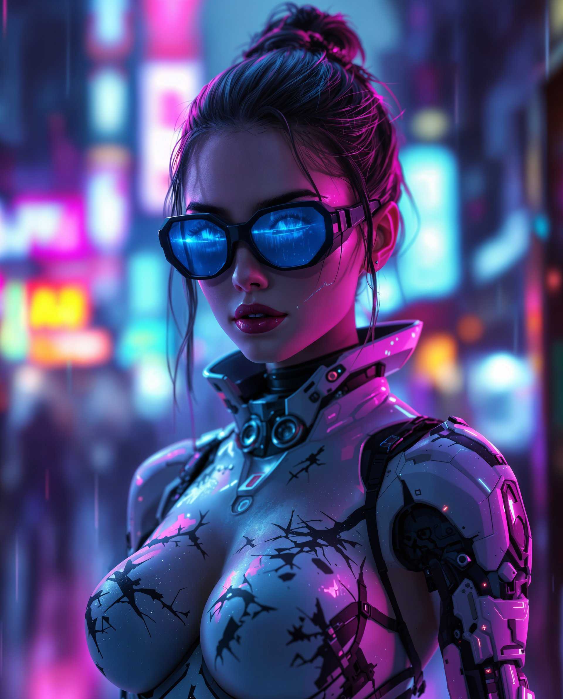 masterpiece, best quality, highres, sharp image, more detail <lora:more_details:0.5> <lora:SDXLrender_v2.0:1>, masterpiece, best quality, highres, sharp image, more detail, This image is a realistic photo (photograph) of a female real person digital artwork that presents a cyberpunkinspired character. The art style is highly stylized with a focus on futuristic elements, cybernetic enhancements, and a gritty, urban atmosphere. The medium appears to be a digital painting, given the smooth gradients, lighting effects, and the absence of brush strokes.The colors in the image are rich and vibrant, with a predominance of purples, blues, and blacks, which are typical of cyberpunk aesthetics. These colors are complemented by neon accents of pink, blue, and red, which add to the overall futuristic and edgy feel of the piece. The lighting is dramatic, with highlights and shadows that give the image a threedimensional quality.The character in the image is wearing a detailed costume that includes a hightech bodysuit with glowing elements, suggesting advanced technology. The bodysuit has a distressed look, with scratches and scuffs, which adds to the cyberpunk vibe. There are also mechanical parts, such as what appears to be a cybernetic arm, which further emphasizes the cybernetic enhancements theme.The character is also wearing a pair of futuristic sunglasses with a blue tint, which matches the overall color scheme of the image. The sunglasses have a sleek, angular design that complements the overall futuristic look.In the background, there is a blurred urban environment with neon signs and rain, which further sets the cyberpunk scene. The raindrops are rendered with a translucent quality, giving the impression of a downpour. The overall effect is one of a dystopian future where technology and urban decay coexist.The objects in the image are primarily the characters costume and accessories, which are the focal points. The cybernetic arm, the bodysuit, and the sunglasses are the most prominent objects, each contributing to the cyberpunk aesthetic. The blurred urban environment in the background is also an important element, setting the scene and providing context for the characters existence.