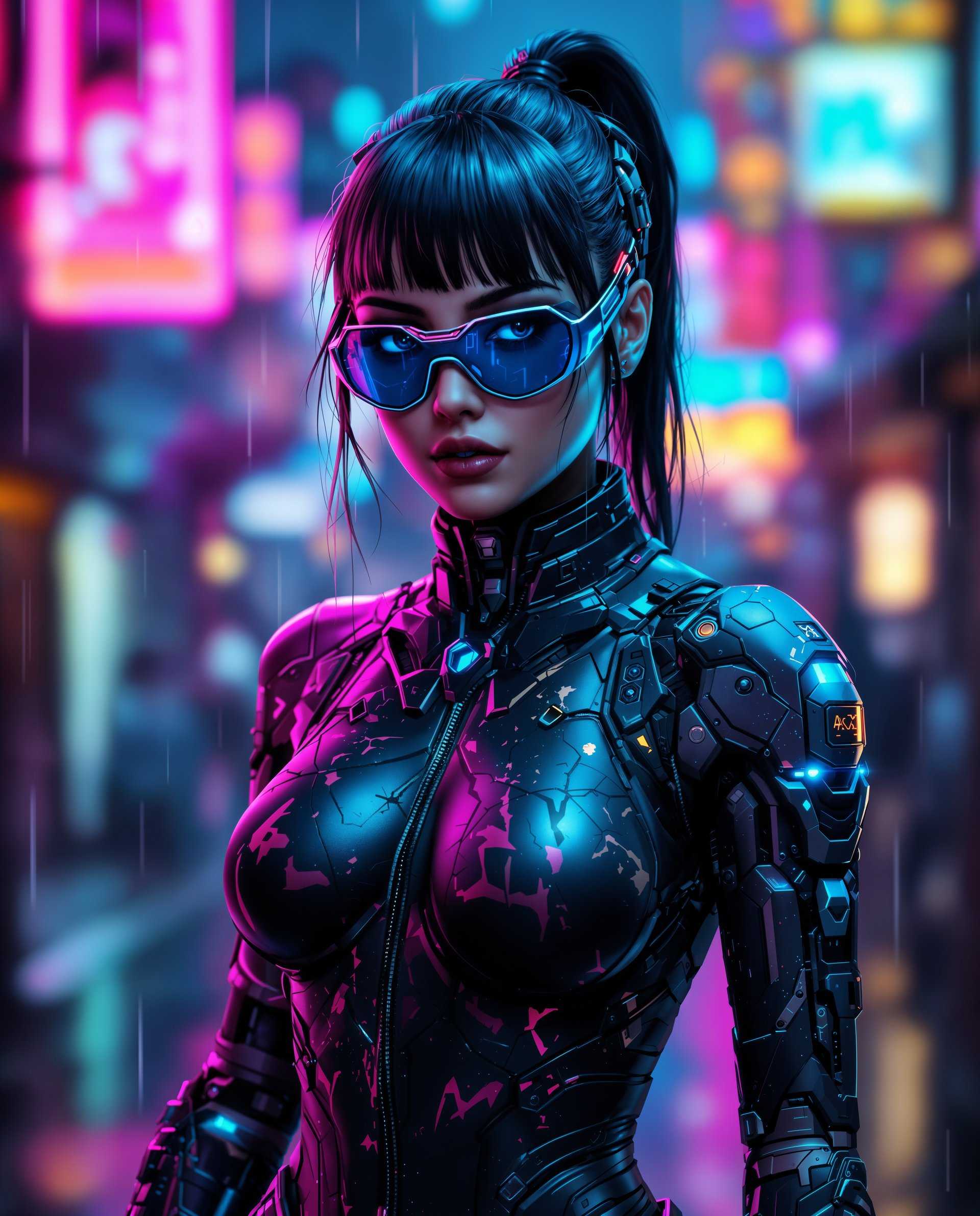 masterpiece, best quality, highres, sharp image, more detail <lora:more_details:0.5> <lora:SDXLrender_v2.0:1>, masterpiece, best quality, highres, sharp image, more detail, This image is a realistic photo (photograph) of a female real person digital artwork that presents a cyberpunkinspired character. The art style is highly stylized with a focus on futuristic elements, cybernetic enhancements, and a gritty, urban atmosphere. The medium appears to be a digital painting, given the smooth gradients, lighting effects, and the absence of brush strokes.The colors in the image are rich and vibrant, with a predominance of purples, blues, and blacks, which are typical of cyberpunk aesthetics. These colors are complemented by neon accents of pink, blue, and red, which add to the overall futuristic and edgy feel of the piece. The lighting is dramatic, with highlights and shadows that give the image a threedimensional quality.The character in the image is wearing a detailed costume that includes a hightech bodysuit with glowing elements, suggesting advanced technology. The bodysuit has a distressed look, with scratches and scuffs, which adds to the cyberpunk vibe. There are also mechanical parts, such as what appears to be a cybernetic arm, which further emphasizes the cybernetic enhancements theme.The character is also wearing a pair of futuristic sunglasses with a blue tint, which matches the overall color scheme of the image. The sunglasses have a sleek, angular design that complements the overall futuristic look.In the background, there is a blurred urban environment with neon signs and rain, which further sets the cyberpunk scene. The raindrops are rendered with a translucent quality, giving the impression of a downpour. The overall effect is one of a dystopian future where technology and urban decay coexist.The objects in the image are primarily the characters costume and accessories, which are the focal points. The cybernetic arm, the bodysuit, and the sunglasses are the most prominent objects, each contributing to the cyberpunk aesthetic. The blurred urban environment in the background is also an important element, setting the scene and providing context for the characters existence.