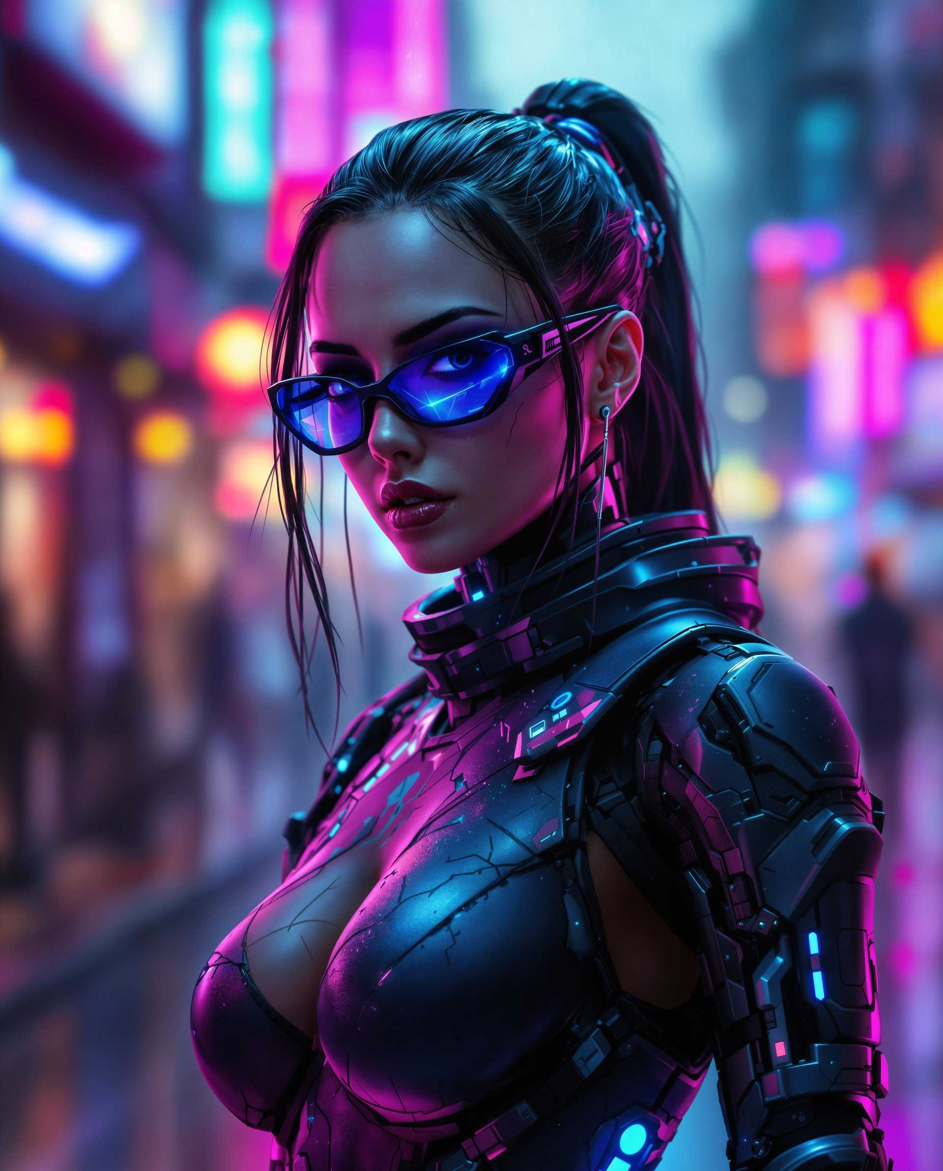 masterpiece, best quality, highres, sharp image, more detail <lora:more_details:0.5> <lora:SDXLrender_v2.0:1>, masterpiece, best quality, highres, sharp image, more detail, This image is a realistic photo (photograph) of a female real person digital artwork that presents a cyberpunkinspired character. The art style is highly stylized with a focus on futuristic elements, cybernetic enhancements, and a gritty, urban atmosphere. The medium appears to be a digital painting, given the smooth gradients, lighting effects, and the absence of brush strokes.The colors in the image are rich and vibrant, with a predominance of purples, blues, and blacks, which are typical of cyberpunk aesthetics. These colors are complemented by neon accents of pink, blue, and red, which add to the overall futuristic and edgy feel of the piece. The lighting is dramatic, with highlights and shadows that give the image a threedimensional quality.The character in the image is wearing a detailed costume that includes a hightech bodysuit with glowing elements, suggesting advanced technology. The bodysuit has a distressed look, with scratches and scuffs, which adds to the cyberpunk vibe. There are also mechanical parts, such as what appears to be a cybernetic arm, which further emphasizes the cybernetic enhancements theme.The character is also wearing a pair of futuristic sunglasses with a blue tint, which matches the overall color scheme of the image. The sunglasses have a sleek, angular design that complements the overall futuristic look.In the background, there is a blurred urban environment with neon signs and rain, which further sets the cyberpunk scene. The raindrops are rendered with a translucent quality, giving the impression of a downpour. The overall effect is one of a dystopian future where technology and urban decay coexist.The objects in the image are primarily the characters costume and accessories, which are the focal points. The cybernetic arm, the bodysuit, and the sunglasses are the most prominent objects, each contributing to the cyberpunk aesthetic. The blurred urban environment in the background is also an important element, setting the scene and providing context for the characters existence.