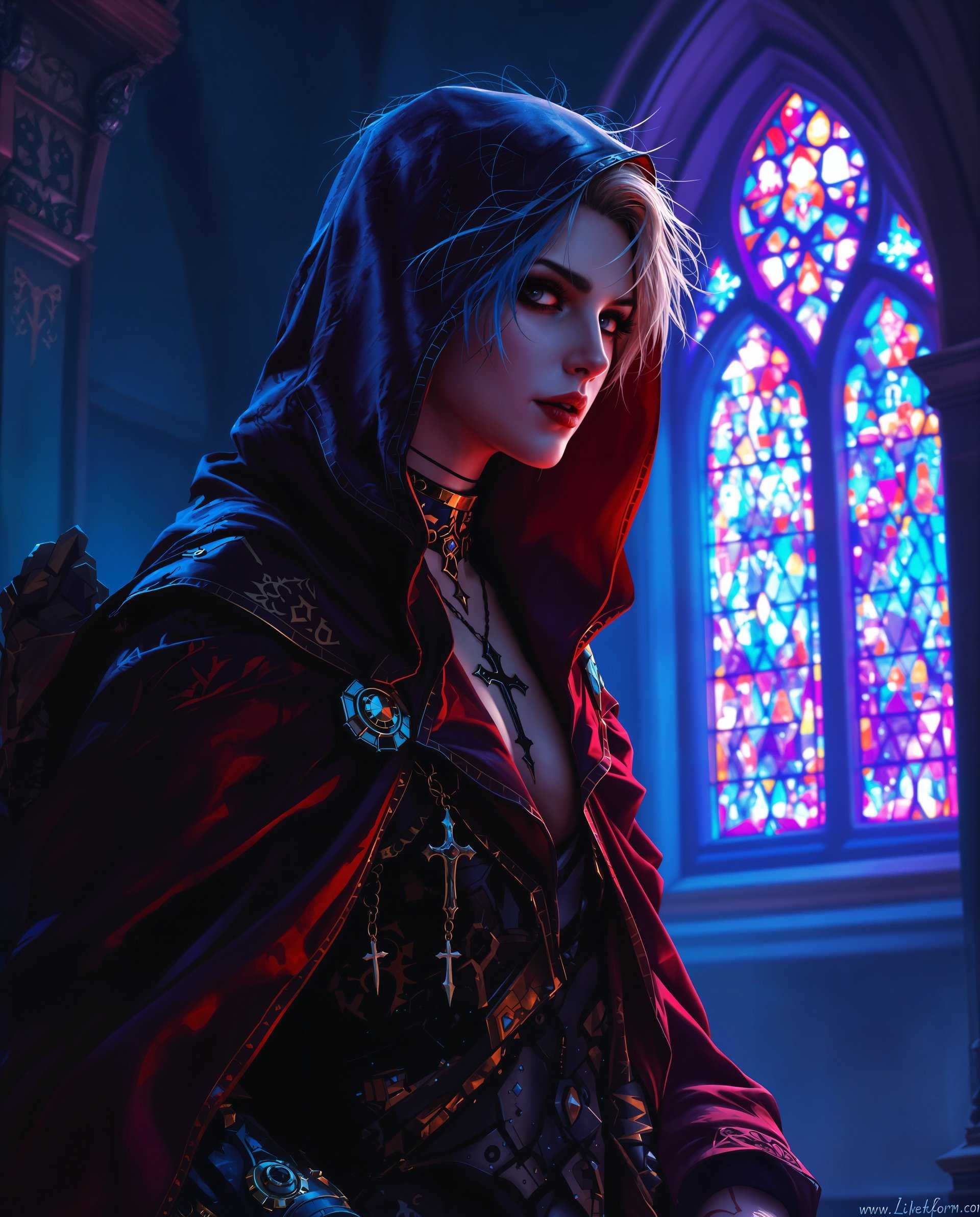 masterpiece, best quality, highres, sharp image, more detail <lora:more_details:0.5> <lora:SDXLrender_v2.0:1>, masterpiece, best quality, highres, sharp image, more detail, This image is a realistic photo (photograph) of a real person digital artwork that presents a figure with a gothic and fantasy influence. The art style is highly stylized with a focus on dramatic lighting and shadow, creating a moody and atmospheric scene. The medium appears to be a digital painting, given the smooth blending of colors and the lack of texture that one might expect from traditional mediums like oil or acrylic paints.The colors in the image are predominantly cool tones, with shades of blue and purple dominating the palette. These colors are complemented by warmer tones of red and orange, which are primarily found in the figures cloak and the stained glass window in the background. The interplay of these colors creates a sense of depth and adds to the overall mystique of the scene.The figure in the image is cloaked in a richly detailed garment that features intricate patterns and textures. The cloak is primarily a deep red with lighter red and gold accents, and it drapes elegantly around the figure, giving the impression of movement and luxury. The figures attire includes a choker with a cross pendant and a necklace with a similar design, reinforcing the gothic theme.The figures skin is depicted with a translucent quality, allowing the underlying structure to be visible, which is a common feature in gothic and fantasy art. The figures hair is a pale blonde with streaks of blue, which matches the overall cool color scheme of the image. The hair is styled in a messy, shaggy manner, adding to the edgy and rebellious feel of the character.The figures right arm is shown, and it is adorned with a mechanical gauntlet that has a complex design with gears and ornamental elements. This gauntlet contrasts with the organic and flowing nature of the cloak, suggesting a blend of technology and mysticism.The background of the image is a dimly lit room with a stained glass window that bathes the scene in a kaleidoscope of light. The light filters through the colored panes, casting vibrant spots of color across the figure and the surrounding environment. The rooms architecture is gothic, with pointed arches and intricate moldings, further emphasizing the fantasy and gothic elements of the artwork.Overall, the image is a richly detailed and atmospheric digital painting that combines gothic and fantasy elements, creating a compelling and mysterious visual narrative.