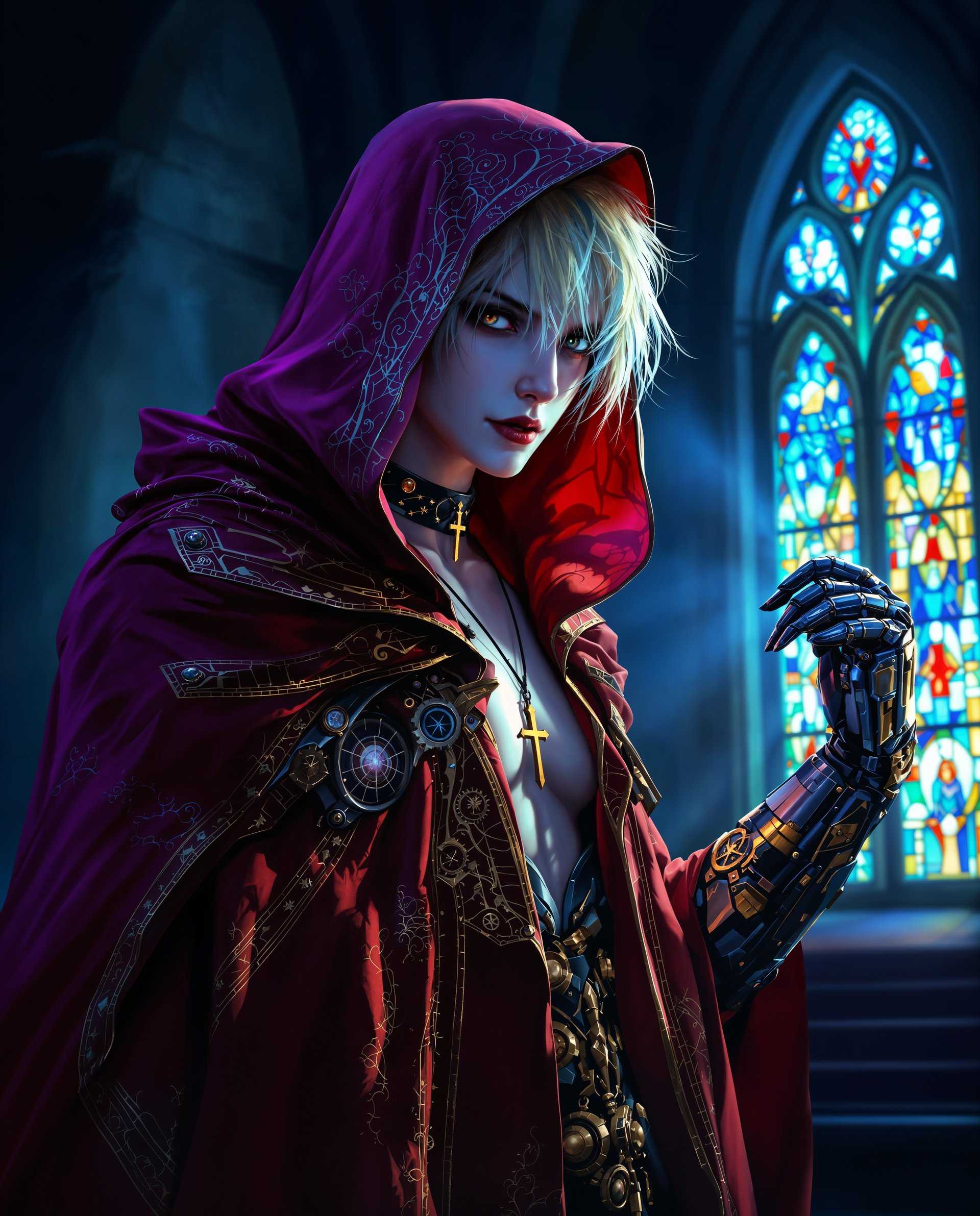 masterpiece, best quality, highres, sharp image, more detail <lora:more_details:0.5> <lora:SDXLrender_v2.0:1>, masterpiece, best quality, highres, sharp image, more detail, This image is a realistic photo (photograph) of a real person digital artwork that presents a figure with a gothic and fantasy influence. The art style is highly stylized with a focus on dramatic lighting and shadow, creating a moody and atmospheric scene. The medium appears to be a digital painting, given the smooth blending of colors and the lack of texture that one might expect from traditional mediums like oil or acrylic paints.The colors in the image are predominantly cool tones, with shades of blue and purple dominating the palette. These colors are complemented by warmer tones of red and orange, which are primarily found in the figures cloak and the stained glass window in the background. The interplay of these colors creates a sense of depth and adds to the overall mystique of the scene.The figure in the image is cloaked in a richly detailed garment that features intricate patterns and textures. The cloak is primarily a deep red with lighter red and gold accents, and it drapes elegantly around the figure, giving the impression of movement and luxury. The figures attire includes a choker with a cross pendant and a necklace with a similar design, reinforcing the gothic theme.The figures skin is depicted with a translucent quality, allowing the underlying structure to be visible, which is a common feature in gothic and fantasy art. The figures hair is a pale blonde with streaks of blue, which matches the overall cool color scheme of the image. The hair is styled in a messy, shaggy manner, adding to the edgy and rebellious feel of the character.The figures right arm is shown, and it is adorned with a mechanical gauntlet that has a complex design with gears and ornamental elements. This gauntlet contrasts with the organic and flowing nature of the cloak, suggesting a blend of technology and mysticism.The background of the image is a dimly lit room with a stained glass window that bathes the scene in a kaleidoscope of light. The light filters through the colored panes, casting vibrant spots of color across the figure and the surrounding environment. The rooms architecture is gothic, with pointed arches and intricate moldings, further emphasizing the fantasy and gothic elements of the artwork.Overall, the image is a richly detailed and atmospheric digital painting that combines gothic and fantasy elements, creating a compelling and mysterious visual narrative.