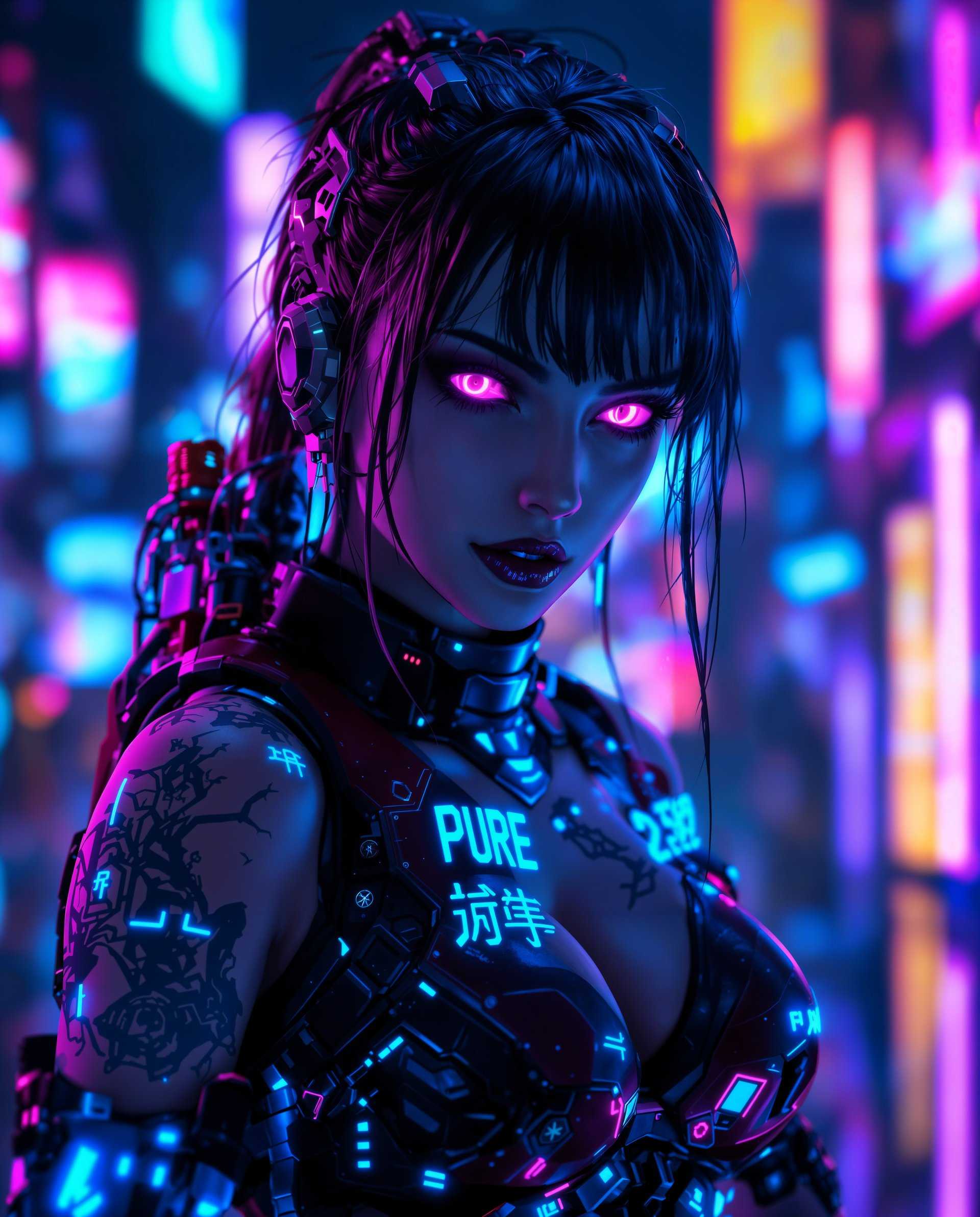 masterpiece, best quality, highres, sharp image, more detail <lora:more_details:0.5> <lora:SDXLrender_v2.0:1>, masterpiece, best quality, highres, sharp image, more detail, This image is a realistic photo (photograph) of a female real person digital artwork that presents a cyberpunkinspired character. The art style is highly stylized with a focus on futuristic elements, detailed textures, and a rich color palette that creates a dramatic and intense atmosphere.Medium The artwork is a digital creation, likely crafted using 3D modeling and texturing software, combined with postprocessing techniques to achieve the final image. The lighting and effects are carefully applied to give the image a cinematic quality.Colors The color scheme is vibrant and dynamic, with a predominance of blues and purples that give the image a neonlit, nighttime feel. There are also accents of red and black, which add contrast and emphasize the cybernetic and mechanical elements of the characters attire and accessories.Objects in the Image1. The Character The central figure is a humanoid with cybernetic enhancements, including mechanical eyes that glow with a neon pink hue. The hair is dark and appears to be made of a synthetic material, with strands highlighted by blue neon lights. The skin has a realistic texture with a slight sheen, indicating a combination of human and synthetic materials.2. Armor and Clothing The character is dressed in a sleek, formfitting outfit that suggests a mix of hightech armor and fashion. The armor has a glossy finish with red and black detailing, and the seams are highlighted with neon lights. There are also glowing symbols and patterns on the armor, which could represent a form of communication or status.3. Sword The character is holding a sword with a red and black hilt, which has a futuristic design with glowing accents. The blade is not visible, but the hilt suggests a hightech weapon, possibly with energy or laser capabilities.4. Tattoos The character has intricate tattoos on their skin, which are illuminated by neon blue light. The tattoos are detailed and appear to be a mix of traditional and cyberpunkinspired designs, with symbols and patterns that could be significant to the characters backstory or identity.5. Background The background is a blur of neon lights and digital screens, creating a sense of a bustling, hightech cityscape. The lights are primarily blue and purple, with red and yellow accents, and the reflections on the surfaces give the impression of a wet or misty environment.Overall, the image is a powerful representation of cyberpunk aesthetics, combining futuristic technology with a gritty, urban atmosphere. The attention to detail in the characters design and the surrounding environment showcases the artists skill in creating a compelling and immersive digital artwork.
