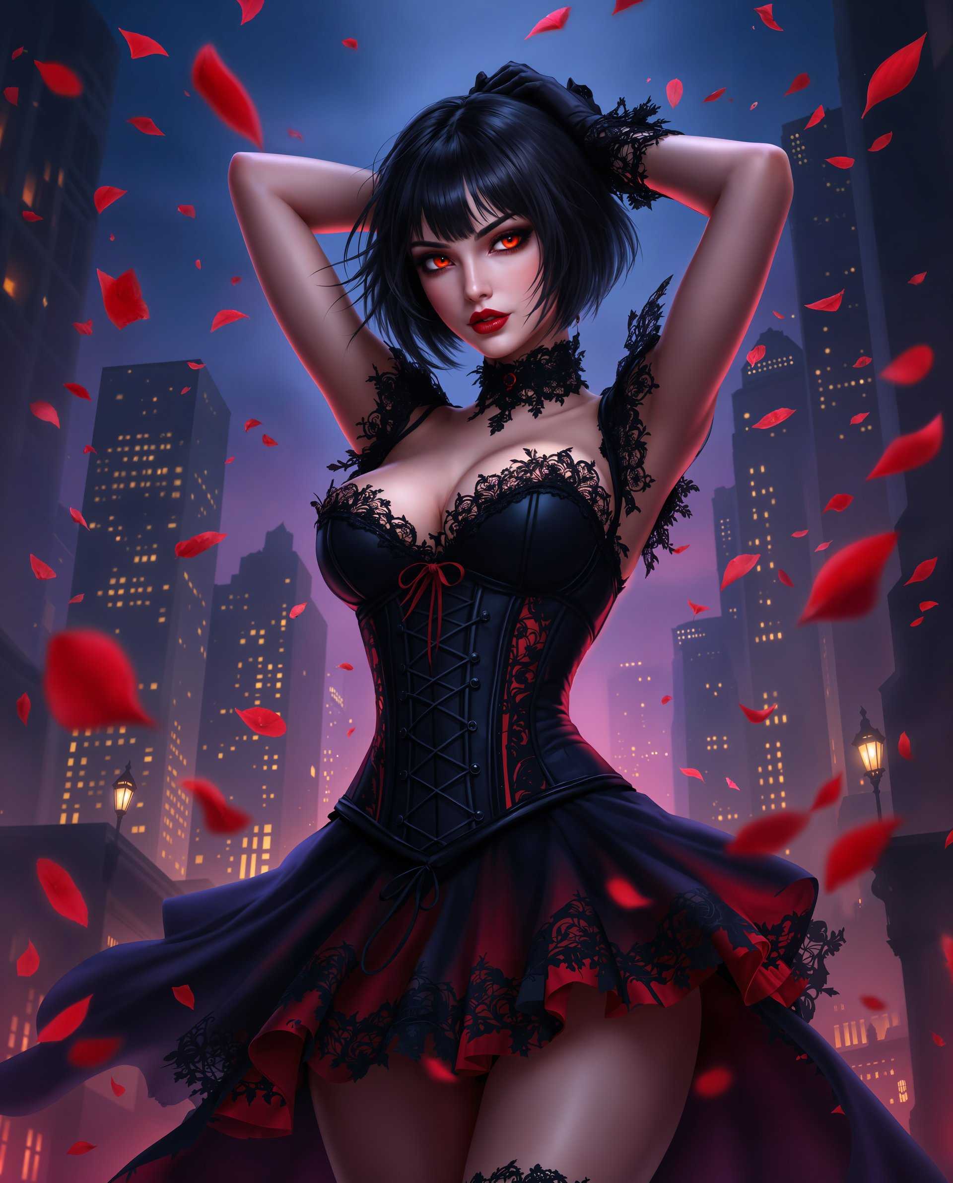 masterpiece, best quality, highres, sharp image, more detail <lora:more_details:0.5> <lora:SDXLrender_v2.0:1>, masterpiece, best quality, highres, sharp image, more detail, This image is a realistic photo (photograph) of a female real person digital artwork that exudes a gothic and fantastical vibe. The art style is reminiscent of Western fantasy, characterized by its detailed line work, smooth shading, and the use of vibrant colors. The medium appears to be a digital painting, given the seamless blending of colors and the lack of texture that might be present in a traditional painting.The colors in the image are rich and dynamic, with a predominance of deep blues and purples that create a moody and atmospheric setting. These are contrasted with bright reds and oranges, which add warmth and a sense of energy to the scene. The interplay of light and shadow is masterfully executed, with highlights and shadows that give depth and dimension to the characters and objects.The central figure is a female character dressed in a gothicinspired outfit. Her attire consists of a corset with a black and red color scheme, detailed with lace and ruffles. The corset is cinched at the waist, accentuating the figures silhouette, and is paired with a skirt that flares out at the hem, also in black and red with lace detailing. The skirt is held up by a pair of black stockings with lace detailing at the top, and she wears black gloves with lace cuffs.The characters hair is short and dark, with a few strands falling over her face, and her eyes are a striking red, which adds to the gothic aesthetic. Her expression is one of confidence and defiance, and her pose is dynamic, with one arm raised behind her head and the other extended to the side, as if caught in the midst of movement.The background of the image is a blend of urban and fantastical elements. It features a cityscape with tall, illuminated buildings that suggest a nighttime setting. The city is filled with flying petals, which could be interpreted as a romantic or melancholic scene, depending on the context. The petals are a bright red, matching the color of the characters outfit, and they float against the dark blue and purple backdrop, adding to the dreamlike quality of the scene.Overall, the image is a rich tapestry of color, light, and form, creating a compelling and immersive visual experience.
