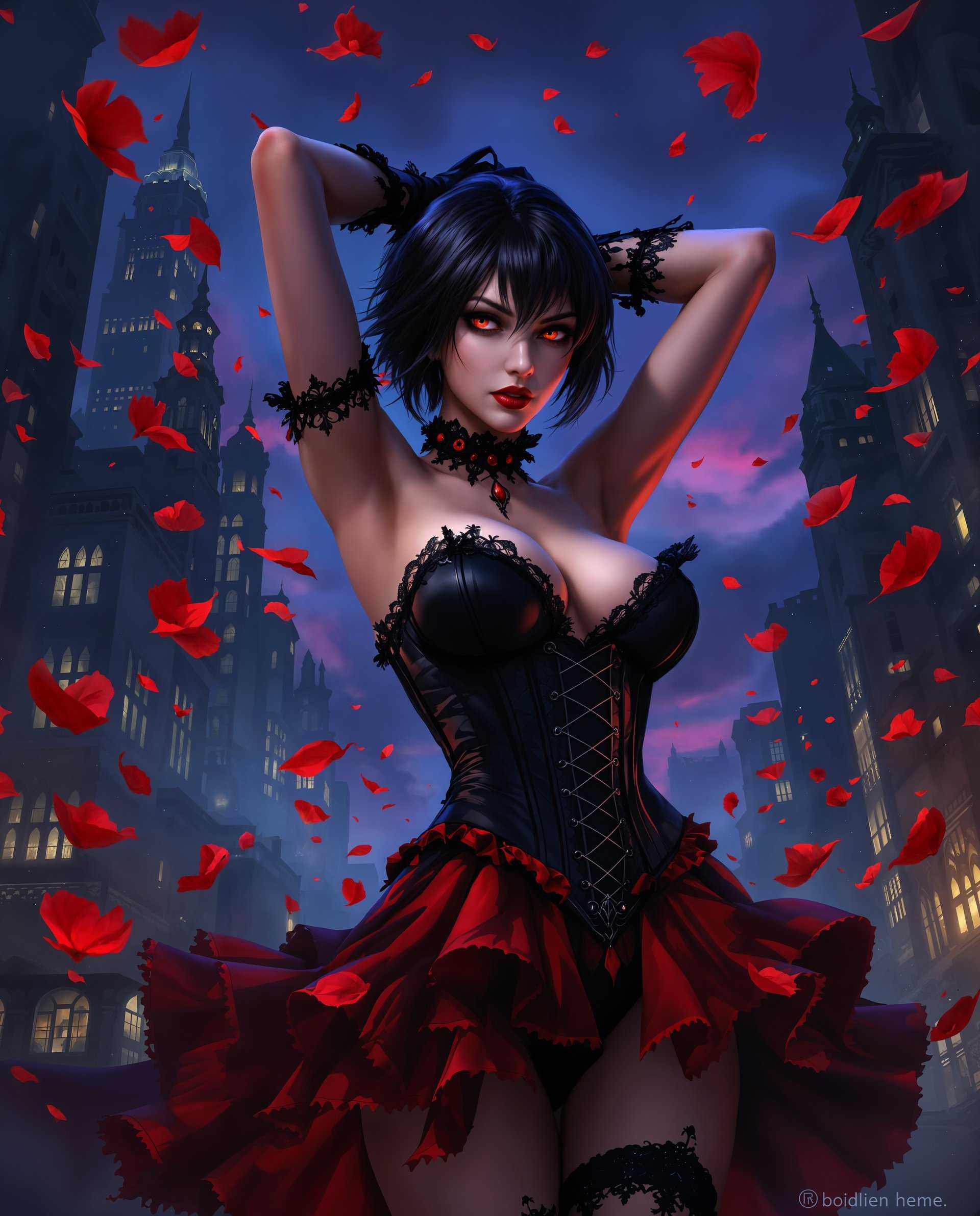 masterpiece, best quality, highres, sharp image, more detail <lora:more_details:0.5> <lora:SDXLrender_v2.0:1>, masterpiece, best quality, highres, sharp image, more detail, This image is a realistic photo (photograph) of a female real person digital artwork that exudes a gothic and fantastical vibe. The art style is reminiscent of Western fantasy, characterized by its detailed line work, smooth shading, and the use of vibrant colors. The medium appears to be a digital painting, given the seamless blending of colors and the lack of texture that might be present in a traditional painting.The colors in the image are rich and dynamic, with a predominance of deep blues and purples that create a moody and atmospheric setting. These are contrasted with bright reds and oranges, which add warmth and a sense of energy to the scene. The interplay of light and shadow is masterfully executed, with highlights and shadows that give depth and dimension to the characters and objects.The central figure is a female character dressed in a gothicinspired outfit. Her attire consists of a corset with a black and red color scheme, detailed with lace and ruffles. The corset is cinched at the waist, accentuating the figures silhouette, and is paired with a skirt that flares out at the hem, also in black and red with lace detailing. The skirt is held up by a pair of black stockings with lace detailing at the top, and she wears black gloves with lace cuffs.The characters hair is short and dark, with a few strands falling over her face, and her eyes are a striking red, which adds to the gothic aesthetic. Her expression is one of confidence and defiance, and her pose is dynamic, with one arm raised behind her head and the other extended to the side, as if caught in the midst of movement.The background of the image is a blend of urban and fantastical elements. It features a cityscape with tall, illuminated buildings that suggest a nighttime setting. The city is filled with flying petals, which could be interpreted as a romantic or melancholic scene, depending on the context. The petals are a bright red, matching the color of the characters outfit, and they float against the dark blue and purple backdrop, adding to the dreamlike quality of the scene.Overall, the image is a rich tapestry of color, light, and form, creating a compelling and immersive visual experience.