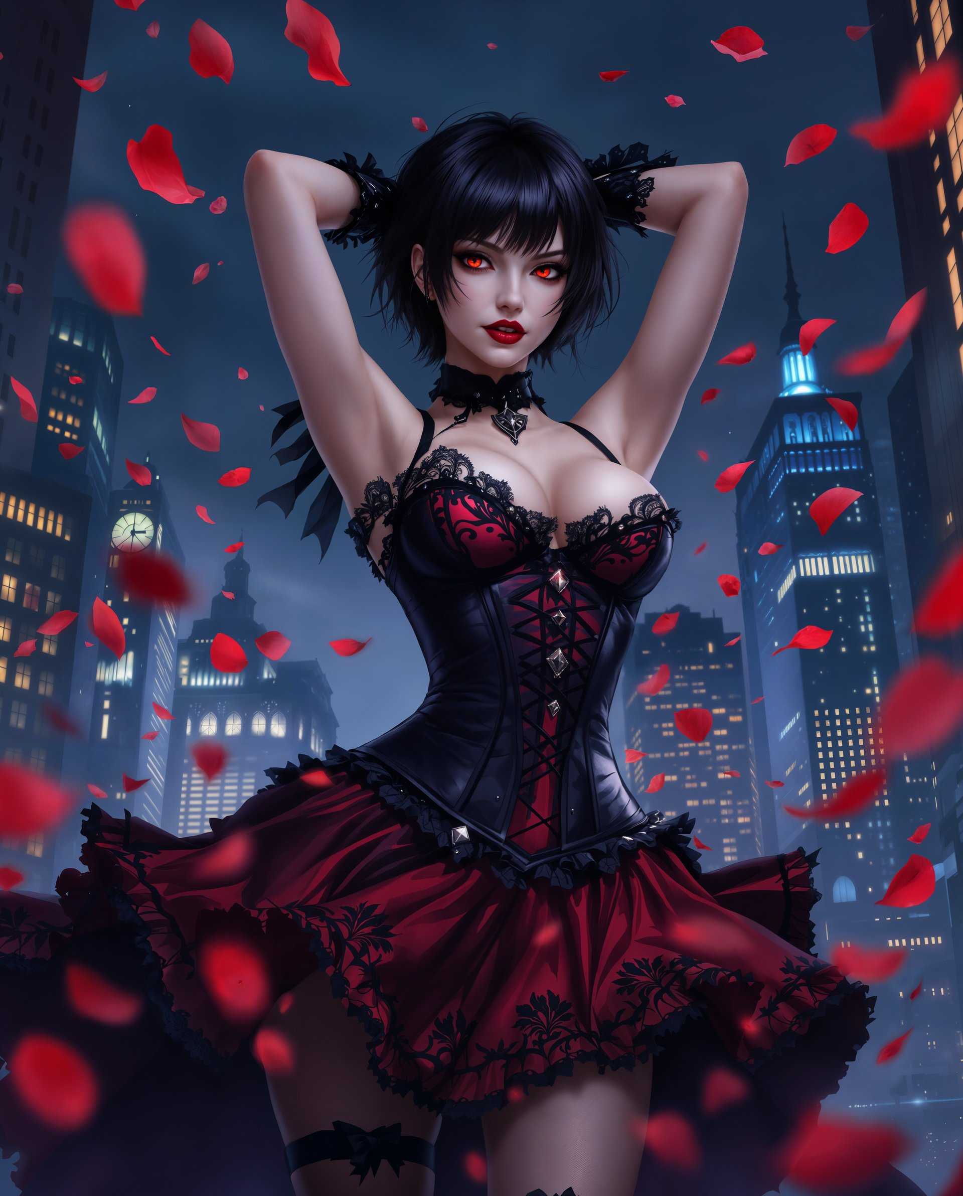 masterpiece, best quality, highres, sharp image, more detail <lora:more_details:0.5> <lora:SDXLrender_v2.0:1>, masterpiece, best quality, highres, sharp image, more detail, This image is a realistic photo (photograph) of a female real person digital artwork that exudes a gothic and fantastical vibe. The medium appears to be a digital painting, given the seamless blending of colors and the lack of texture that might be present in a traditional painting.The colors in the image are rich and dynamic, with a predominance of deep blues and purples that create a moody and atmospheric setting. These are contrasted with bright reds and oranges, which add warmth and a sense of energy to the scene. The interplay of light and shadow is masterfully executed, with highlights and shadows that give depth and dimension to the characters and objects.The central figure is a female character dressed in a gothicinspired outfit. Her attire consists of a corset with a black and red color scheme, detailed with lace and ruffles. The corset is cinched at the waist, accentuating the figures silhouette, and is paired with a skirt that flares out at the hem, also in black and red with lace detailing. The skirt is held up by a pair of black stockings with lace detailing at the top, and she wears black gloves with lace cuffs.The characters hair is short and dark, with a few strands falling over her face, and her eyes are a striking red, which adds to the gothic aesthetic. Her expression is one of confidence and defiance, and her pose is dynamic, with one arm raised behind her head and the other extended to the side, as if caught in the midst of movement.The background of the image is a blend of urban and fantastical elements. It features a cityscape with tall, illuminated buildings that suggest a nighttime setting. The city is filled with flying petals, which could be interpreted as a romantic or melancholic scene, depending on the context. The petals are a bright red, matching the color of the characters outfit, and they float against the dark blue and purple backdrop, adding to the dreamlike quality of the scene.Overall, the image is a rich tapestry of color, light, and form, creating a compelling and immersive visual experience.