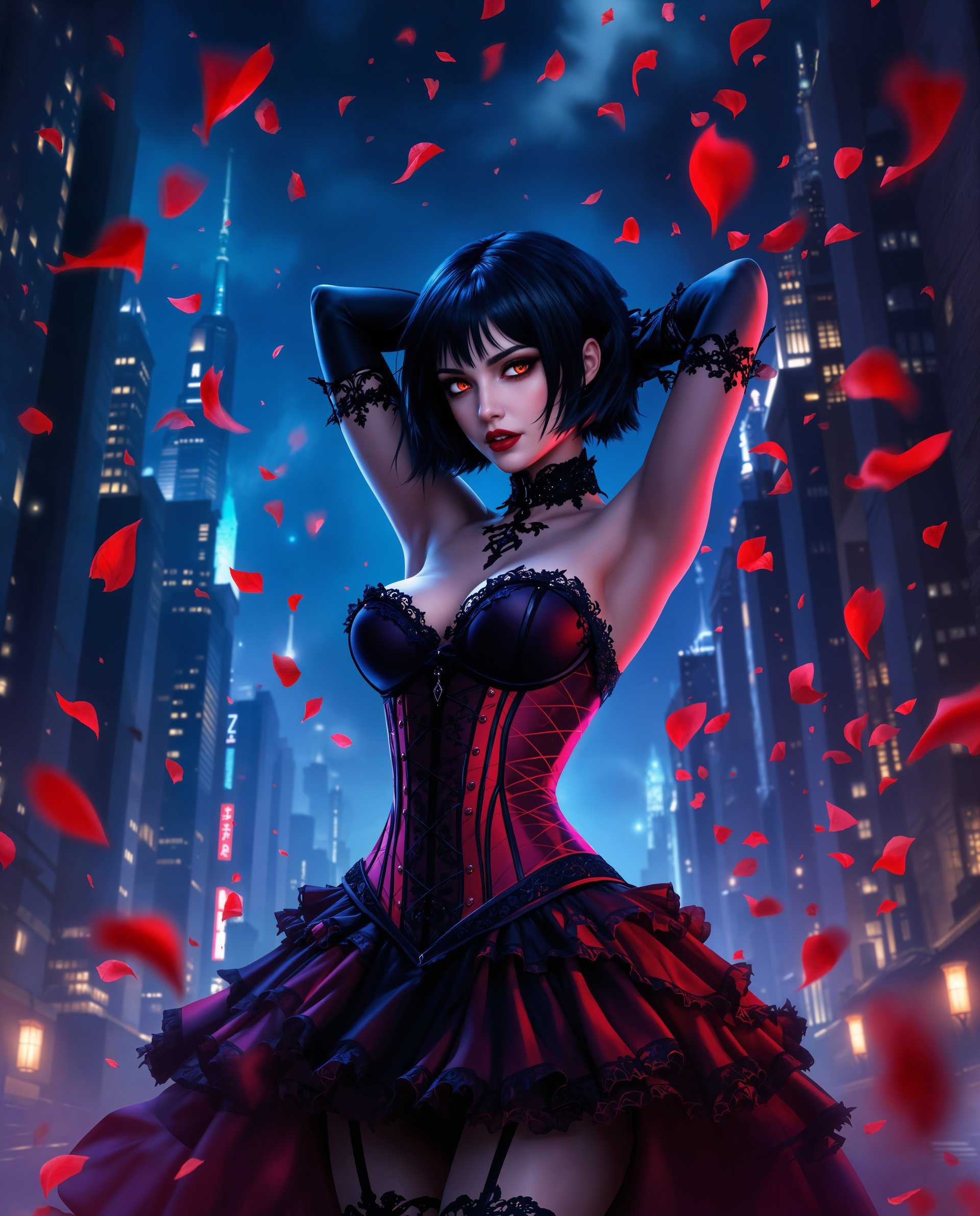 masterpiece, best quality, highres, sharp image, more detail <lora:more_details:0.5> <lora:SDXLrender_v2.0:1>, masterpiece, best quality, highres, sharp image, more detail, This image is a realistic photo (photograph) of a female real person digital artwork that exudes a gothic and fantastical vibe. The medium appears to be a digital painting, given the seamless blending of colors and the lack of texture that might be present in a traditional painting.The colors in the image are rich and dynamic, with a predominance of deep blues and purples that create a moody and atmospheric setting. These are contrasted with bright reds and oranges, which add warmth and a sense of energy to the scene. The interplay of light and shadow is masterfully executed, with highlights and shadows that give depth and dimension to the characters and objects.The central figure is a female character dressed in a gothicinspired outfit. Her attire consists of a corset with a black and red color scheme, detailed with lace and ruffles. The corset is cinched at the waist, accentuating the figures silhouette, and is paired with a skirt that flares out at the hem, also in black and red with lace detailing. The skirt is held up by a pair of black stockings with lace detailing at the top, and she wears black gloves with lace cuffs.The characters hair is short and dark, with a few strands falling over her face, and her eyes are a striking red, which adds to the gothic aesthetic. Her expression is one of confidence and defiance, and her pose is dynamic, with one arm raised behind her head and the other extended to the side, as if caught in the midst of movement.The background of the image is a blend of urban and fantastical elements. It features a cityscape with tall, illuminated buildings that suggest a nighttime setting. The city is filled with flying petals, which could be interpreted as a romantic or melancholic scene, depending on the context. The petals are a bright red, matching the color of the characters outfit, and they float against the dark blue and purple backdrop, adding to the dreamlike quality of the scene.Overall, the image is a rich tapestry of color, light, and form, creating a compelling and immersive visual experience.