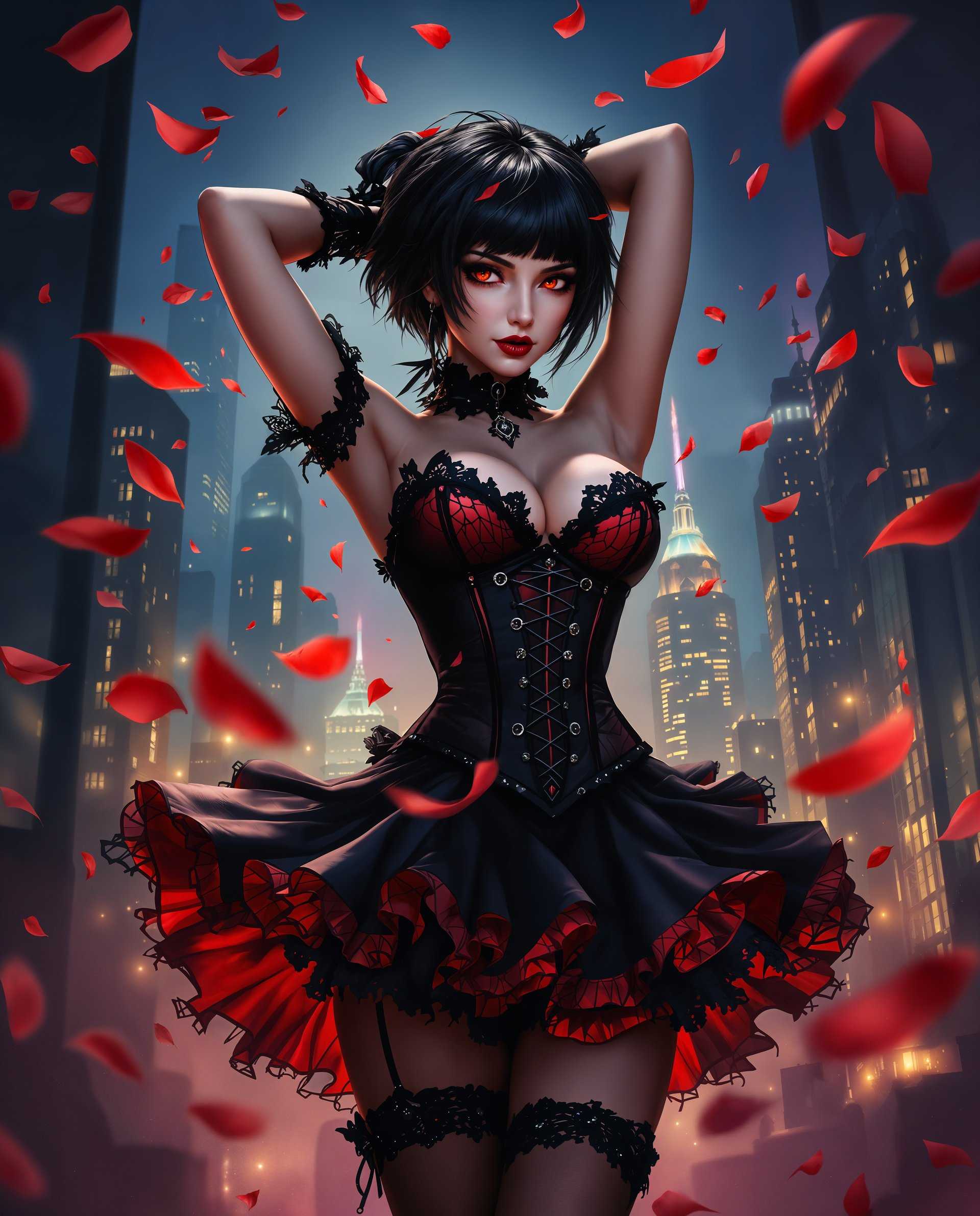 masterpiece, best quality, highres, sharp image, more detail <lora:more_details:0.5> <lora:SDXLrender_v2.0:1>, masterpiece, best quality, highres, sharp image, more detail, This image is a realistic photo (photograph) of a female real person digital artwork that exudes a gothic and fantastical vibe. The medium appears to be a digital painting, given the seamless blending of colors and the lack of texture that might be present in a traditional painting.The colors in the image are rich and dynamic, with a predominance of deep blues and purples that create a moody and atmospheric setting. These are contrasted with bright reds and oranges, which add warmth and a sense of energy to the scene. The interplay of light and shadow is masterfully executed, with highlights and shadows that give depth and dimension to the characters and objects.The central figure is a female character dressed in a gothicinspired outfit. Her attire consists of a corset with a black and red color scheme, detailed with lace and ruffles. The corset is cinched at the waist, accentuating the figures silhouette, and is paired with a skirt that flares out at the hem, also in black and red with lace detailing. The skirt is held up by a pair of black stockings with lace detailing at the top, and she wears black gloves with lace cuffs.The characters hair is short and dark, with a few strands falling over her face, and her eyes are a striking red, which adds to the gothic aesthetic. Her expression is one of confidence and defiance, and her pose is dynamic, with one arm raised behind her head and the other extended to the side, as if caught in the midst of movement.The background of the image is a blend of urban and fantastical elements. It features a cityscape with tall, illuminated buildings that suggest a nighttime setting. The city is filled with flying petals, which could be interpreted as a romantic or melancholic scene, depending on the context. The petals are a bright red, matching the color of the characters outfit, and they float against the dark blue and purple backdrop, adding to the dreamlike quality of the scene.Overall, the image is a rich tapestry of color, light, and form, creating a compelling and immersive visual experience.