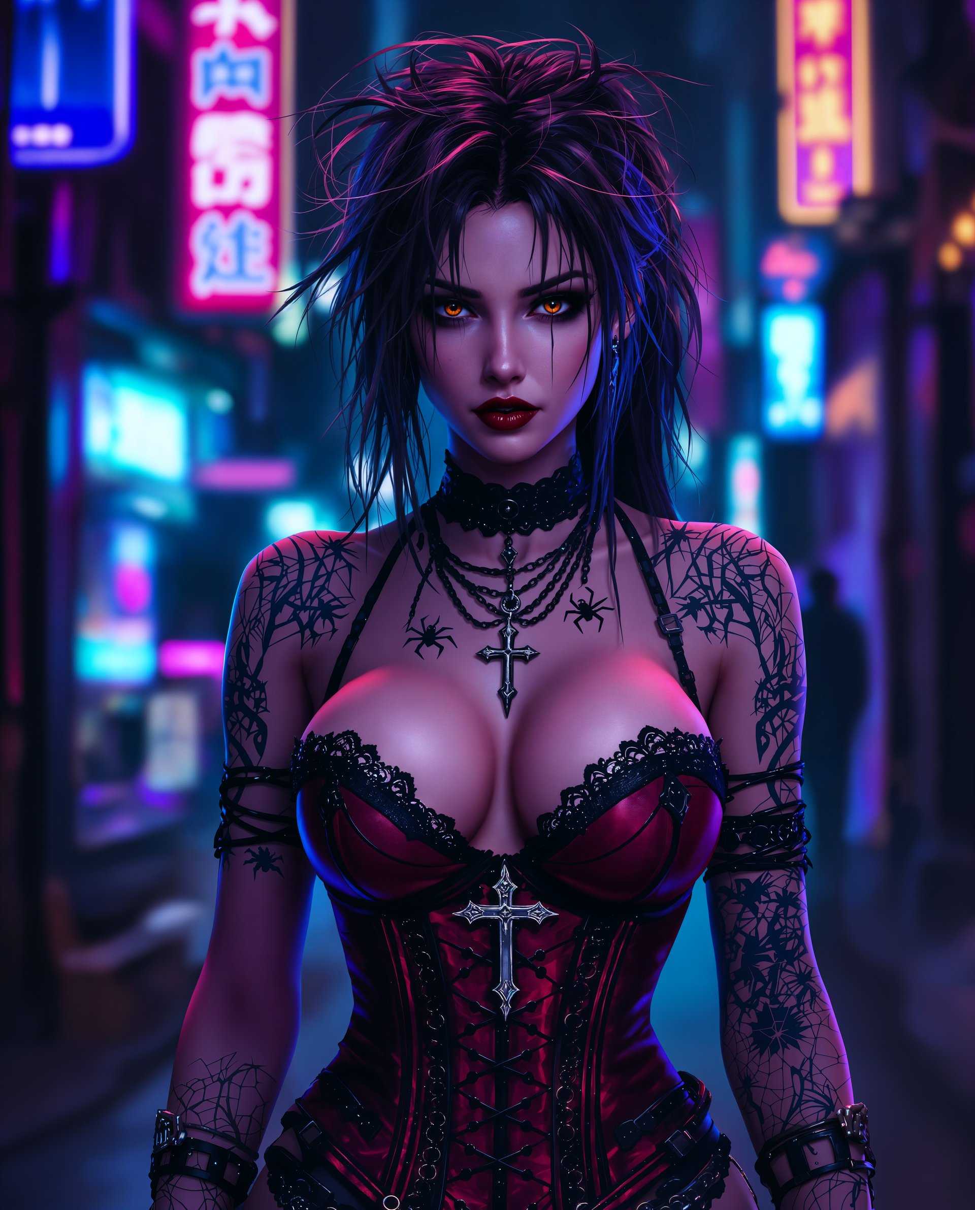 masterpiece, best quality, highres, sharp image, more detail <lora:more_details:0.5> <lora:SDXLrender_v2.0:1>, masterpiece, best quality, highres, sharp image, more detail, This image is a realistic photo (photograph) of a female real person digital artwork that features a character with a gothic and cyberpunk aesthetic. The art style is highly detailed and stylized, with a focus on intricate textures and patterns. The medium appears to be a digital painting, given the smooth blending of colors and the lack of brush strokes.The colors in the image are rich and vibrant, with a predominance of purples, blues, and reds. These colors create a moody and atmospheric effect, enhancing the gothic feel of the artwork. The lighting is dramatic, with deep shadows and highlights that give the character a threedimensional appearance.The character is adorned in a detailed costume that includes a corset with a cross pendant, lace, and chains. The corset is red with black detailing and has a high neckline and a lowcut front. The characters arms are covered in tattoos that resemble spider webs, and they are wearing various bracelets and rings. The hair is styled in a messy, edgy fashion, with strands sticking out in different directions.The background of the image is a blend of neon lights and urban elements, suggesting a nighttime cityscape. The lights are in shades of blue and purple, with some red accents, contributing to the cyberpunk vibe of the artwork. The overall composition of the image is dynamic and attentiongrabbing, with the character taking center stage against the backdrop of the neonlit city.