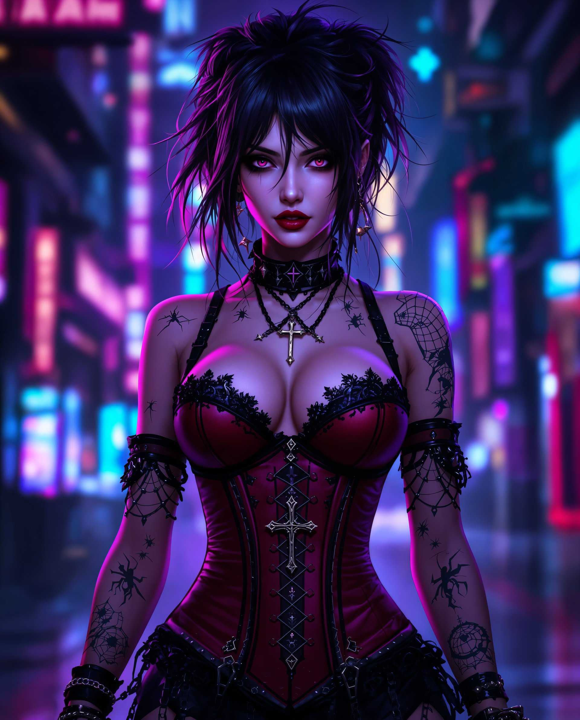 masterpiece, best quality, highres, sharp image, more detail <lora:more_details:0.5> <lora:SDXLrender_v2.0:1>, masterpiece, best quality, highres, sharp image, more detail, This image is a realistic photo (photograph) of a female real person digital artwork that features a character with a gothic and cyberpunk aesthetic. The art style is highly detailed and stylized, with a focus on intricate textures and patterns. The medium appears to be a digital painting, given the smooth blending of colors and the lack of brush strokes.The colors in the image are rich and vibrant, with a predominance of purples, blues, and reds. These colors create a moody and atmospheric effect, enhancing the gothic feel of the artwork. The lighting is dramatic, with deep shadows and highlights that give the character a threedimensional appearance.The character is adorned in a detailed costume that includes a corset with a cross pendant, lace, and chains. The corset is red with black detailing and has a high neckline and a lowcut front. The characters arms are covered in tattoos that resemble spider webs, and they are wearing various bracelets and rings. The hair is styled in a messy, edgy fashion, with strands sticking out in different directions.The background of the image is a blend of neon lights and urban elements, suggesting a nighttime cityscape. The lights are in shades of blue and purple, with some red accents, contributing to the cyberpunk vibe of the artwork. The overall composition of the image is dynamic and attentiongrabbing, with the character taking center stage against the backdrop of the neonlit city.