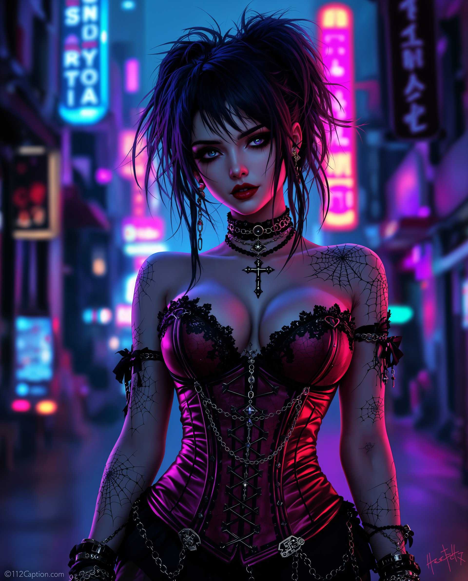 masterpiece, best quality, highres, sharp image, more detail <lora:more_details:0.5> <lora:SDXLrender_v2.0:1>, masterpiece, best quality, highres, sharp image, more detail, This image is a realistic photo (photograph) of a female real person digital artwork that features a character with a gothic and cyberpunk aesthetic. The art style is highly detailed and stylized, with a focus on intricate textures and patterns. The medium appears to be a digital painting, given the smooth blending of colors and the lack of brush strokes.The colors in the image are rich and vibrant, with a predominance of purples, blues, and reds. These colors create a moody and atmospheric effect, enhancing the gothic feel of the artwork. The lighting is dramatic, with deep shadows and highlights that give the character a threedimensional appearance.The character is adorned in a detailed costume that includes a corset with a cross pendant, lace, and chains. The corset is red with black detailing and has a high neckline and a lowcut front. The characters arms are covered in tattoos that resemble spider webs, and they are wearing various bracelets and rings. The hair is styled in a messy, edgy fashion, with strands sticking out in different directions.The background of the image is a blend of neon lights and urban elements, suggesting a nighttime cityscape. The lights are in shades of blue and purple, with some red accents, contributing to the cyberpunk vibe of the artwork. The overall composition of the image is dynamic and attentiongrabbing, with the character taking center stage against the backdrop of the neonlit city.