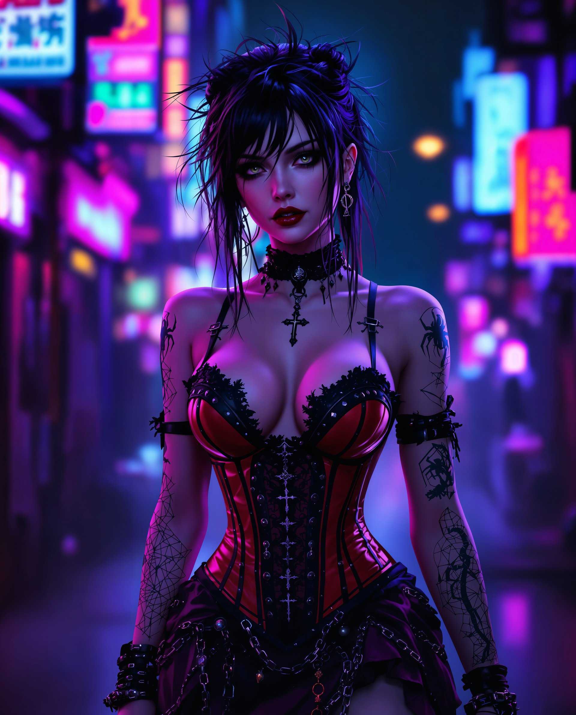 masterpiece, best quality, highres, sharp image, more detail <lora:more_details:0.5> <lora:SDXLrender_v2.0:1>, masterpiece, best quality, highres, sharp image, more detail, This image is a realistic photo (photograph) of a female real person digital artwork that features a character with a gothic and cyberpunk aesthetic. The art style is highly detailed and stylized, with a focus on intricate textures and patterns. The medium appears to be a digital painting, given the smooth blending of colors and the lack of brush strokes.The colors in the image are rich and vibrant, with a predominance of purples, blues, and reds. These colors create a moody and atmospheric effect, enhancing the gothic feel of the artwork. The lighting is dramatic, with deep shadows and highlights that give the character a threedimensional appearance.The character is adorned in a detailed costume that includes a corset with a cross pendant, lace, and chains. The corset is red with black detailing and has a high neckline and a lowcut front. The characters arms are covered in tattoos that resemble spider webs, and they are wearing various bracelets and rings. The hair is styled in a messy, edgy fashion, with strands sticking out in different directions.The background of the image is a blend of neon lights and urban elements, suggesting a nighttime cityscape. The lights are in shades of blue and purple, with some red accents, contributing to the cyberpunk vibe of the artwork. The overall composition of the image is dynamic and attentiongrabbing, with the character taking center stage against the backdrop of the neonlit city.