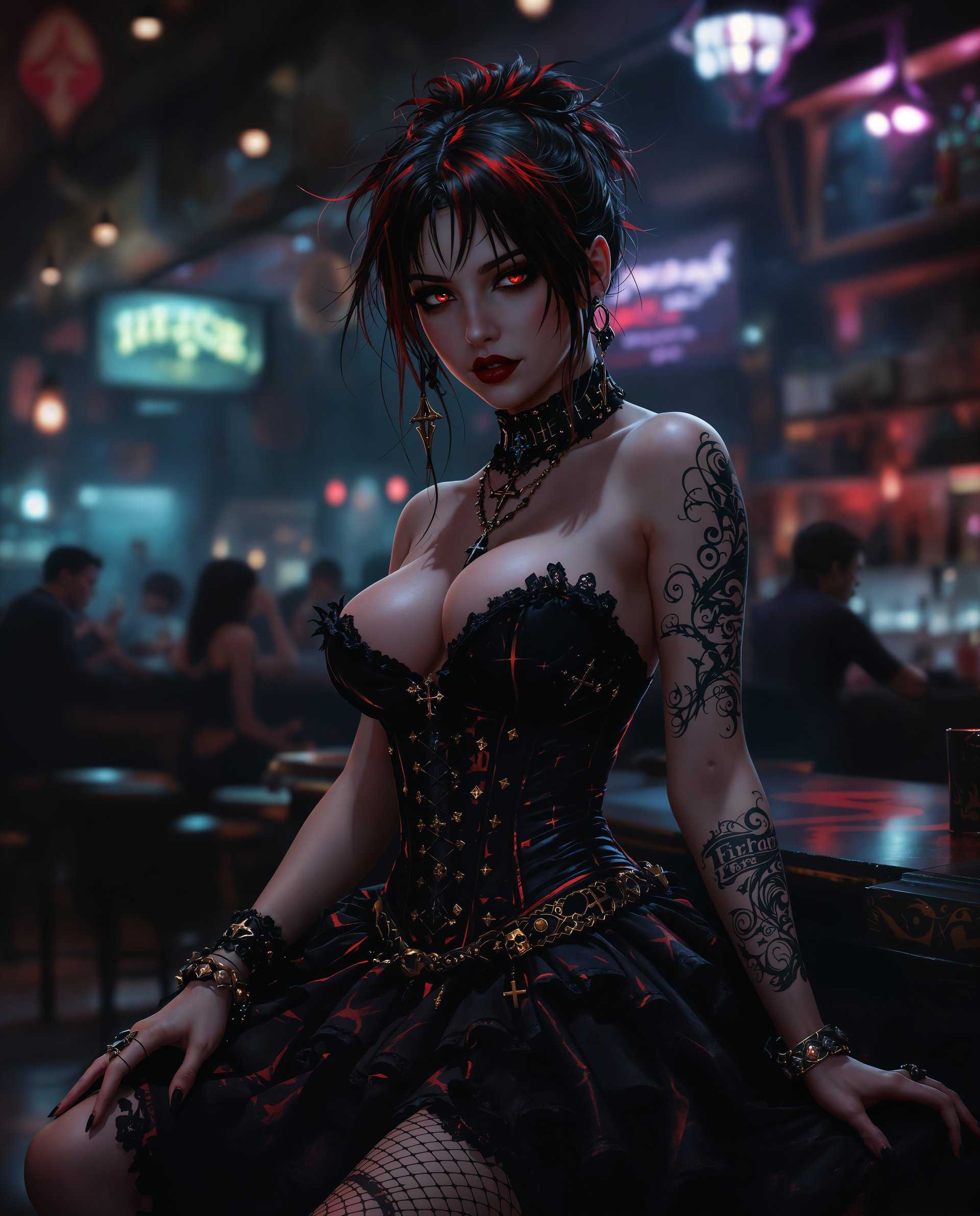 masterpiece, best quality, highres, sharp image, more detail <lora:more_details:0.5> <lora:SDXLrender_v2.0:1>, masterpiece, best quality, highres, sharp image, more detail, This image is a realistic photo (photograph) of a female real person digital artwork that features a character in a gothicinspired outfit, set against a backdrop that resembles a bar or club. The art style is highly stylized with a focus on dramatic lighting and shadow, giving the image a cinematic and almost surreal quality.The medium appears to be a digital painting, utilizing advanced software to create the intricate details and textures. The colors are rich and vibrant, with a predominance of deep reds, blacks, and metallics, which contribute to the dark and moody atmosphere of the piece. There are also touches of purples and blues, which add depth and contrast to the color scheme.The character is the focal point of the image, dressed in a detailed costume that includes a corset with lace and ruffles, a fitted bodice with a high neckline, and a flared skirt with a similar gothic design. The outfit is accessorized with various pieces of jewelry, including necklaces, bracelets, and rings, all featuring gothic motifs such as crosses and skulls. The characters hair is styled in a messy, edgy fashion, with strands sticking out in different directions, and there are hints of red highlights that match the color of the costume.The tattoo on the characters right arm is intricate and detailed, with swirling patterns and what appears to be script or text. The tattoo is a significant element of the characters design, adding to the gothic aesthetic.The background of the image is a dimly lit bar or club, with patrons engaged in various activities. The lighting is dramatic, with bright spots of light that illuminate the character and create a stark contrast with the darker surroundings. The bar counter, stools, and bottles contribute to the setting, while the blurred figures in the background add a sense of depth and movement to the scene.Overall, the image is a compelling blend of gothic fashion and a moody, atmospheric setting, with a focus on dramatic lighting and shadow to create a sense of depth and intrigue.