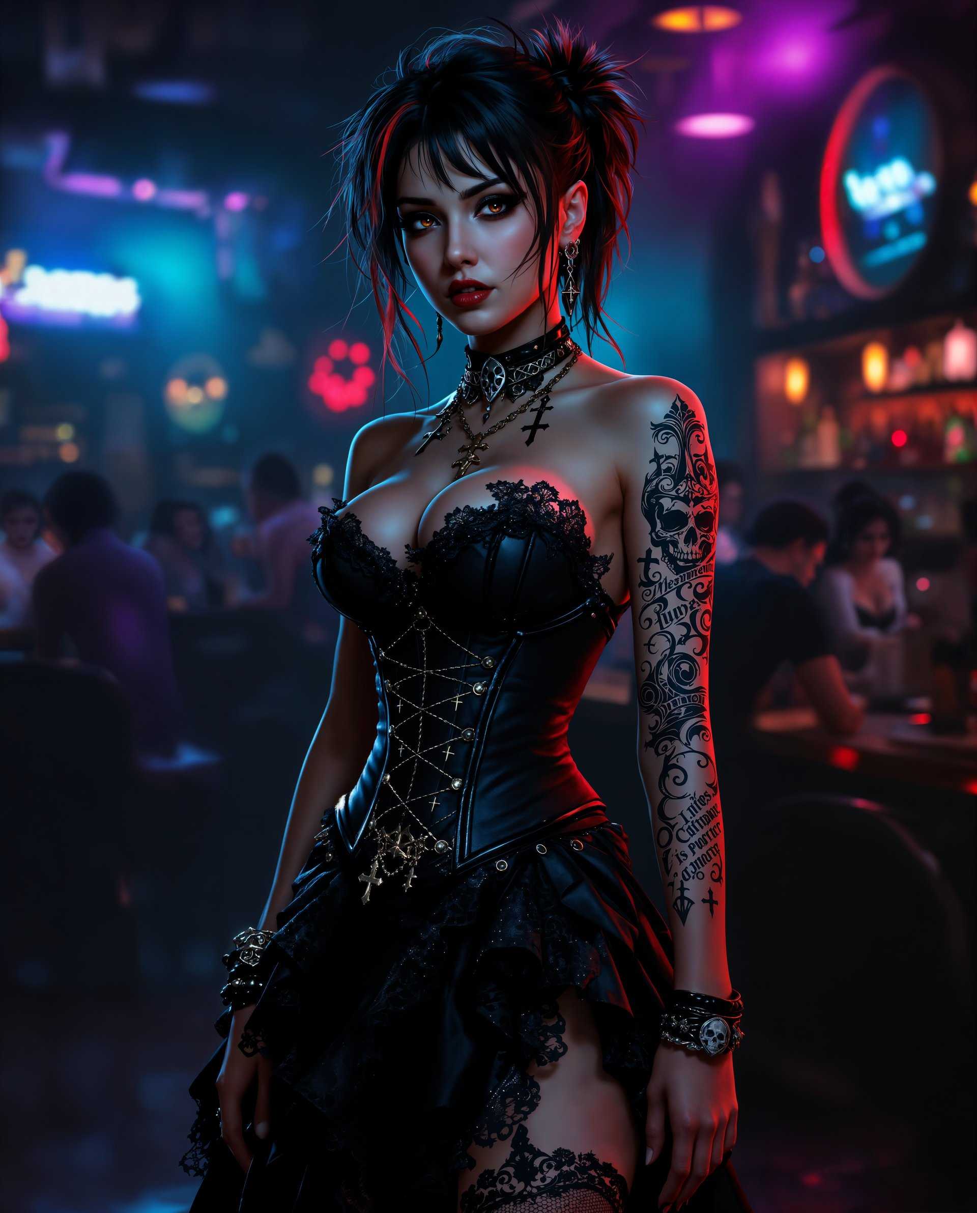 masterpiece, best quality, highres, sharp image, more detail <lora:more_details:0.5> <lora:SDXLrender_v2.0:1>, masterpiece, best quality, highres, sharp image, more detail, This image is a realistic photo (photograph) of a female real person digital artwork that features a character in a gothicinspired outfit, set against a backdrop that resembles a bar or club. The art style is highly stylized with a focus on dramatic lighting and shadow, giving the image a cinematic and almost surreal quality.The medium appears to be a digital painting, utilizing advanced software to create the intricate details and textures. The colors are rich and vibrant, with a predominance of deep reds, blacks, and metallics, which contribute to the dark and moody atmosphere of the piece. There are also touches of purples and blues, which add depth and contrast to the color scheme.The character is the focal point of the image, dressed in a detailed costume that includes a corset with lace and ruffles, a fitted bodice with a high neckline, and a flared skirt with a similar gothic design. The outfit is accessorized with various pieces of jewelry, including necklaces, bracelets, and rings, all featuring gothic motifs such as crosses and skulls. The characters hair is styled in a messy, edgy fashion, with strands sticking out in different directions, and there are hints of red highlights that match the color of the costume.The tattoo on the characters right arm is intricate and detailed, with swirling patterns and what appears to be script or text. The tattoo is a significant element of the characters design, adding to the gothic aesthetic.The background of the image is a dimly lit bar or club, with patrons engaged in various activities. The lighting is dramatic, with bright spots of light that illuminate the character and create a stark contrast with the darker surroundings. The bar counter, stools, and bottles contribute to the setting, while the blurred figures in the background add a sense of depth and movement to the scene.Overall, the image is a compelling blend of gothic fashion and a moody, atmospheric setting, with a focus on dramatic lighting and shadow to create a sense of depth and intrigue.