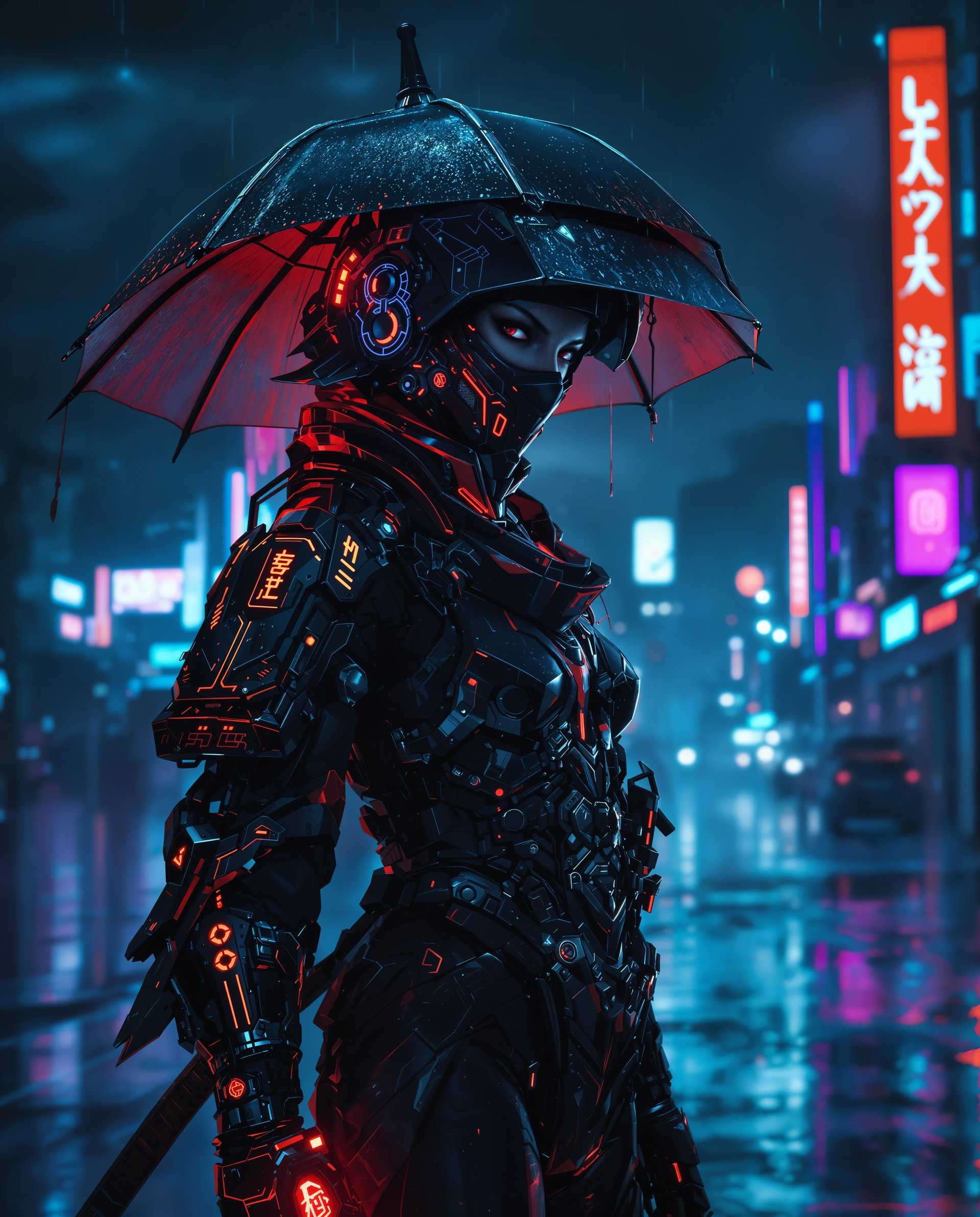 masterpiece, best quality, highres, sharp image, more detail <lora:more_details:0.5> <lora:SDXLrender_v2.0:1>, masterpiece, best quality, highres, sharp image, more detail, This image is a realistic photo (photograph) of a female real person digital artwork that presents a character in a cyberpunk style, which is a genre that blends futuristic technology with urban decay. The art style is highly detailed and has a cinematic quality, with a focus on textures and lighting that give the image a threedimensional feel.The medium appears to be a digital painting, given the smooth gradients and seamless blending of colors. The image has a high resolution, allowing for intricate details to be observed.The colors in the image are rich and moody, with a predominance of blues and purples, which are often associated with cyberpunk aesthetics. There are also vibrant reds and oranges, which stand out and add contrast to the cool tones. The lighting in the image is dramatic, with highlights and shadows that give depth and dimension to the scene.The objects in the image include1. The characters attire The character is wearing a futuristic armored outfit with intricate designs and glowing elements. The armor is primarily black with red and orange accents, and it has a metallic sheen. The armor is detailed with various shapes and patterns, including what appears to be mechanical joints and conduits.2. The weapon The character is holding a sword with a glowing red blade, which suggests it may be powered or enchanted. The sword has a traditional samurai design with a curved blade and a hilt adorned with symbols.3. The umbrella The character is wearing a large, floppy hat that resembles an umbrella, which is a common accessory in cyberpunk imagery. The hat is black with red and orange details and has a wet appearance, as if it has been raining.4. The background The background is a dark, urban night scene with neon lights and reflections on wet surfaces, which contribute to the cyberpunk atmosphere. There are also hints of a cityscape in the distance, with towering buildings and a smoky sky.Overall, the image conveys a sense of mystery, danger, and futuristic elegance, characteristic of the cyberpunk genre.