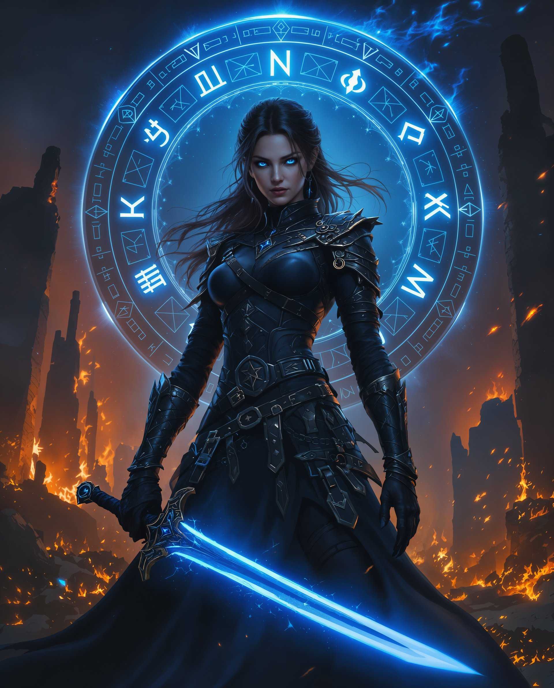 masterpiece, best quality, highres, sharp image, more detail <lora:more_details:0.5> <lora:SDXLrender_v2.0:1>, masterpiece, best quality, highres, sharp image, more detail, This is a realistic photo (photograph) of a female real person image that exudes a sense of fantasy and mystique. The art style is digital painting, with a high level of detail and attention to texture and light. The medium appears to be a computer program designed for digital art creation, given the smooth blending and gradients of color.The colors in the image are rich and dynamic, with a predominance of blues and blacks that give the piece a dark, moody feel. The use of light and shadow is masterful, with the light source coming from the runes in the background, casting a glow on the character and creating a play of light and dark across the entire composition. The fiery backdrop adds warmth to the cool tones, creating a contrast that emphasizes the central figure.The objects in the image are numerous and contribute to the overall narrative. At the forefront, we see a female figure dressed in a black, armored outfit with intricate designs and glowing runes. Her attire is detailed with straps, buckles, and chains, giving her a warriorlike appearance. She wields a sword with a glowing blue blade, which seems to be the source of the light in the scene.Behind her, a circular array of runes casts a mystical aura, with each rune glowing with a different blue hue. These runes are likely the source of the magical energy that surrounds the character. The runes are set against a backdrop of a fiery sky, with embers and sparks floating around, adding to the chaotic and intense atmosphere of the scene.The ruins in the background suggest a setting that has been ravaged by some form of cataclysm or war, contributing to the overall feeling of desolation and power in the image. The contrast between the dark, ominous tones of the character and the fiery, chaotic environment creates a compelling visual narrative that is both beautiful and foreboding.