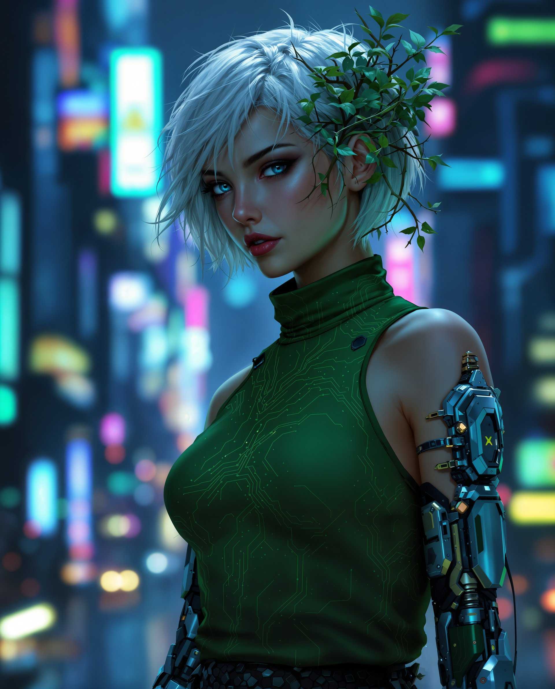 masterpiece, best quality, highres, sharp image, more detail <lora:more_details:0.5> <lora:SDXLrender_v2.0:1>, masterpiece, best quality, highres, sharp image, more detail, This image is a realistic photo (photograph) of a real person digital artwork that presents a character in a cyberpunk style, which is a genre that blends futuristic elements with dystopian themes. The character is a female with short, white hair that has a slightly rough texture, giving it a gritty look. Her hair is adorned with what appears to be thorns or vines, adding to the cyberpunk aesthetic. The medium of the artwork is digital painting, as evidenced by the smooth gradients and the lack of brush strokes. The colors are rich and varied, with a predominance of blues and purples that give the image a nocturnal and somewhat melancholic atmosphere. The characters skin is depicted in a realistic manner, with subtle shading and highlights that give it a three dimensional quality. The character is wearing a sleeveless top with a high neckline and a low back, revealing her shoulders and upper back. The top has a greenish hue and is adorned with what looks like circuit like patterns, suggesting a fusion of technology and nature. The arm of the character is also visible, and it has a mechanical prosthetic with a futuristic design, featuring sharp angles and a mix of metallic and organic elements. The background of the image is a blurred cityscape at night, with neon lights and towering buildings that suggest a dense, urban environment. The bokeh effect of the lights adds to the atmosphere and gives the impression of a bustling city. The overall composition of the image is dynamic, with the character slightly turned to the side, creating a sense of movement and depth. The lighting in the image is dramatic, with shadows that accentuate the contours of the character and the cityscape. The contrast between the dark background and the brighter foreground highlights the character and gives the image a cinematic quality. The overall effect is one of a compelling and immersive cyberpunk scene.