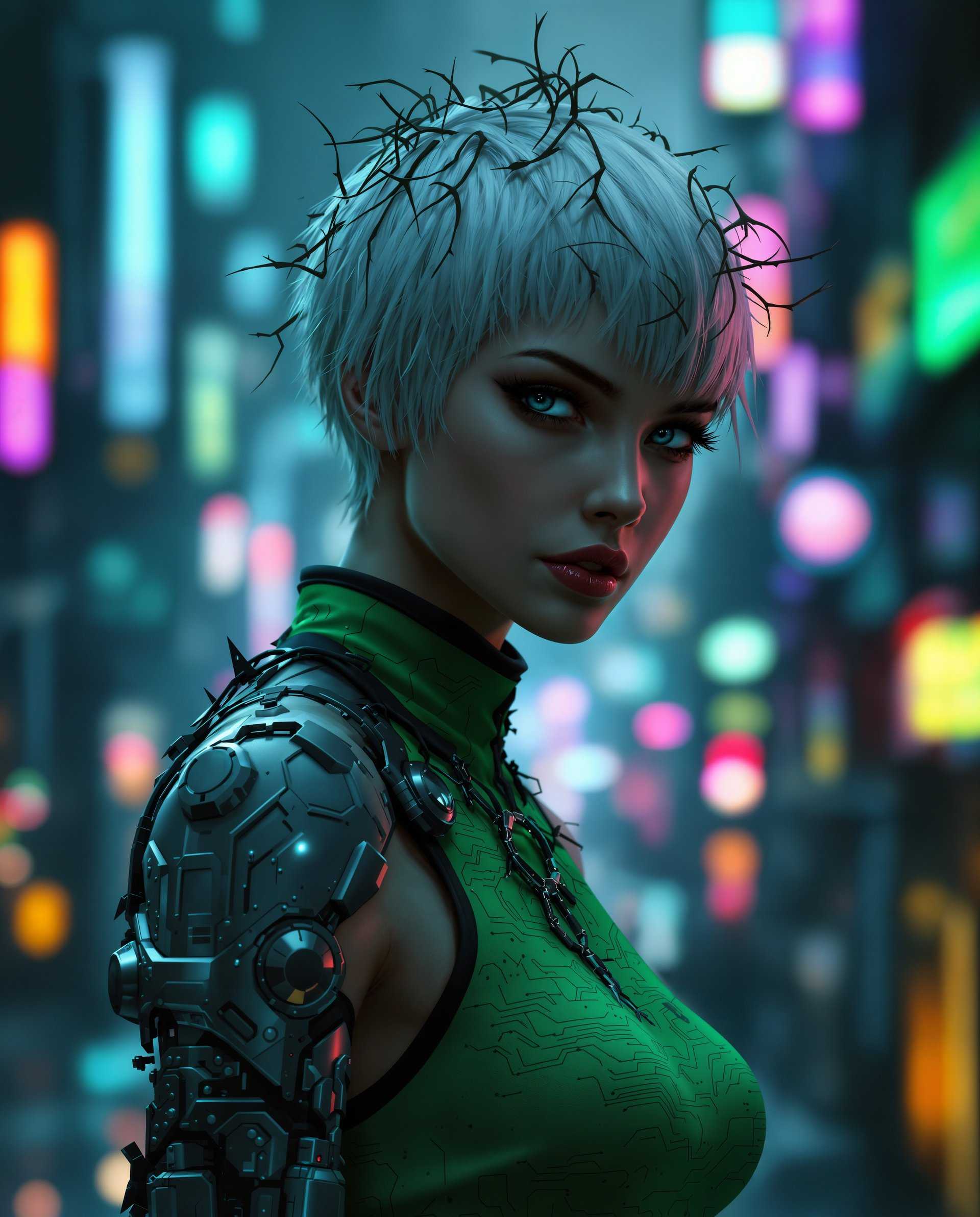 masterpiece, best quality, highres, sharp image, more detail, masterpiece, best quality, highres, sharp image, more detail, This image is a realistic photo (photograph) of a real person digital artwork that presents a character in a cyberpunk style, which is a genre that blends futuristic elements with dystopian themes. The character is a female with short, white hair that has a slightly rough texture, giving it a gritty look. Her hair is adorned with what appears to be thorns or vines, adding to the cyberpunk aesthetic. The medium of the artwork is digital painting, as evidenced by the smooth gradients and the lack of brush strokes. The colors are rich and varied, with a predominance of blues and purples that give the image a nocturnal and somewhat melancholic atmosphere. The characters skin is depicted in a realistic manner, with subtle shading and highlights that give it a three dimensional quality. The character is wearing a sleeveless top with a high neckline and a low back, revealing her shoulders and upper back. The top has a greenish hue and is adorned with what looks like circuit like patterns, suggesting a fusion of technology and nature. The arm of the character is also visible, and it has a mechanical prosthetic with a futuristic design, featuring sharp angles and a mix of metallic and organic elements. The background of the image is a blurred cityscape at night, with neon lights and towering buildings that suggest a dense, urban environment. The bokeh effect of the lights adds to the atmosphere and gives the impression of a bustling city. The overall composition of the image is dynamic, with the character slightly turned to the side, creating a sense of movement and depth. The lighting in the image is dramatic, with shadows that accentuate the contours of the character and the cityscape. The contrast between the dark background and the brighter foreground highlights the character and gives the image a cinematic quality. The overall effect is one of a compelling and immersive cyberpunk scene.