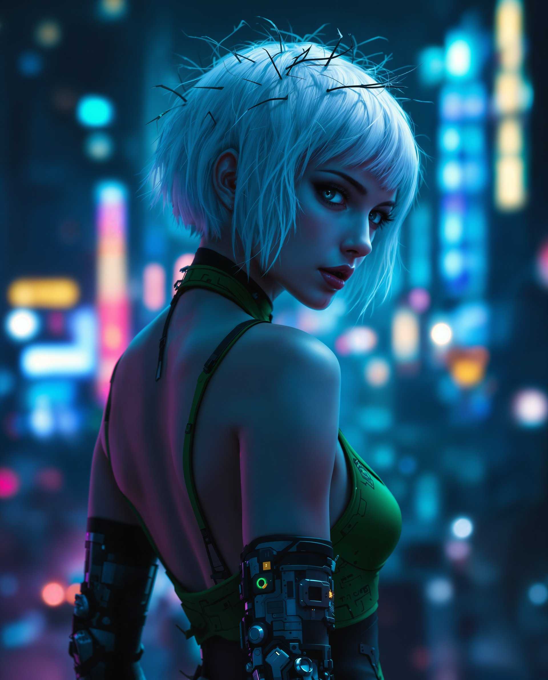 masterpiece, best quality, highres, sharp image, more detail <lora:more_details:0.5> <lora:SDXLrender_v2.0:1>, masterpiece, best quality, highres, sharp image, more detail, This image is a realistic photo (photograph) of a real person digital artwork that presents a character in a cyberpunk style, which is a genre that blends futuristic elements with dystopian themes. The character is a female with short, white hair that has a slightly rough texture, giving it a gritty look. Her hair is adorned with what appears to be thorns or vines, adding to the cyberpunk aesthetic. The medium of the artwork is digital painting, as evidenced by the smooth gradients and the lack of brush strokes. The colors are rich and varied, with a predominance of blues and purples that give the image a nocturnal and somewhat melancholic atmosphere. The characters skin is depicted in a realistic manner, with subtle shading and highlights that give it a three dimensional quality. The character is wearing a sleeveless top with a high neckline and a low back, revealing her shoulders and upper back. The top has a greenish hue and is adorned with what looks like circuit like patterns, suggesting a fusion of technology and nature. The arm of the character is also visible, and it has a mechanical prosthetic with a futuristic design, featuring sharp angles and a mix of metallic and organic elements. The background of the image is a blurred cityscape at night, with neon lights and towering buildings that suggest a dense, urban environment. The bokeh effect of the lights adds to the atmosphere and gives the impression of a bustling city. The overall composition of the image is dynamic, with the character slightly turned to the side, creating a sense of movement and depth. The lighting in the image is dramatic, with shadows that accentuate the contours of the character and the cityscape. The contrast between the dark background and the brighter foreground highlights the character and gives the image a cinematic quality. The overall effect is one of a compelling and immersive cyberpunk scene.