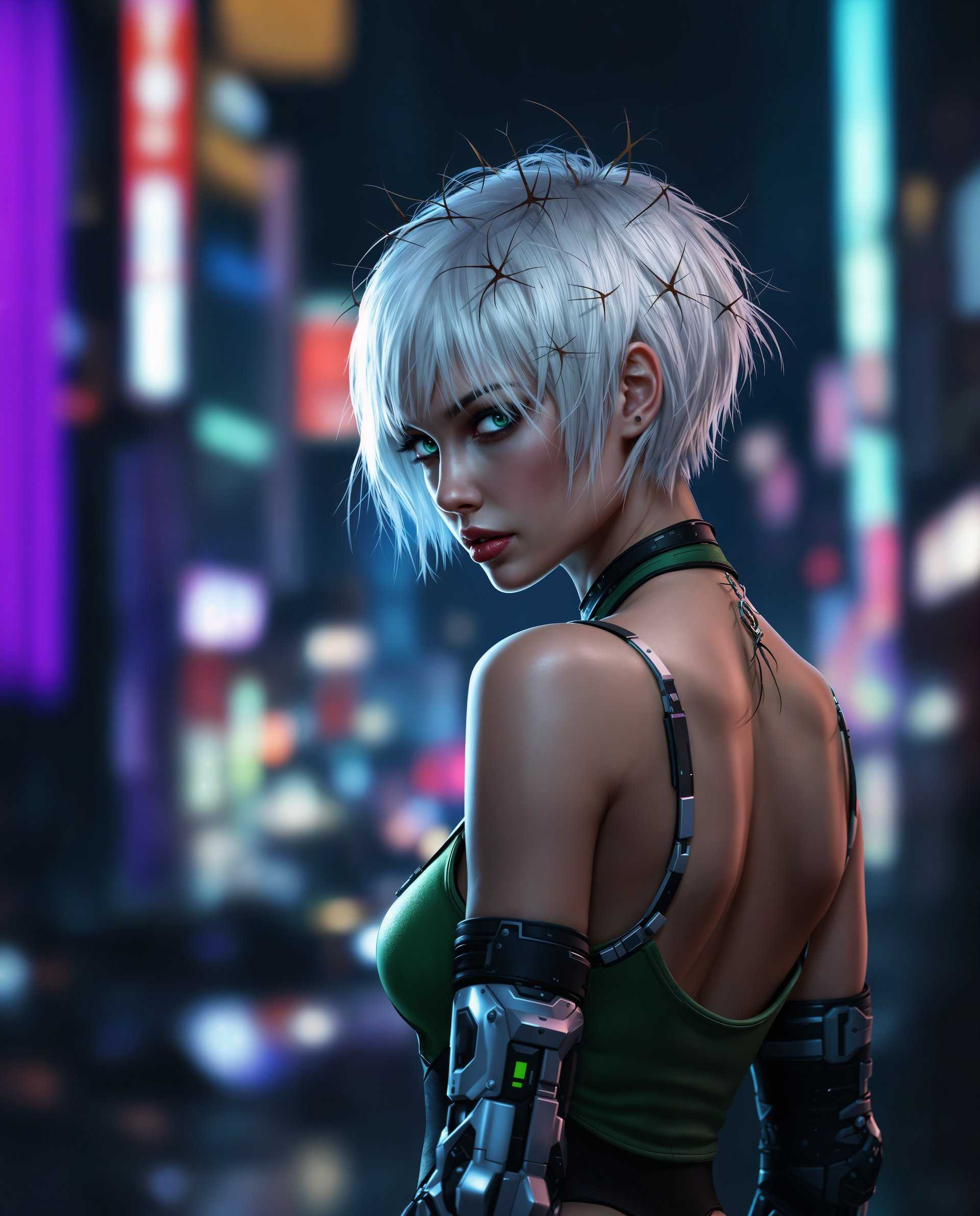 masterpiece, best quality, highres, sharp image, more detail <lora:more_details:0.5> <lora:SDXLrender_v2.0:1>, masterpiece, best quality, highres, sharp image, more detail, This image is a realistic photo (photograph) of a real person digital artwork that presents a character in a cyberpunk style, which is a genre that blends futuristic elements with dystopian themes. The character is a female with short, white hair that has a slightly rough texture, giving it a gritty look. Her hair is adorned with what appears to be thorns or vines, adding to the cyberpunk aesthetic. The medium of the artwork is digital painting, as evidenced by the smooth gradients and the lack of brush strokes. The colors are rich and varied, with a predominance of blues and purples that give the image a nocturnal and somewhat melancholic atmosphere. The characters skin is depicted in a realistic manner, with subtle shading and highlights that give it a three dimensional quality. The character is wearing a sleeveless top with a high neckline and a low back, revealing her shoulders and upper back. The top has a greenish hue and is adorned with what looks like circuit like patterns, suggesting a fusion of technology and nature. The arm of the character is also visible, and it has a mechanical prosthetic with a futuristic design, featuring sharp angles and a mix of metallic and organic elements. The background of the image is a blurred cityscape at night, with neon lights and towering buildings that suggest a dense, urban environment. The bokeh effect of the lights adds to the atmosphere and gives the impression of a bustling city. The overall composition of the image is dynamic, with the character slightly turned to the side, creating a sense of movement and depth. The lighting in the image is dramatic, with shadows that accentuate the contours of the character and the cityscape. The contrast between the dark background and the brighter foreground highlights the character and gives the image a cinematic quality. The overall effect is one of a compelling and immersive cyberpunk scene.