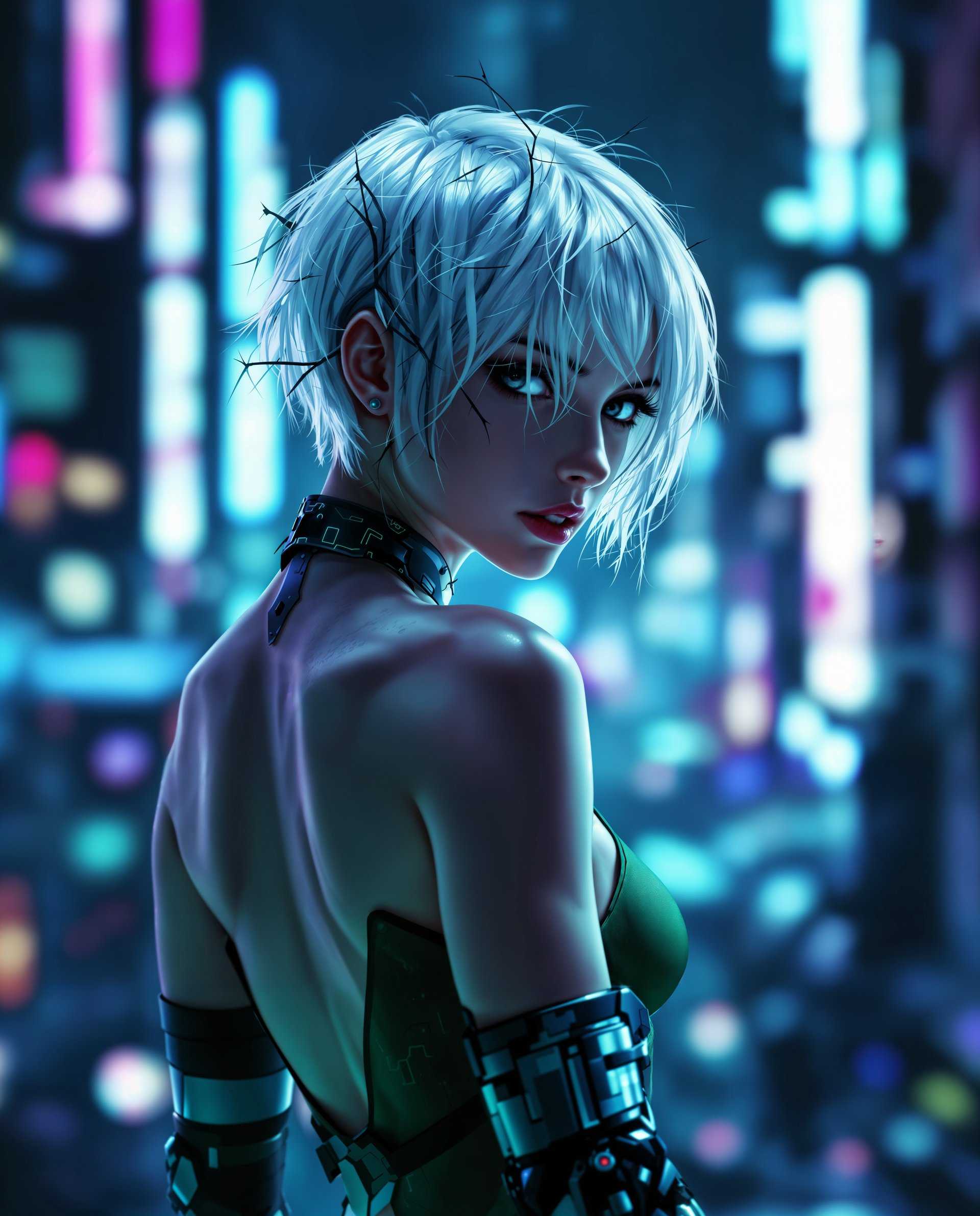masterpiece, best quality, highres, sharp image, more detail <lora:more_details:0.5> <lora:SDXLrender_v2.0:1>, masterpiece, best quality, highres, sharp image, more detail, This image is a realistic photo (photograph) of a real person digital artwork that presents a character in a cyberpunk style, which is a genre that blends futuristic elements with dystopian themes. The character is a female with short, white hair that has a slightly rough texture, giving it a gritty look. Her hair is adorned with what appears to be thorns or vines, adding to the cyberpunk aesthetic. The medium of the artwork is digital painting, as evidenced by the smooth gradients and the lack of brush strokes. The colors are rich and varied, with a predominance of blues and purples that give the image a nocturnal and somewhat melancholic atmosphere. The characters skin is depicted in a realistic manner, with subtle shading and highlights that give it a three dimensional quality. The character is wearing a sleeveless top with a high neckline and a low back, revealing her shoulders and upper back. The top has a greenish hue and is adorned with what looks like circuit like patterns, suggesting a fusion of technology and nature. The arm of the character is also visible, and it has a mechanical prosthetic with a futuristic design, featuring sharp angles and a mix of metallic and organic elements. The background of the image is a blurred cityscape at night, with neon lights and towering buildings that suggest a dense, urban environment. The bokeh effect of the lights adds to the atmosphere and gives the impression of a bustling city. The overall composition of the image is dynamic, with the character slightly turned to the side, creating a sense of movement and depth. The lighting in the image is dramatic, with shadows that accentuate the contours of the character and the cityscape. The contrast between the dark background and the brighter foreground highlights the character and gives the image a cinematic quality. The overall effect is one of a compelling and immersive cyberpunk scene.