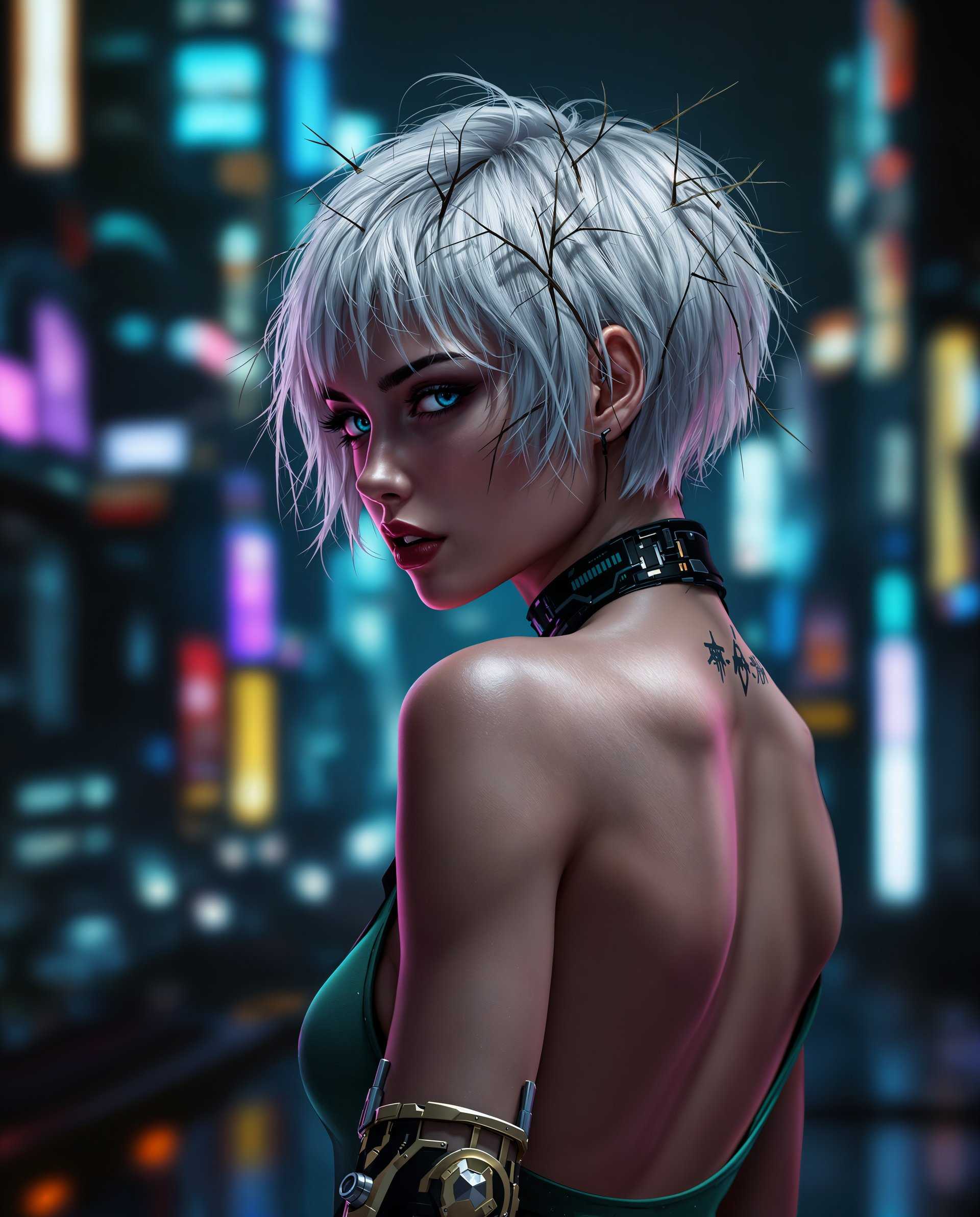 masterpiece, best quality, highres, sharp image, more detail <lora:more_details:0.5> <lora:SDXLrender_v2.0:1>, masterpiece, best quality, highres, sharp image, more detail, This image is a realistic photo (photograph) of a real person digital artwork that presents a character in a cyberpunk style, which is a genre that blends futuristic elements with dystopian themes. The character is a female with short, white hair that has a slightly rough texture, giving it a gritty look. Her hair is adorned with what appears to be thorns or vines, adding to the cyberpunk aesthetic. The medium of the artwork is digital painting, as evidenced by the smooth gradients and the lack of brush strokes. The colors are rich and varied, with a predominance of blues and purples that give the image a nocturnal and somewhat melancholic atmosphere. The characters skin is depicted in a realistic manner, with subtle shading and highlights that give it a three dimensional quality. The character is wearing a sleeveless top with a high neckline and a low back, revealing her shoulders and upper back. The top has a greenish hue and is adorned with what looks like circuit like patterns, suggesting a fusion of technology and nature. The arm of the character is also visible, and it has a mechanical prosthetic with a futuristic design, featuring sharp angles and a mix of metallic and organic elements. The background of the image is a blurred cityscape at night, with neon lights and towering buildings that suggest a dense, urban environment. The bokeh effect of the lights adds to the atmosphere and gives the impression of a bustling city. The overall composition of the image is dynamic, with the character slightly turned to the side, creating a sense of movement and depth. The lighting in the image is dramatic, with shadows that accentuate the contours of the character and the cityscape. The contrast between the dark background and the brighter foreground highlights the character and gives the image a cinematic quality. The overall effect is one of a compelling and immersive cyberpunk scene.