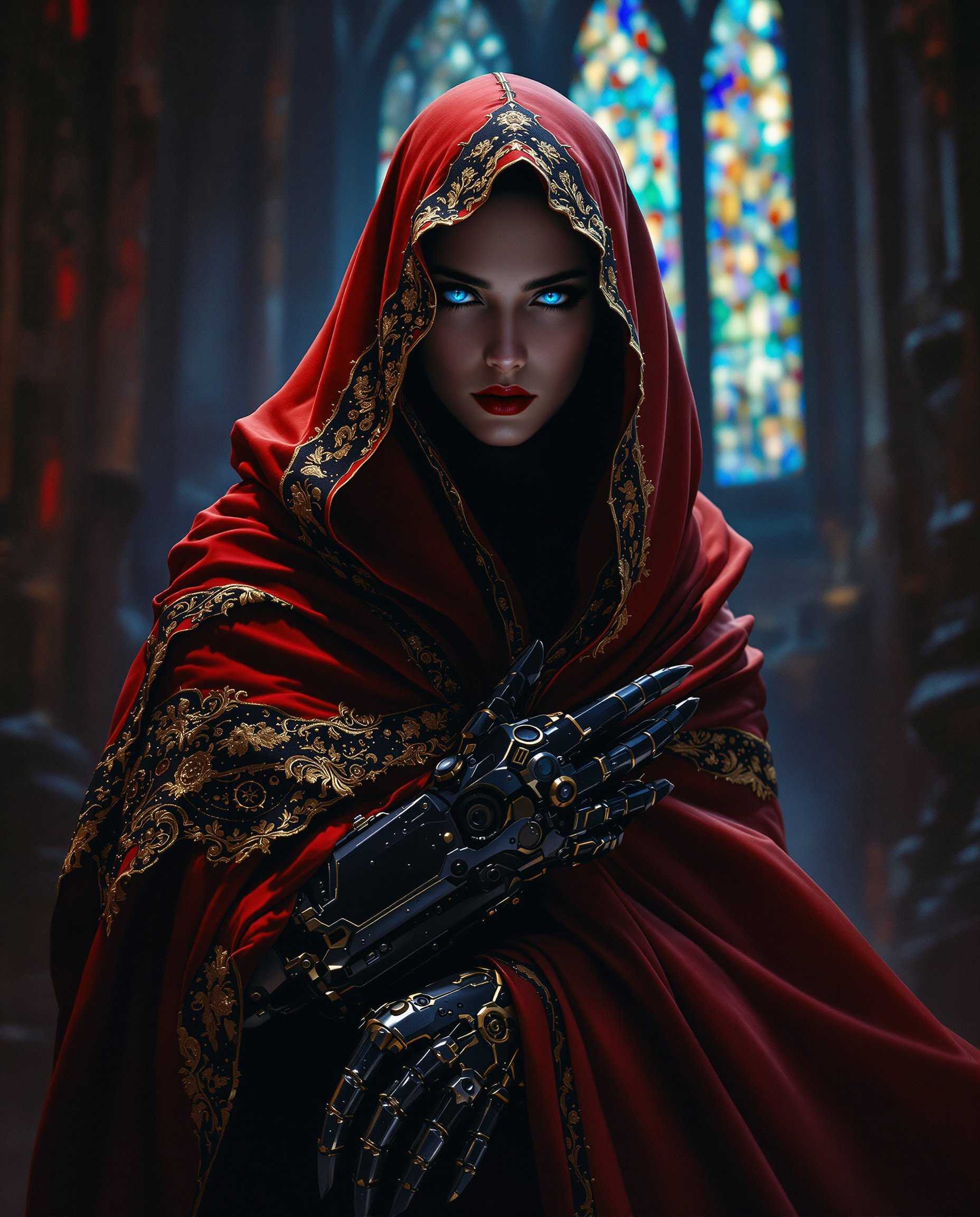 masterpiece, best quality, highres, sharp image, more detail, In a highly stylized digital painting, a real person stands, exuding a gothic and fantastical aura. The scene is illuminated by dramatic lighting, casting deep shadows that emphasize the intricate details of the subject's attire. The composition is centered on this figure:

- **Subject:** A mysterious individual, partially obscured by a flowing cloak of deep, rich red, adorned with gold and black lace and embroidery, suggesting nobility and arcane power. The cloak cascades around the figure, its edges highlighted by a blend of warm reds and oranges against the cool, ethereal blues and purples that dominate the palette.

- **Facial Features:** The face, partially hidden, reveals piercing blue eyes that capture the viewer's gaze, their irises a striking shade of blue, adding to the depth and emotional intensity.

- **Arm:** The right arm is encased in an ornate mechanical gauntlet, a fusion of organic and mechanical elements with gears, bolts, and metal plates, highlighted by the interplay of light and shadow for added realism and depth.

- **Background:** A blur of indistinct shapes and colors, suggesting a gothic cathedral setting with hints of stained glass windows and architectural elements, creating an atmosphere of mystery and otherworldliness.

- **Lighting:** The use of chiaroscuro enhances the mood, with strong contrasts between light and dark areas, emphasizing the figure's grandeur and the surreal quality of the scene.

- **Artistic Style:** The image is crafted in a digital painting style, employing smooth gradients, seamless color blending, and a rich, moody color palette to evoke a sense of depth, realism, and fantasy.

- **Camera Angle:** The figure is framed from a slightly low angle, looking up at the subject, which adds to the imposing and majestic feel of the character.

This composition captures a moment of otherworldly elegance, where the gothic and the fantastical intertwine in a visual narrative of mystery, nobility, and the supernatural.