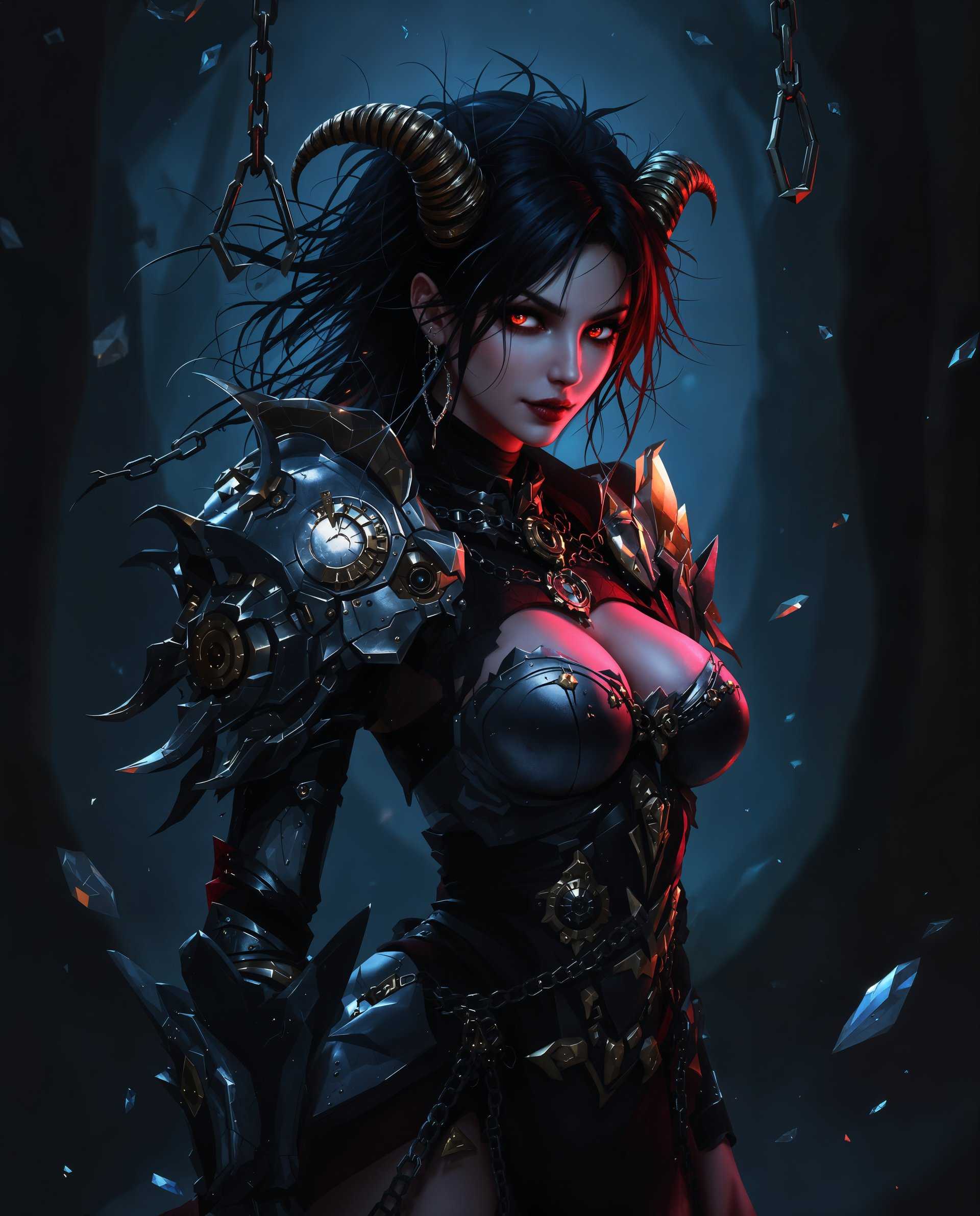 masterpiece, best quality, highres, sharp image, more detail <lora:more_details:0.5> <lora:SDXLrender_v2.0:1>, masterpiece, best quality, highres, sharp image, more detail, This image is a digital artwork that exudes a fantasy aesthetic. The art style is highly stylized with a focus on intricate details and a dramatic interplay of light and shadow. The medium appears to be a digital painting, given the smooth gradients and the lack of texture that one might find in traditional mediums like oil or acrylic.The colors in the image are rich and moody, with a predominance of blues and purples that give the piece a nightmarish, otherworldly quality. The use of these cool tones is contrasted with warmer, reddish hues that highlight the subject and add depth to the composition. The lighting is dynamic, with bright spots that illuminate the subject and create a sense of drama, while the darker areas add to the mysterious and foreboding atmosphere.The subject of the image is a female figure, dressed in what appears to be a gothic armor or costume. The armor is ornate, with a mix of metallic and organic elements. It features mechanical gears, chains, and what seems to be bones or horns, suggesting a blend of technology and dark fantasy. The armor is predominantly black with silver and gold accents, and the textures are varied, from smooth metallic surfaces to rougher, more rugged elements.The figures hair is dark and falls in loose waves, with some strands sticking out in a wild, untamed fashion. The hair is adorned with what looks like spider webs or tendrils, which adds to the gothic and fantastical feel of the image.The background of the image is dark and somewhat chaotic, with chains and what appears to be broken glass or shattered crystals scattered throughout. This setting further emphasizes the dark and mysterious mood of the piece.Overall, the image is a compelling blend of fantasy and gothic elements, with a strong emphasis on detailed artistry and atmospheric color use. The subjects armor and the dark, chaotic background work together to create a sense of otherworldliness and foreboding, inviting the viewer into a richly imagined fantasy realm.