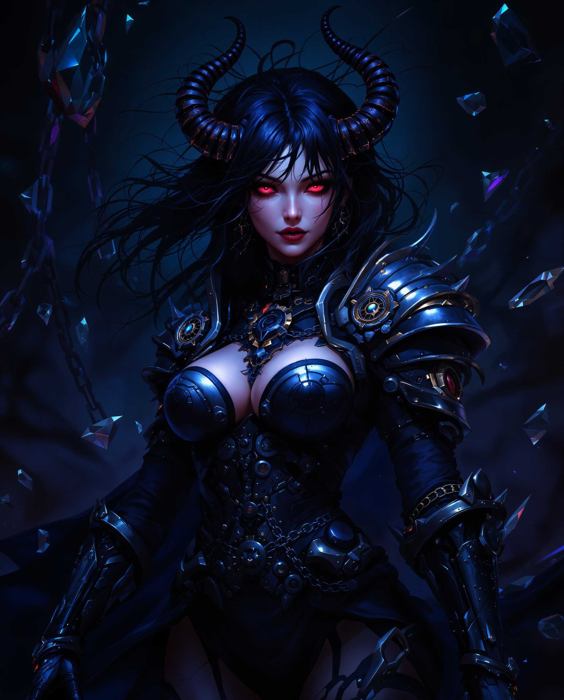 masterpiece, best quality, highres, sharp image, more detail <lora:more_details:0.5> <lora:SDXLrender_v2.0:1>, masterpiece, best quality, highres, sharp image, more detail, This image is a digital artwork that exudes a fantasy aesthetic. The art style is highly stylized with a focus on intricate details and a dramatic interplay of light and shadow. The medium appears to be a digital painting, given the smooth gradients and the lack of texture that one might find in traditional mediums like oil or acrylic.The colors in the image are rich and moody, with a predominance of blues and purples that give the piece a nightmarish, otherworldly quality. The use of these cool tones is contrasted with warmer, reddish hues that highlight the subject and add depth to the composition. The lighting is dynamic, with bright spots that illuminate the subject and create a sense of drama, while the darker areas add to the mysterious and foreboding atmosphere.The subject of the image is a female figure, dressed in what appears to be a gothic armor or costume. The armor is ornate, with a mix of metallic and organic elements. It features mechanical gears, chains, and what seems to be bones or horns, suggesting a blend of technology and dark fantasy. The armor is predominantly black with silver and gold accents, and the textures are varied, from smooth metallic surfaces to rougher, more rugged elements.The figures hair is dark and falls in loose waves, with some strands sticking out in a wild, untamed fashion. The hair is adorned with what looks like spider webs or tendrils, which adds to the gothic and fantastical feel of the image.The background of the image is dark and somewhat chaotic, with chains and what appears to be broken glass or shattered crystals scattered throughout. This setting further emphasizes the dark and mysterious mood of the piece.Overall, the image is a compelling blend of fantasy and gothic elements, with a strong emphasis on detailed artistry and atmospheric color use. The subjects armor and the dark, chaotic background work together to create a sense of otherworldliness and foreboding, inviting the viewer into a richly imagined fantasy realm.