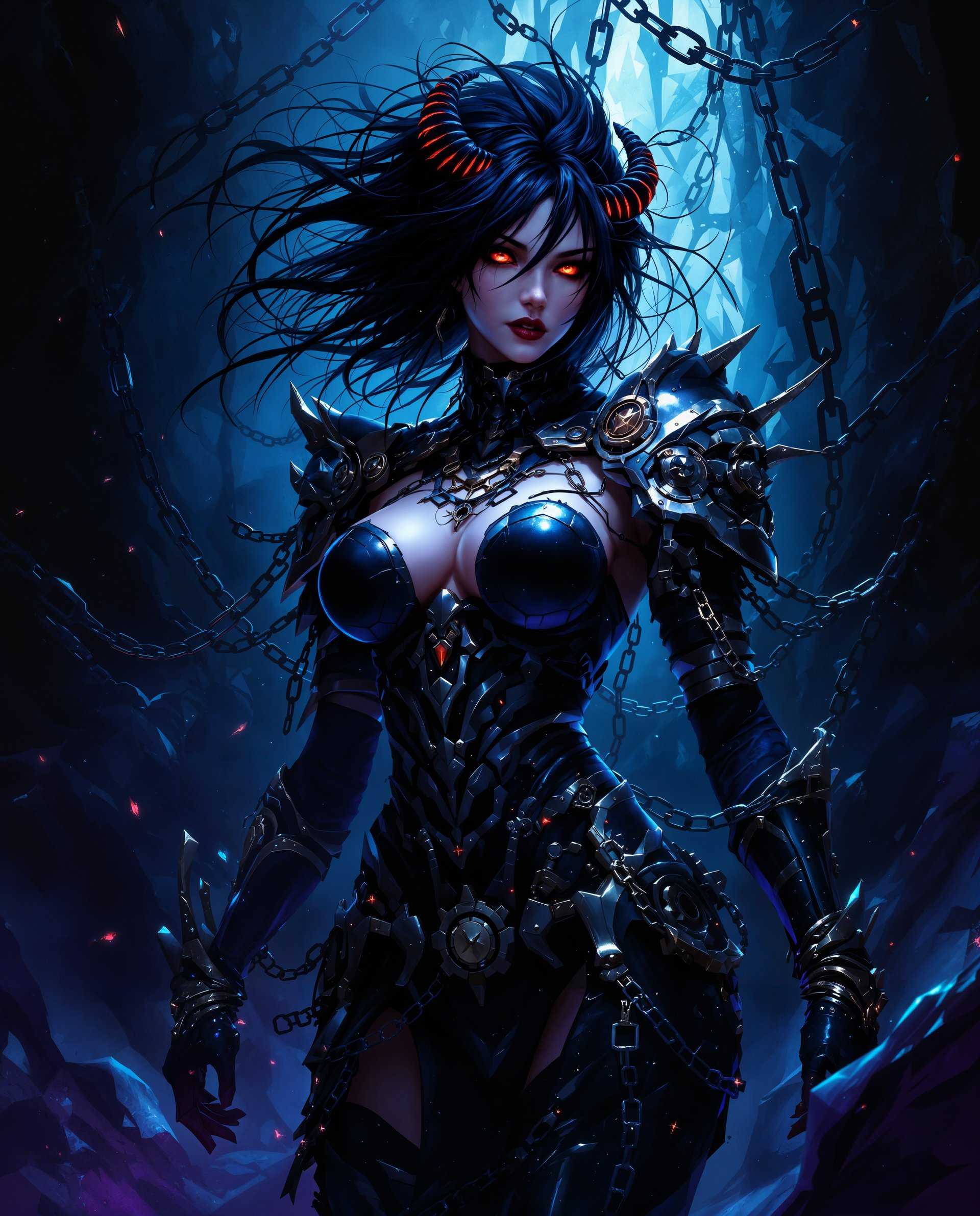 masterpiece, best quality, highres, sharp image, more detail <lora:more_details:0.5> <lora:SDXLrender_v2.0:1>, masterpiece, best quality, highres, sharp image, more detail, This image is a digital artwork that exudes a fantasy aesthetic. The art style is highly stylized with a focus on intricate details and a dramatic interplay of light and shadow. The medium appears to be a digital painting, given the smooth gradients and the lack of texture that one might find in traditional mediums like oil or acrylic.The colors in the image are rich and moody, with a predominance of blues and purples that give the piece a nightmarish, otherworldly quality. The use of these cool tones is contrasted with warmer, reddish hues that highlight the subject and add depth to the composition. The lighting is dynamic, with bright spots that illuminate the subject and create a sense of drama, while the darker areas add to the mysterious and foreboding atmosphere.The subject of the image is a female figure, dressed in what appears to be a gothic armor or costume. The armor is ornate, with a mix of metallic and organic elements. It features mechanical gears, chains, and what seems to be bones or horns, suggesting a blend of technology and dark fantasy. The armor is predominantly black with silver and gold accents, and the textures are varied, from smooth metallic surfaces to rougher, more rugged elements.The figures hair is dark and falls in loose waves, with some strands sticking out in a wild, untamed fashion. The hair is adorned with what looks like spider webs or tendrils, which adds to the gothic and fantastical feel of the image.The background of the image is dark and somewhat chaotic, with chains and what appears to be broken glass or shattered crystals scattered throughout. This setting further emphasizes the dark and mysterious mood of the piece.Overall, the image is a compelling blend of fantasy and gothic elements, with a strong emphasis on detailed artistry and atmospheric color use. The subjects armor and the dark, chaotic background work together to create a sense of otherworldliness and foreboding, inviting the viewer into a richly imagined fantasy realm.