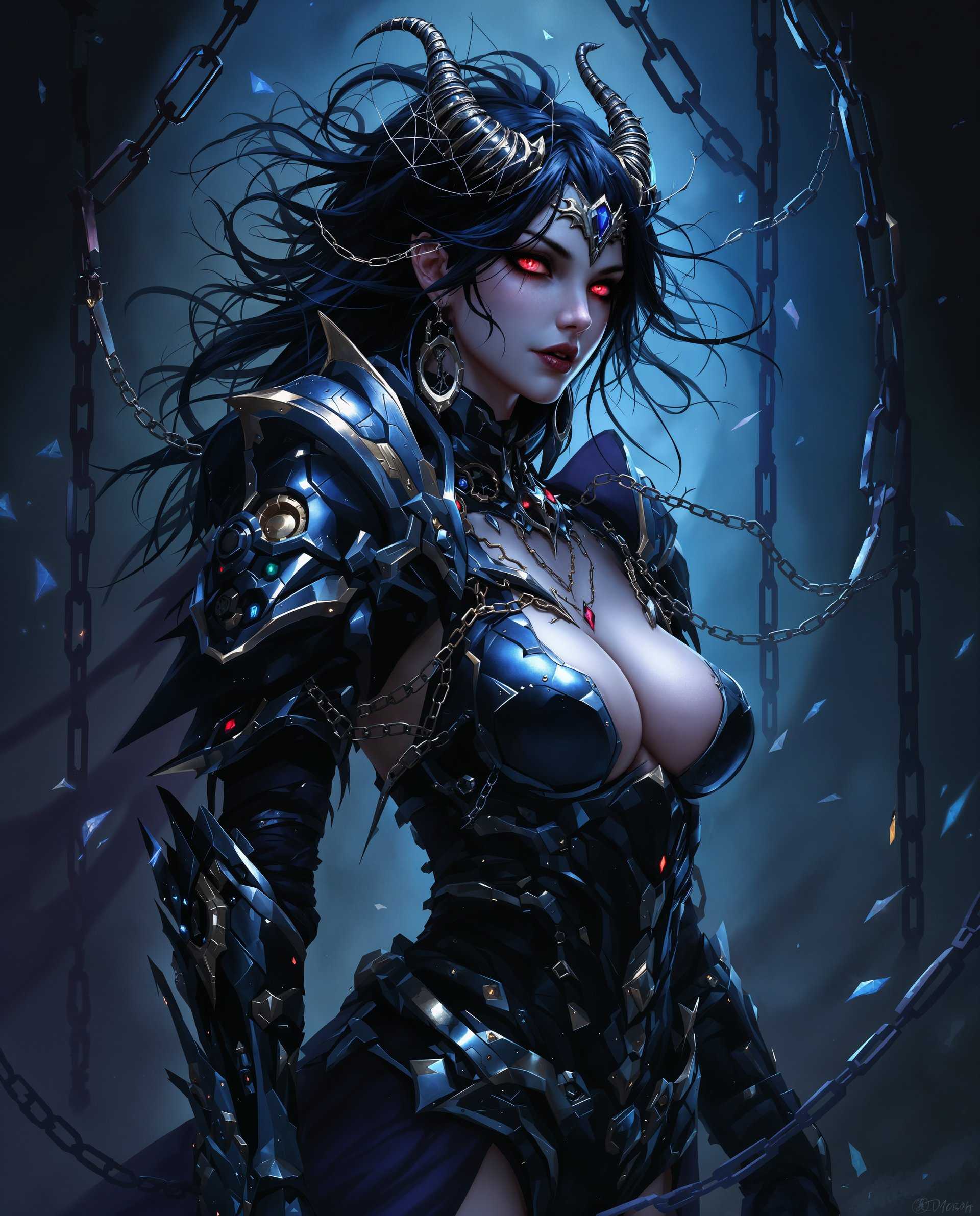 masterpiece, best quality, highres, sharp image, more detail <lora:more_details:0.5> <lora:SDXLrender_v2.0:1>, masterpiece, best quality, highres, sharp image, more detail, This image is a digital artwork that exudes a fantasy aesthetic. The art style is highly stylized with a focus on intricate details and a dramatic interplay of light and shadow. The medium appears to be a digital painting, given the smooth gradients and the lack of texture that one might find in traditional mediums like oil or acrylic.The colors in the image are rich and moody, with a predominance of blues and purples that give the piece a nightmarish, otherworldly quality. The use of these cool tones is contrasted with warmer, reddish hues that highlight the subject and add depth to the composition. The lighting is dynamic, with bright spots that illuminate the subject and create a sense of drama, while the darker areas add to the mysterious and foreboding atmosphere.The subject of the image is a female figure, dressed in what appears to be a gothic armor or costume. The armor is ornate, with a mix of metallic and organic elements. It features mechanical gears, chains, and what seems to be bones or horns, suggesting a blend of technology and dark fantasy. The armor is predominantly black with silver and gold accents, and the textures are varied, from smooth metallic surfaces to rougher, more rugged elements.The figures hair is dark and falls in loose waves, with some strands sticking out in a wild, untamed fashion. The hair is adorned with what looks like spider webs or tendrils, which adds to the gothic and fantastical feel of the image.The background of the image is dark and somewhat chaotic, with chains and what appears to be broken glass or shattered crystals scattered throughout. This setting further emphasizes the dark and mysterious mood of the piece.Overall, the image is a compelling blend of fantasy and gothic elements, with a strong emphasis on detailed artistry and atmospheric color use. The subjects armor and the dark, chaotic background work together to create a sense of otherworldliness and foreboding, inviting the viewer into a richly imagined fantasy realm.