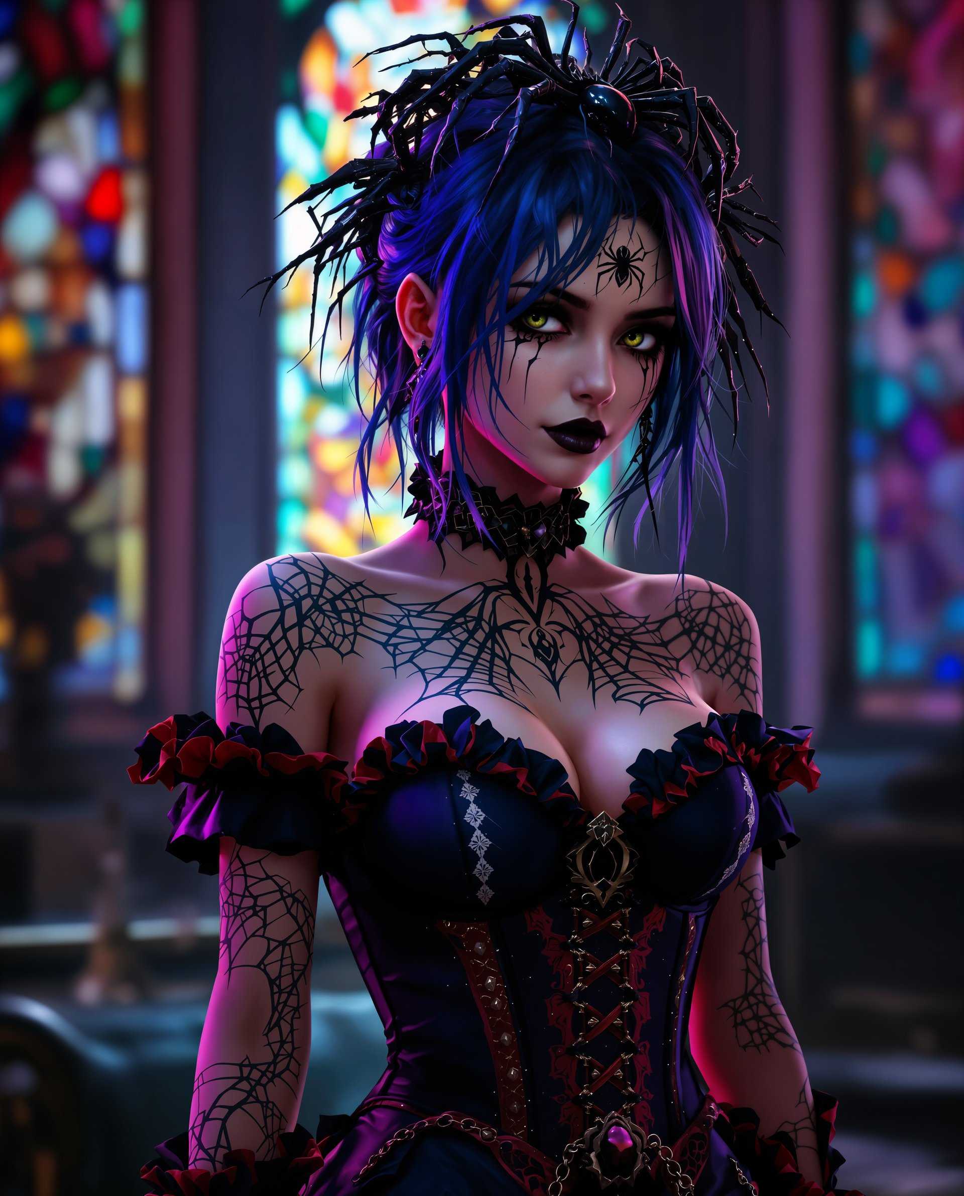 masterpiece, best quality, highres, sharp image, more detail <lora:more_details:0.5> <lora:SDXLrender_v2.0:1>, masterpiece, best quality, highres, sharp image, more detail, This image is a realistic photo (photograph) of a female real person digital artwork that features a stylized female figure. The art style is reminiscent of fantasy or gothic genres, with a focus on dramatic lighting and shadow that gives the piece a threedimensional quality. The medium appears to be a digital painting, given the smooth blending of colors and the lack of texture that one might expect from traditional mediums like oil or acrylic paints.The colors in the image are rich and vibrant, with a predominance of purples, blues, and reds. These colors are used to create a moody and atmospheric effect, with the purples and blues giving a sense of depth and the reds adding warmth and contrast. The lighting in the image is dynamic, with bright highlights and deep shadows that accentuate the contours of the figure and the intricate details of her costume.The figure is adorned in a detailed costume that includes a corset with elaborate patterns and lace, ruffled edges, and a high neckline. The corset is primarily black with red and white detailing, and its fastened with what appears to be a chain or a series of clasps. The figures hair is styled in a messy, edgy fashion, with strands of hair in various shades of blue and purple, and its partially obscured by a dark, ornate headpiece that has a spiderlike design, suggesting a connection to gothic or fantasy themes.The figures skin is painted with intricate black designs that resemble spider webs or tattoos, covering her neck, shoulders, and arms. The tattoos are detailed and complex, with a sense of movement and fluidity that gives the skin texture.The background of the image is intentionally blurred, but it seems to be a room with a stained glass window, given the colorful, lightfilled shapes that can be seen. The stained glass adds to the gothic and fantastical atmosphere of the scene.Overall, the image is a rich and immersive portrayal of a fantasy character, with a strong emphasis on style, color, and lighting to create a mood and atmosphere that is both dramatic and otherworldly.