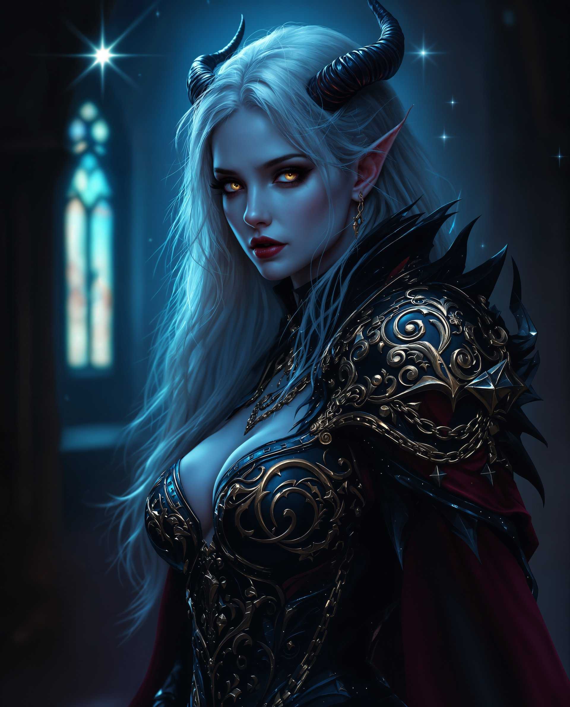 masterpiece, best quality, highres, sharp image, more detail <lora:more_details:0.5> <lora:SDXLrender_v2.0:1>, masterpiece, best quality, highres, sharp image, more detail, This image is a realistic photo (photograph) of a female real person digital artwork that exudes a gothic and fantastical vibe. The art style is highly stylized, with a focus on dramatic lighting and shadow that gives the piece a threedimensional quality. The medium appears to be a digital painting, given the smooth gradients and seamless blending of colors.The colors in the image are predominantly cool tones, with shades of blue, purple, and black creating a moody and atmospheric effect. There are also touches of warm colors, such as the golden highlights on the armorlike shoulder piece and the red accents on the garment, which add contrast and draw the eye.The subject of the image is a figure with pale, almost translucent skin, which is highlighted by the dramatic lighting. The figure has long, flowing hair that cascades down the back, and the hair strands are detailed with highlights and shadows that give it a realistic texture. The hair is adorned with what appears to be horns or antlers, adding to the fantastical element of the image.The figure is wearing a detailed, armorlike garment that covers the torso and arms. The armor is intricate, with swirling patterns and designs that resemble gothic or baroque motifs. The garment is rich in texture, with raised details and embellishments that catch the light, giving it a tactile quality. The shoulder piece is particularly ornate, with a chainlike design that drapes down the arm.The background of the image is dark and moody, with a hint of a window or portal that allows light to filter through, casting a starburst effect. This light creates a stark contrast with the darker tones of the figure and the armor, drawing attention to the subject. The overall effect is one of mystery and otherworldliness, inviting the viewer to ponder the story behind the character.