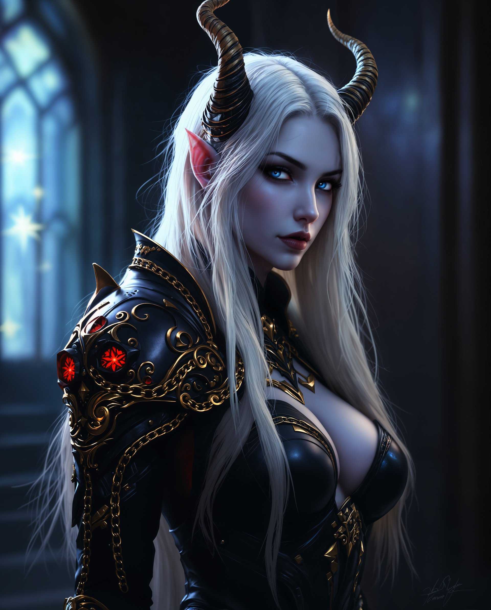 masterpiece, best quality, highres, sharp image, more detail <lora:more_details:0.5> <lora:SDXLrender_v2.0:1>, masterpiece, best quality, highres, sharp image, more detail, This image is a realistic photo (photograph) of a female real person digital artwork that exudes a gothic and fantastical vibe. The art style is highly stylized, with a focus on dramatic lighting and shadow that gives the piece a threedimensional quality. The medium appears to be a digital painting, given the smooth gradients and seamless blending of colors.The colors in the image are predominantly cool tones, with shades of blue, purple, and black creating a moody and atmospheric effect. There are also touches of warm colors, such as the golden highlights on the armorlike shoulder piece and the red accents on the garment, which add contrast and draw the eye.The subject of the image is a figure with pale, almost translucent skin, which is highlighted by the dramatic lighting. The figure has long, flowing hair that cascades down the back, and the hair strands are detailed with highlights and shadows that give it a realistic texture. The hair is adorned with what appears to be horns or antlers, adding to the fantastical element of the image.The figure is wearing a detailed, armorlike garment that covers the torso and arms. The armor is intricate, with swirling patterns and designs that resemble gothic or baroque motifs. The garment is rich in texture, with raised details and embellishments that catch the light, giving it a tactile quality. The shoulder piece is particularly ornate, with a chainlike design that drapes down the arm.The background of the image is dark and moody, with a hint of a window or portal that allows light to filter through, casting a starburst effect. This light creates a stark contrast with the darker tones of the figure and the armor, drawing attention to the subject. The overall effect is one of mystery and otherworldliness, inviting the viewer to ponder the story behind the character.