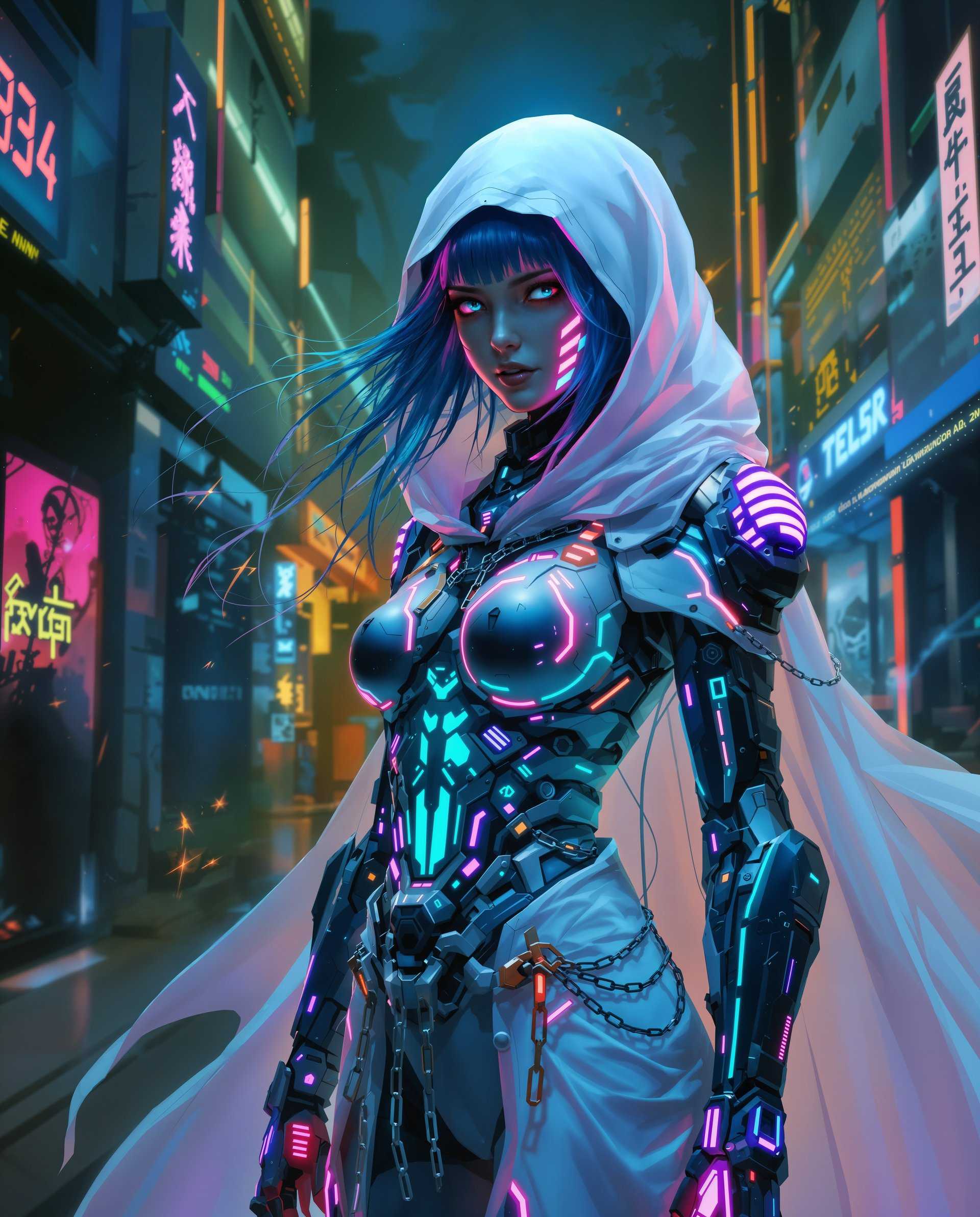 masterpiece, best quality, highres, sharp image, more detail <lora:more_details:0.5> <lora:SDXLrender_v2.0:1>, masterpiece, best quality, highres, sharp image, more detail, This image is a realistic photo (photograph) of a female real person digital artwork that presents a figure in a cyberpunk style, which is a genre that blends science fiction with urban decay and technology. The art style is characterized by its use of sharp contrasts, vivid colors, and a futuristic, often dystopian, setting.The medium appears to be digital painting, as evidenced by the smooth blending of colors and the lack of texture that would be present in traditional painting mediums. The image has a high level of detail, from the intricate patterns on the armor to the individual strands of hair.Colors are a key element in this image. The figure is predominantly in shades of blue and black, which are often associated with cyberpunk aesthetics. The blue hues give the image a cool, almost icy feel, while the black adds depth and contrast. There are also vibrant neon accents in shades of pink, purple, and cyan, which provide a stark contrast to the cooler tones and add a sense of energy and motion.Objects in the image include the figures armor, which is a mix of mechanical and organic elements. It has a futuristic design with glowing neon lights and circuitlike patterns. The figure is also wearing a white hooded cloak that billows in the wind, adding to the dynamic feel of the image. The cloak is detailed with what appears to be chains and cables, further emphasizing the cyberpunk theme. The background is a blend of a cityscape and a cosmic scene, with neon lights, shattered glass, and a swirling nebulalike effect. The figure stands in front of this backdrop, which creates a sense of depth and adds to the overall atmosphere of the image.Overall, the image is a rich tapestry of cyberpunk elements, combining futuristic technology with a gritty urban environment, all brought to life through the use of digital painting techniques and a carefully chosen color palette.