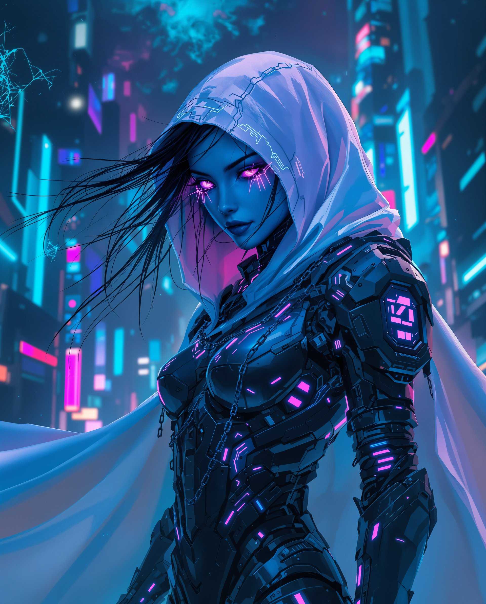 masterpiece, best quality, highres, sharp image, more detail <lora:more_details:0.5> <lora:SDXLrender_v2.0:1>, masterpiece, best quality, highres, sharp image, more detail, This image is a realistic photo (photograph) of a female real person digital artwork that presents a figure in a cyberpunk style, which is a genre that blends science fiction with urban decay and technology. The art style is characterized by its use of sharp contrasts, vivid colors, and a futuristic, often dystopian, setting.The medium appears to be digital painting, as evidenced by the smooth blending of colors and the lack of texture that would be present in traditional painting mediums. The image has a high level of detail, from the intricate patterns on the armor to the individual strands of hair.Colors are a key element in this image. The figure is predominantly in shades of blue and black, which are often associated with cyberpunk aesthetics. The blue hues give the image a cool, almost icy feel, while the black adds depth and contrast. There are also vibrant neon accents in shades of pink, purple, and cyan, which provide a stark contrast to the cooler tones and add a sense of energy and motion.Objects in the image include the figures armor, which is a mix of mechanical and organic elements. It has a futuristic design with glowing neon lights and circuitlike patterns. The figure is also wearing a white hooded cloak that billows in the wind, adding to the dynamic feel of the image. The cloak is detailed with what appears to be chains and cables, further emphasizing the cyberpunk theme. The background is a blend of a cityscape and a cosmic scene, with neon lights, shattered glass, and a swirling nebulalike effect. The figure stands in front of this backdrop, which creates a sense of depth and adds to the overall atmosphere of the image.Overall, the image is a rich tapestry of cyberpunk elements, combining futuristic technology with a gritty urban environment, all brought to life through the use of digital painting techniques and a carefully chosen color palette.