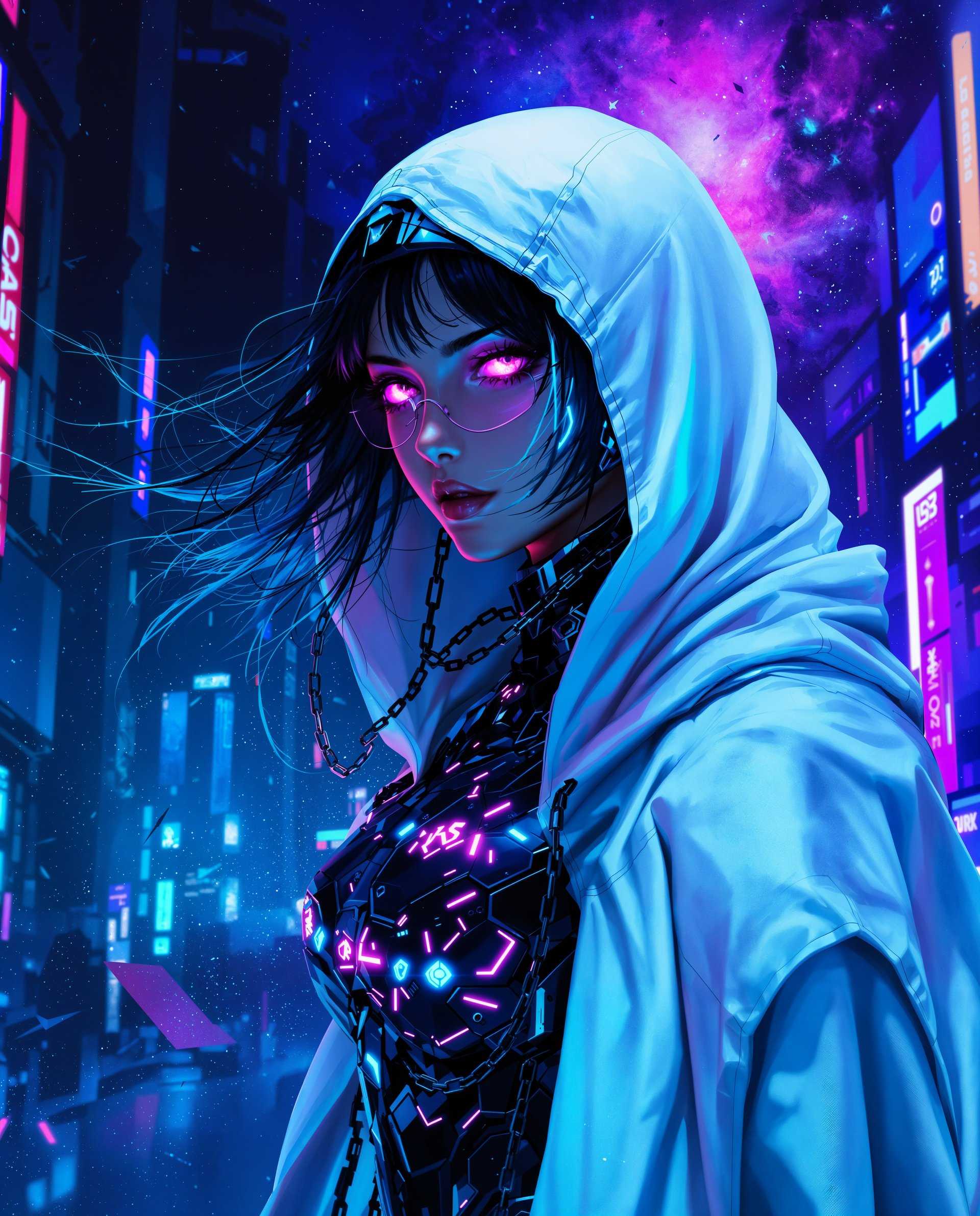 masterpiece, best quality, highres, sharp image, more detail <lora:more_details:0.5> <lora:SDXLrender_v2.0:1>, masterpiece, best quality, highres, sharp image, more detail, This image is a realistic photo (photograph) of a female real person digital artwork that presents a figure in a cyberpunk style, which is a genre that blends science fiction with urban decay and technology. The art style is characterized by its use of sharp contrasts, vivid colors, and a futuristic, often dystopian, setting.The medium appears to be digital painting, as evidenced by the smooth blending of colors and the lack of texture that would be present in traditional painting mediums. The image has a high level of detail, from the intricate patterns on the armor to the individual strands of hair.Colors are a key element in this image. The figure is predominantly in shades of blue and black, which are often associated with cyberpunk aesthetics. The blue hues give the image a cool, almost icy feel, while the black adds depth and contrast. There are also vibrant neon accents in shades of pink, purple, and cyan, which provide a stark contrast to the cooler tones and add a sense of energy and motion.Objects in the image include the figures armor, which is a mix of mechanical and organic elements. It has a futuristic design with glowing neon lights and circuitlike patterns. The figure is also wearing a white hooded cloak that billows in the wind, adding to the dynamic feel of the image. The cloak is detailed with what appears to be chains and cables, further emphasizing the cyberpunk theme. The background is a blend of a cityscape and a cosmic scene, with neon lights, shattered glass, and a swirling nebulalike effect. The figure stands in front of this backdrop, which creates a sense of depth and adds to the overall atmosphere of the image.Overall, the image is a rich tapestry of cyberpunk elements, combining futuristic technology with a gritty urban environment, all brought to life through the use of digital painting techniques and a carefully chosen color palette.
