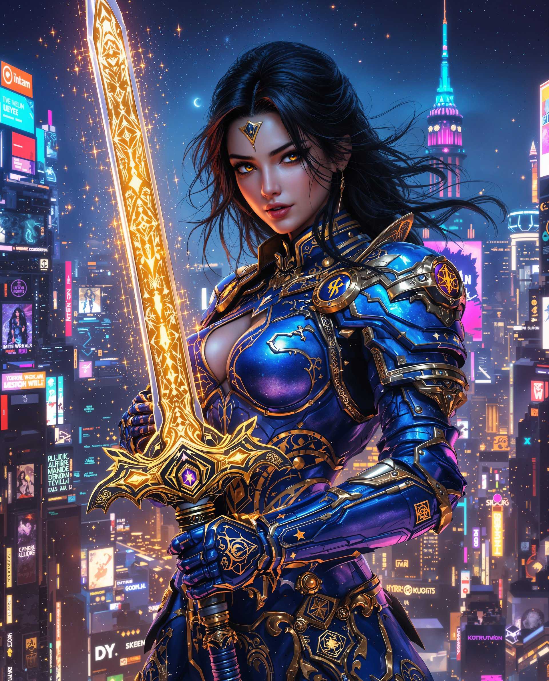 masterpiece, best quality, highres, sharp image, more detail <lora:more_details:0.5> <lora:SDXLrender_v2.0:1>, masterpiece, best quality, highres, sharp image, more detail, This image is a realistic photo (photograph) of a female real person digital artwork that exudes a sense of fantasy and cyberpunk aesthetics. The art style is highly detailed and stylized, with a focus on intricate textures and vibrant colors that create a dynamic and almost tangible visual experience. The medium appears to be a digital painting, utilizing advanced software to achieve the level of detail and color saturation present in the image. The use of lighting and shadow is particularly impressive, with a strong emphasis on contrast and highlights that give the armor and the cityscape a threedimensional quality.The colors in the image are rich and varied, with a predominance of blues and purples that give the scene a cool, almost icy atmosphere. This is juxtaposed with warm oranges and yellows, which are used to create a sense of energy and dynamism. The interplay between these cool and warm tones adds depth and complexity to the image.The objects in the image are numerous and varied. The central figure is a warrior clad in ornate, futuristic armor that is rich in detail and texture. The armor is primarily blue with gold and silver accents, and it is adorned with intricate patterns and symbols that suggest a high level of technology and craftsmanship. The warriors hair is dark and flows freely, adding a sense of movement and dynamism to the composition.In the background, there is a sprawling cityscape that is alive with neon lights and digital billboards. The city is filled with towering skyscrapers and other architectural marvels, all bathed in a myriad of colors that reflect off the surfaces and create a kaleidoscopic effect. The cityscape is set against a night sky, with stars and nebulae visible, adding to the otherworldly ambiance of the scene.The foreground of the image is dominated by the warriors figure, with their sword held at the ready. The sword is a central element of the composition, drawing the viewers eye and suggesting a narrative of power and readiness. The blade of the sword is detailed with patterns and designs that echo those on the armor, reinforcing the thematic consistency of the artwork.Overall, the image is a stunning example of digital artistry, blending elements of fantasy and cyberpunk to create a visually arresting and immersive experience. The attention to detail, the use of color, and the interplay between the various elements come together to create a work that is both beautiful and thoughtprovoking.