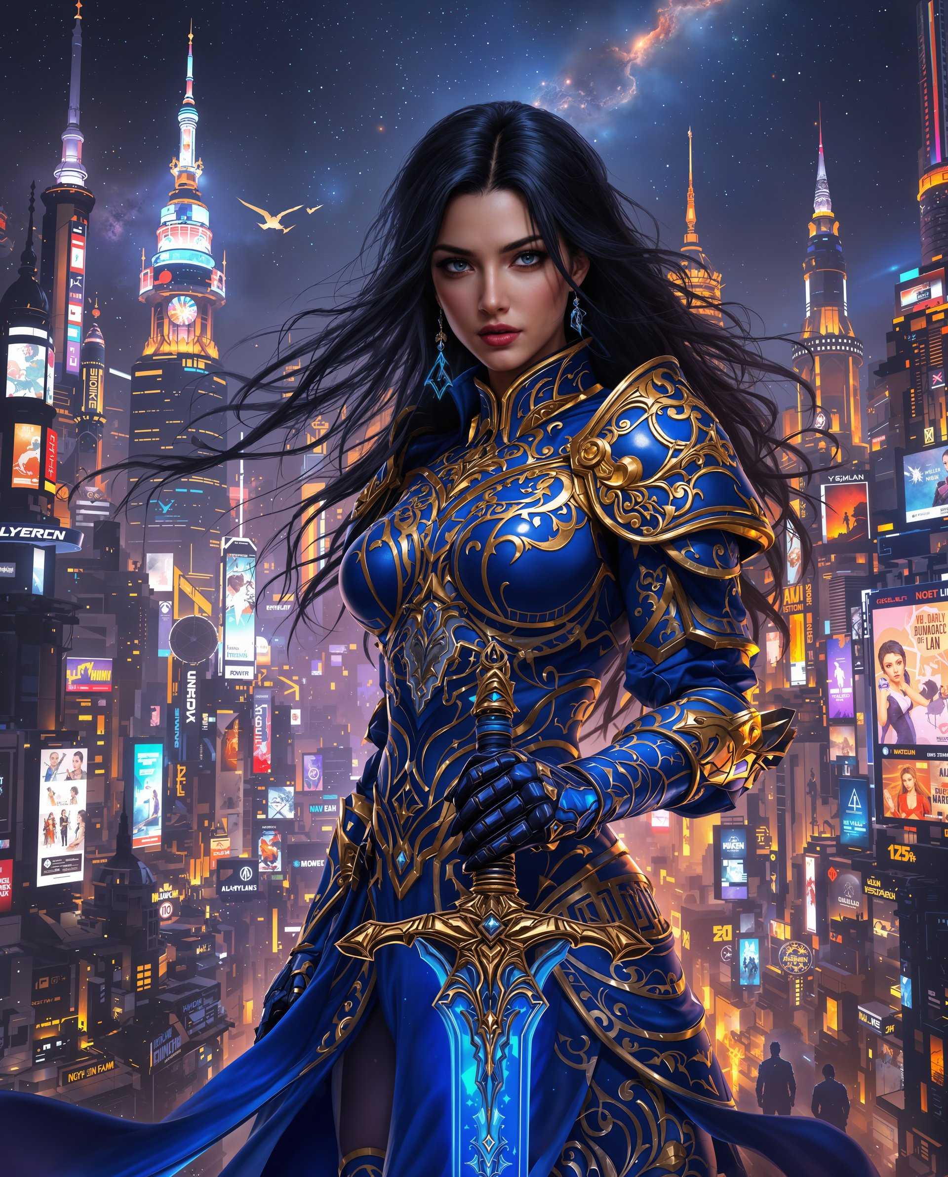 masterpiece, best quality, highres, sharp image, more detail <lora:more_details:0.5> <lora:SDXLrender_v2.0:1>, masterpiece, best quality, highres, sharp image, more detail, This image is a realistic photo (photograph) of a female real person digital artwork that exudes a sense of fantasy and cyberpunk aesthetics. The art style is highly detailed and stylized, with a focus on intricate textures and vibrant colors that create a dynamic and almost tangible visual experience. The medium appears to be a digital painting, utilizing advanced software to achieve the level of detail and color saturation present in the image. The use of lighting and shadow is particularly impressive, with a strong emphasis on contrast and highlights that give the armor and the cityscape a threedimensional quality.The colors in the image are rich and varied, with a predominance of blues and purples that give the scene a cool, almost icy atmosphere. This is juxtaposed with warm oranges and yellows, which are used to create a sense of energy and dynamism. The interplay between these cool and warm tones adds depth and complexity to the image.The objects in the image are numerous and varied. The central figure is a warrior clad in ornate, futuristic armor that is rich in detail and texture. The armor is primarily blue with gold and silver accents, and it is adorned with intricate patterns and symbols that suggest a high level of technology and craftsmanship. The warriors hair is dark and flows freely, adding a sense of movement and dynamism to the composition.In the background, there is a sprawling cityscape that is alive with neon lights and digital billboards. The city is filled with towering skyscrapers and other architectural marvels, all bathed in a myriad of colors that reflect off the surfaces and create a kaleidoscopic effect. The cityscape is set against a night sky, with stars and nebulae visible, adding to the otherworldly ambiance of the scene.The foreground of the image is dominated by the warriors figure, with their sword held at the ready. The sword is a central element of the composition, drawing the viewers eye and suggesting a narrative of power and readiness. The blade of the sword is detailed with patterns and designs that echo those on the armor, reinforcing the thematic consistency of the artwork.Overall, the image is a stunning example of digital artistry, blending elements of fantasy and cyberpunk to create a visually arresting and immersive experience. The attention to detail, the use of color, and the interplay between the various elements come together to create a work that is both beautiful and thoughtprovoking.