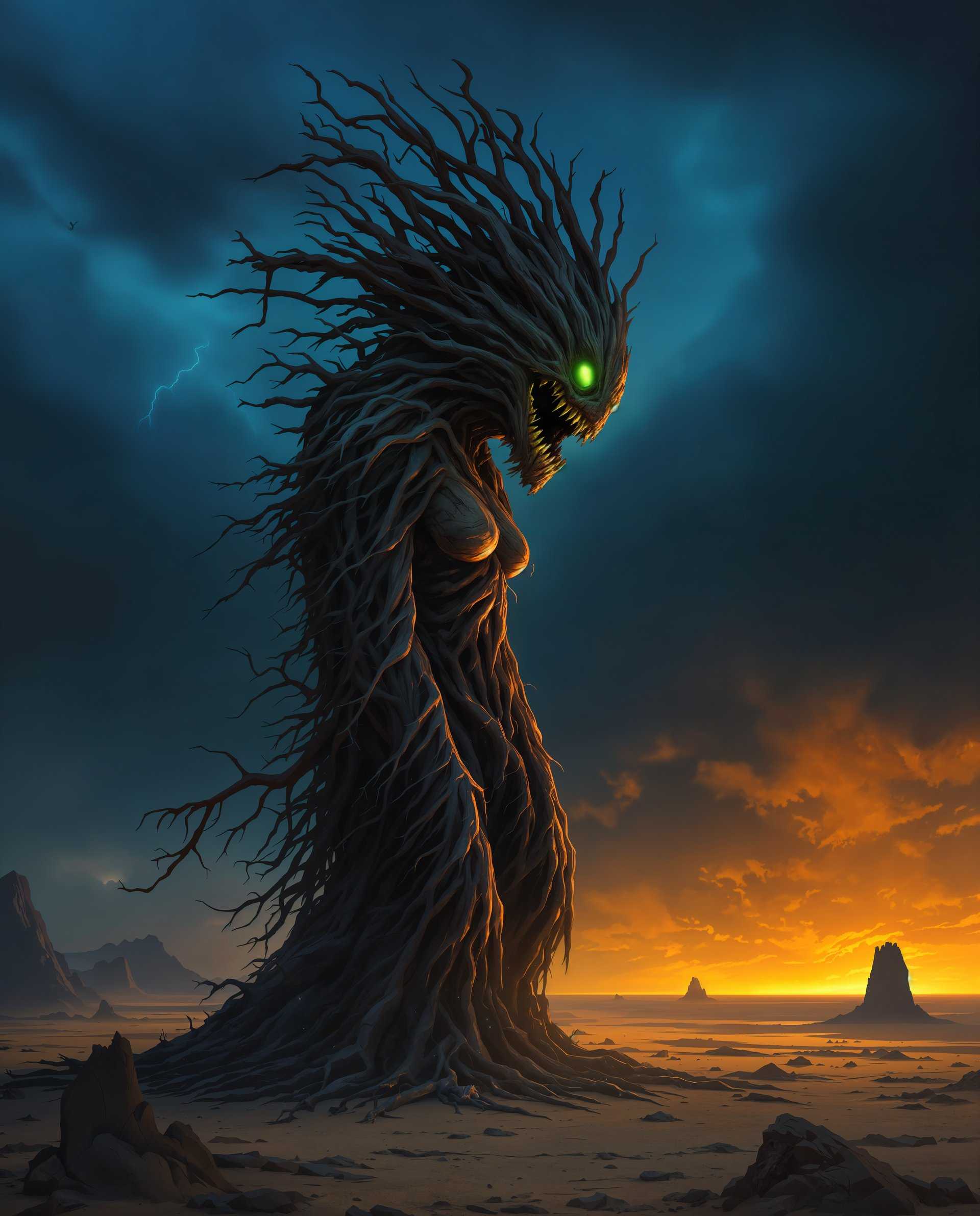 masterpiece, best quality, highres, sharp image, more detail <lora:more_details:0.5> <lora:SDXLrender_v2.0:1>, masterpiece, best quality, highres, sharp image, more detail, This is an evocative and atmospheric digital artwork that captures a moment of natural drama it is a realistic photo (photograph) of a female real person. The art style is reminiscent of fantasy or science fiction, with a strong emphasis on the interplay between organic and inorganic elements, and a sense of otherworldliness.The medium appears to be digital painting, given the smooth blending of colors and the lack of texture that might be present in traditional mediums like oil or acrylic. The use of lighting and shadow is particularly well executed, creating a sense of depth and dimension that enhances the threedimensional quality of the scene.The colors in the image are rich and varied, with a predominance of earthy tones that evoke a sense of the natural world. The sky is a deep, brooding blue, suggesting the onset of a storm. The clouds are dark and swirling, with hints of lightning that add to the sense of foreboding. The horizon is ablaze with a warm, fiery glow, possibly the sun setting or rising, which contrasts sharply with the cool blues and grays of the sky.The objects in the image are primarily the figure and the landscape. The figure is a blend of human and treelike elements, with a body that appears to be made of twisted branches and roots. The texture of the figure is rough and uneven, with a naturalistic feel that suggests it has grown organically from the earth. The figures head is a large, menacing creature with a gaping mouth and glowing green eyes, which adds a sense of danger and mystery to the scene.The landscape is barren and desolate, with jagged rocks and a flat, rocky plain that stretches to the horizon. The ground is covered in dust or sand, and there are no signs of life, reinforcing the feeling of isolation and the raw power of nature.Overall, the image is a powerful and emotive piece that plays with the themes of nature, danger, and the sublime. The use of color, lighting, and composition creates a sense of drama and tension, while the blending of organic and inorganic elements adds to the sense of otherworldliness and fantasy.