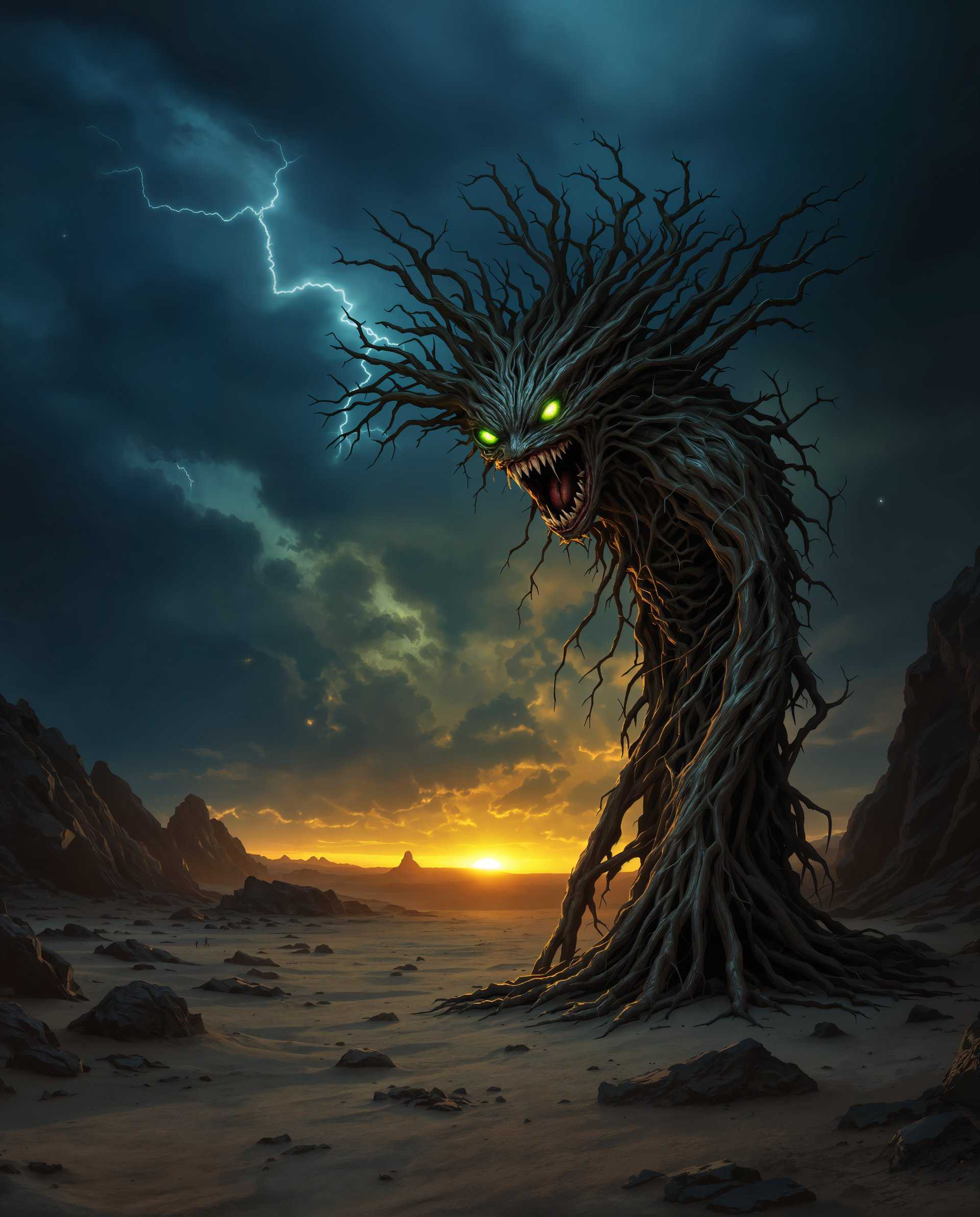 masterpiece, best quality, highres, sharp image, more detail <lora:more_details:0.5> <lora:SDXLrender_v2.0:1>, masterpiece, best quality, highres, sharp image, more detail, This is an evocative and atmospheric digital artwork that captures a moment of natural drama it is a realistic photo (photograph) of a female real person. The art style is reminiscent of fantasy or science fiction, with a strong emphasis on the interplay between organic and inorganic elements, and a sense of otherworldliness.The medium appears to be digital painting, given the smooth blending of colors and the lack of texture that might be present in traditional mediums like oil or acrylic. The use of lighting and shadow is particularly well executed, creating a sense of depth and dimension that enhances the threedimensional quality of the scene.The colors in the image are rich and varied, with a predominance of earthy tones that evoke a sense of the natural world. The sky is a deep, brooding blue, suggesting the onset of a storm. The clouds are dark and swirling, with hints of lightning that add to the sense of foreboding. The horizon is ablaze with a warm, fiery glow, possibly the sun setting or rising, which contrasts sharply with the cool blues and grays of the sky.The objects in the image are primarily the figure and the landscape. The figure is a blend of human and treelike elements, with a body that appears to be made of twisted branches and roots. The texture of the figure is rough and uneven, with a naturalistic feel that suggests it has grown organically from the earth. The figures head is a large, menacing creature with a gaping mouth and glowing green eyes, which adds a sense of danger and mystery to the scene.The landscape is barren and desolate, with jagged rocks and a flat, rocky plain that stretches to the horizon. The ground is covered in dust or sand, and there are no signs of life, reinforcing the feeling of isolation and the raw power of nature.Overall, the image is a powerful and emotive piece that plays with the themes of nature, danger, and the sublime. The use of color, lighting, and composition creates a sense of drama and tension, while the blending of organic and inorganic elements adds to the sense of otherworldliness and fantasy.