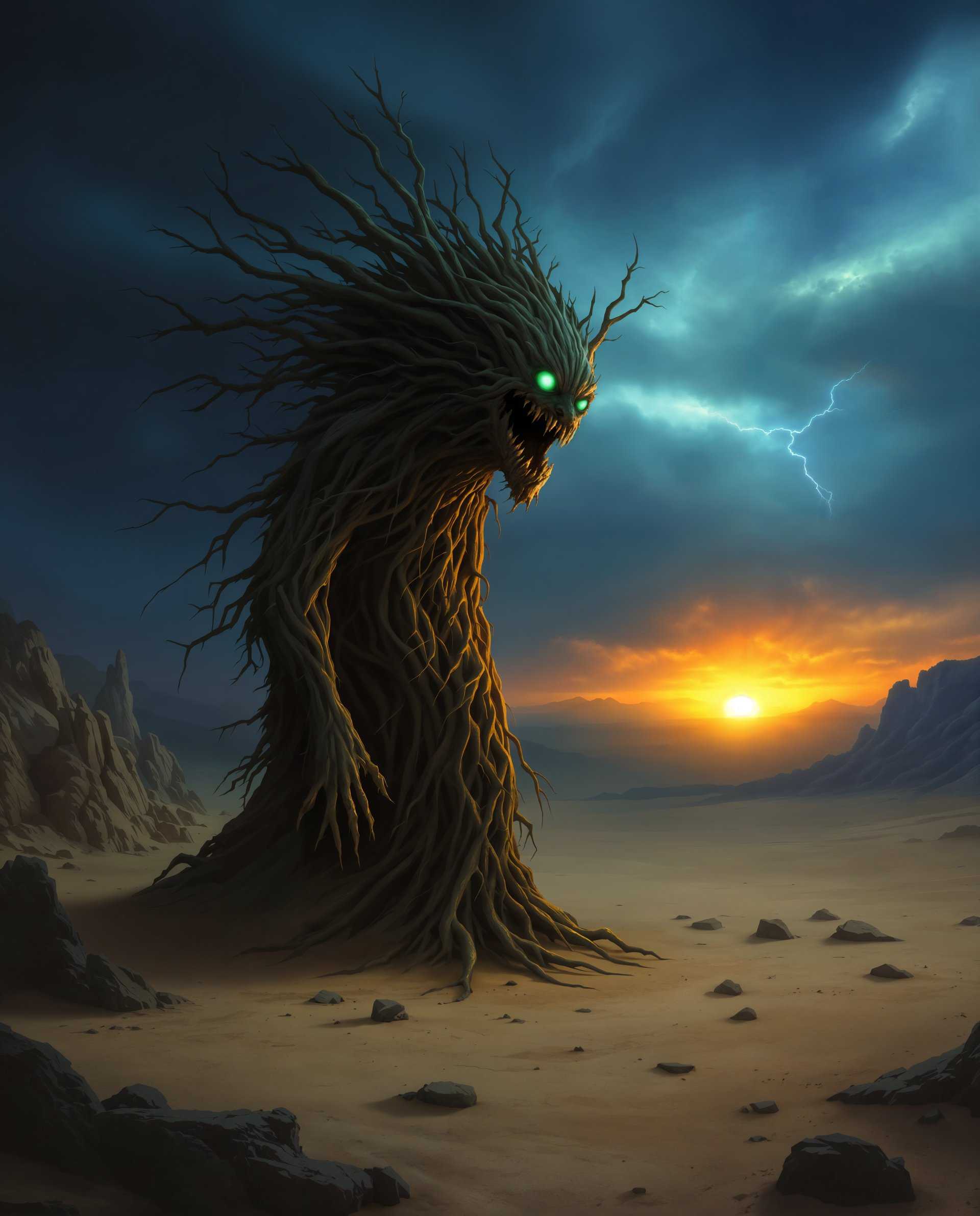 masterpiece, best quality, highres, sharp image, more detail <lora:more_details:0.5> <lora:SDXLrender_v2.0:1>, masterpiece, best quality, highres, sharp image, more detail, This is an evocative and atmospheric digital artwork that captures a moment of natural drama it is a realistic photo (photograph) of a female real person. The art style is reminiscent of fantasy or science fiction, with a strong emphasis on the interplay between organic and inorganic elements, and a sense of otherworldliness.The medium appears to be digital painting, given the smooth blending of colors and the lack of texture that might be present in traditional mediums like oil or acrylic. The use of lighting and shadow is particularly well executed, creating a sense of depth and dimension that enhances the threedimensional quality of the scene.The colors in the image are rich and varied, with a predominance of earthy tones that evoke a sense of the natural world. The sky is a deep, brooding blue, suggesting the onset of a storm. The clouds are dark and swirling, with hints of lightning that add to the sense of foreboding. The horizon is ablaze with a warm, fiery glow, possibly the sun setting or rising, which contrasts sharply with the cool blues and grays of the sky.The objects in the image are primarily the figure and the landscape. The figure is a blend of human and treelike elements, with a body that appears to be made of twisted branches and roots. The texture of the figure is rough and uneven, with a naturalistic feel that suggests it has grown organically from the earth. The figures head is a large, menacing creature with a gaping mouth and glowing green eyes, which adds a sense of danger and mystery to the scene.The landscape is barren and desolate, with jagged rocks and a flat, rocky plain that stretches to the horizon. The ground is covered in dust or sand, and there are no signs of life, reinforcing the feeling of isolation and the raw power of nature.Overall, the image is a powerful and emotive piece that plays with the themes of nature, danger, and the sublime. The use of color, lighting, and composition creates a sense of drama and tension, while the blending of organic and inorganic elements adds to the sense of otherworldliness and fantasy.