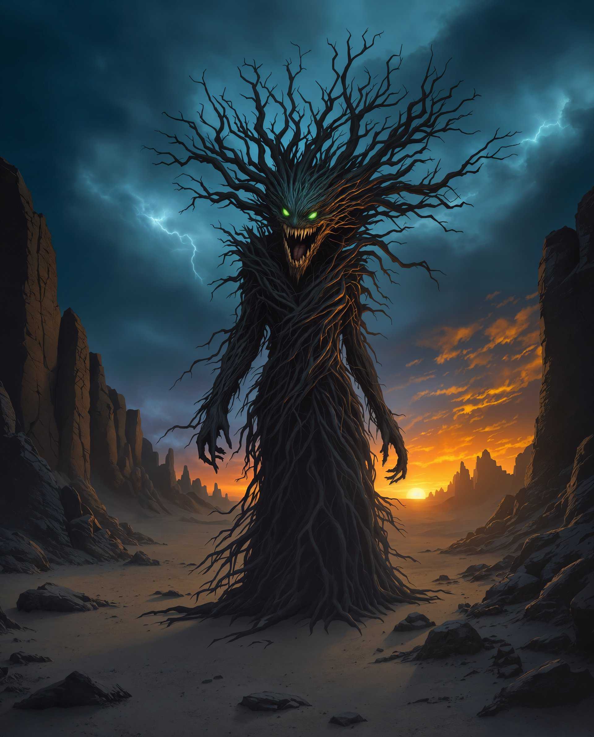 masterpiece, best quality, highres, sharp image, more detail <lora:more_details:0.5> <lora:SDXLrender_v2.0:1>, masterpiece, best quality, highres, sharp image, more detail, This is an evocative and atmospheric digital artwork that captures a moment of natural drama it is a realistic photo (photograph) of a female real person. The art style is reminiscent of fantasy or science fiction, with a strong emphasis on the interplay between organic and inorganic elements, and a sense of otherworldliness.The medium appears to be digital painting, given the smooth blending of colors and the lack of texture that might be present in traditional mediums like oil or acrylic. The use of lighting and shadow is particularly well executed, creating a sense of depth and dimension that enhances the threedimensional quality of the scene.The colors in the image are rich and varied, with a predominance of earthy tones that evoke a sense of the natural world. The sky is a deep, brooding blue, suggesting the onset of a storm. The clouds are dark and swirling, with hints of lightning that add to the sense of foreboding. The horizon is ablaze with a warm, fiery glow, possibly the sun setting or rising, which contrasts sharply with the cool blues and grays of the sky.The objects in the image are primarily the figure and the landscape. The figure is a blend of human and treelike elements, with a body that appears to be made of twisted branches and roots. The texture of the figure is rough and uneven, with a naturalistic feel that suggests it has grown organically from the earth. The figures head is a large, menacing creature with a gaping mouth and glowing green eyes, which adds a sense of danger and mystery to the scene.The landscape is barren and desolate, with jagged rocks and a flat, rocky plain that stretches to the horizon. The ground is covered in dust or sand, and there are no signs of life, reinforcing the feeling of isolation and the raw power of nature.Overall, the image is a powerful and emotive piece that plays with the themes of nature, danger, and the sublime. The use of color, lighting, and composition creates a sense of drama and tension, while the blending of organic and inorganic elements adds to the sense of otherworldliness and fantasy.