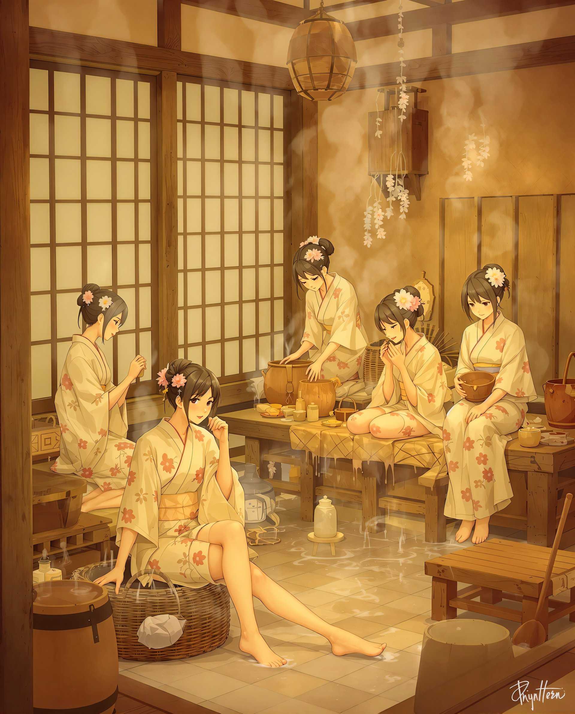 anime, anime, This is an intricate and detailed digital artwork that features a group of figures in a setting that appears to be a traditional Japanese onsen or bathhouse. The art style is reminiscent of Japanese anime or manga, with a focus on the characters expressions and poses, as well as the rich, warm color palette and the detailed depiction of the environment.The medium appears to be digital painting, given the smooth gradients and the lack of texture that one might find in traditional painting mediums. The colors are warm and muted, with a predominance of earthy tones like browns, beiges, and soft yellows, which create a sense of warmth and tranquility. The lighting is soft and diffused, with a gentle glow that highlights the figures and the steamy atmosphere of the bathhouse.The figures are clothed in traditional Japanese attire, specifically yukatas, which are light, casual summer garments. The yukatas are white with delicate floral patterns, and the figures are adorned with flower hair accessories, which add a touch of elegance and femininity to the scene. The figures are posed in various ways, some seated, others standing, and one figure is kneeling, which suggests a communal and relaxed atmosphere typical of a bathhouse.The objects in the image include traditional Japanese architectural elements such as wooden beams, shoji doors, and tatami mats. There are also various items that one might find in a bathhouse, such as a wooden bucket, a ladle, and a small wooden stool. The figures are interacting with these objects, suggesting that they are engaged in the bathhouse activities such as soaking in the hot springs or preparing to bathe.Overall, the image exudes a sense of calm and tranquility, inviting the viewer to imagine themselves in a similar setting, surrounded by the comforting warmth of traditional Japanese culture.