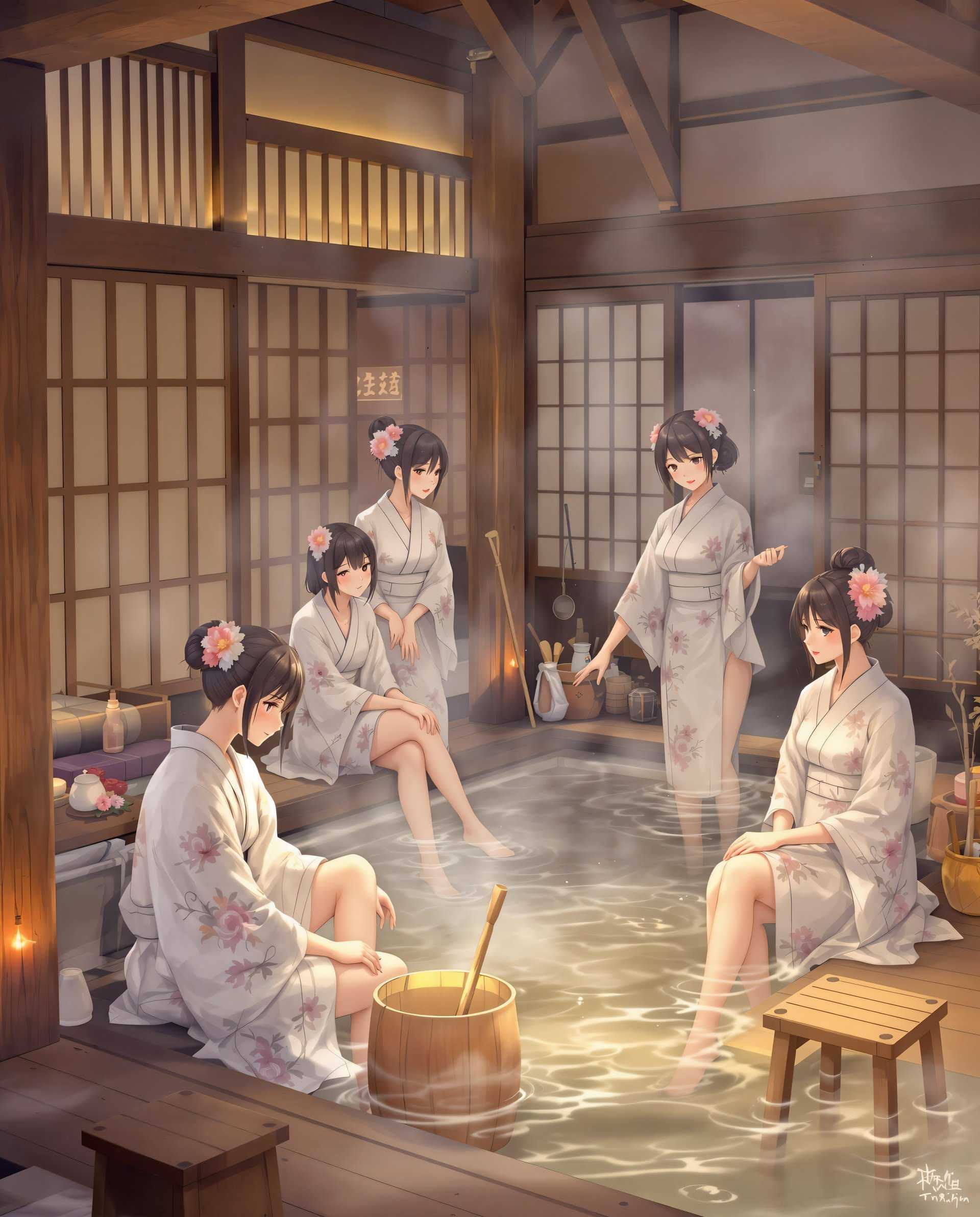 anime, anime, This is an intricate and detailed digital artwork that features a group of figures in a setting that appears to be a traditional Japanese onsen or bathhouse. The art style is reminiscent of Japanese anime or manga, with a focus on the characters expressions and poses, as well as the rich, warm color palette and the detailed depiction of the environment.The medium appears to be digital painting, given the smooth gradients and the lack of texture that one might find in traditional painting mediums. The colors are warm and muted, with a predominance of earthy tones like browns, beiges, and soft yellows, which create a sense of warmth and tranquility. The lighting is soft and diffused, with a gentle glow that highlights the figures and the steamy atmosphere of the bathhouse.The figures are clothed in traditional Japanese attire, specifically yukatas, which are light, casual summer garments. The yukatas are white with delicate floral patterns, and the figures are adorned with flower hair accessories, which add a touch of elegance and femininity to the scene. The figures are posed in various ways, some seated, others standing, and one figure is kneeling, which suggests a communal and relaxed atmosphere typical of a bathhouse.The objects in the image include traditional Japanese architectural elements such as wooden beams, shoji doors, and tatami mats. There are also various items that one might find in a bathhouse, such as a wooden bucket, a ladle, and a small wooden stool. The figures are interacting with these objects, suggesting that they are engaged in the bathhouse activities such as soaking in the hot springs or preparing to bathe.Overall, the image exudes a sense of calm and tranquility, inviting the viewer to imagine themselves in a similar setting, surrounded by the comforting warmth of traditional Japanese culture.
