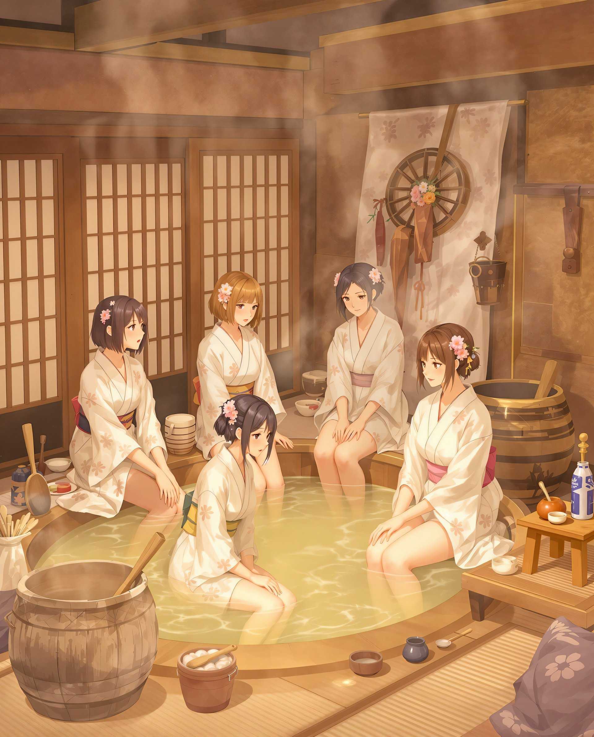 anime, anime, This is an intricate and detailed digital artwork that features a group of figures in a setting that appears to be a traditional Japanese onsen or bathhouse. The art style is reminiscent of Japanese anime or manga, with a focus on the characters expressions and poses, as well as the rich, warm color palette and the detailed depiction of the environment.The medium appears to be digital painting, given the smooth gradients and the lack of texture that one might find in traditional painting mediums. The colors are warm and muted, with a predominance of earthy tones like browns, beiges, and soft yellows, which create a sense of warmth and tranquility. The lighting is soft and diffused, with a gentle glow that highlights the figures and the steamy atmosphere of the bathhouse.The figures are clothed in traditional Japanese attire, specifically yukatas, which are light, casual summer garments. The yukatas are white with delicate floral patterns, and the figures are adorned with flower hair accessories, which add a touch of elegance and femininity to the scene. The figures are posed in various ways, some seated, others standing, and one figure is kneeling, which suggests a communal and relaxed atmosphere typical of a bathhouse.The objects in the image include traditional Japanese architectural elements such as wooden beams, shoji doors, and tatami mats. There are also various items that one might find in a bathhouse, such as a wooden bucket, a ladle, and a small wooden stool. The figures are interacting with these objects, suggesting that they are engaged in the bathhouse activities such as soaking in the hot springs or preparing to bathe.Overall, the image exudes a sense of calm and tranquility, inviting the viewer to imagine themselves in a similar setting, surrounded by the comforting warmth of traditional Japanese culture.