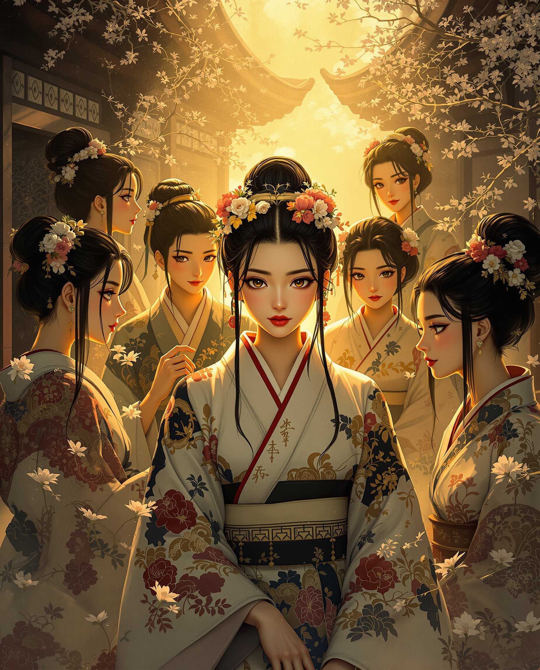 masterpiece, best quality, highres, sharp image, more detail, This realistic photo (photograph) of a female real persons is an image that is a richly detailed and artistically composed piece that features a group of figures in a setting that suggests a traditional or historical Japanese environment. Heres a breakdown of the artistic elementsComposition The composition is dynamic and balanced, with the figures arranged in a way that creates a sense of depth and movement. The central figure is slightly elevated, drawing the viewers eye directly to her. The use of negative space is masterful, with the figures positioned to create a sense of openness and to allow the viewers eye to flow through the image without feeling cramped. The perspective is slightly skewed, with the vanishing point off to the side, which adds to the sense of a threedimensional space within the twodimensional medium.Lighting The lighting in the image is warm and soft, with a golden hue that suggests either dawn or dusk. This lighting casts gentle shadows and highlights, giving the figures and the environment a sense of volume and texture. The light seems to emanate from the top left corner, creating a radiant glow that outlines the central figure and adds to her prominence. The play of light and shadow is subtle but effective, with the light accentuating the curves of the figures and the folds of their garments.Style The style of the artwork is reminiscent of Japanese anime or manga, with its clean lines, exaggerated features like the large eyes and small mouths, and the stylized rendering of hair and clothing. The figures are clothed in traditional Japanese attire, which is rendered with attention to detail, including the patterned garments and the delicate floral adornments in their hair. The overall style is one of fantasy or historical fiction, with a romantic and somewhat ethereal quality that is enhanced by the dreamlike quality of the lighting and the misty, atmospheric environment.The artwork combines these elements to create a scene that is both visually striking and thematically rich, inviting the viewer into a world that is both familiar and fantastical.