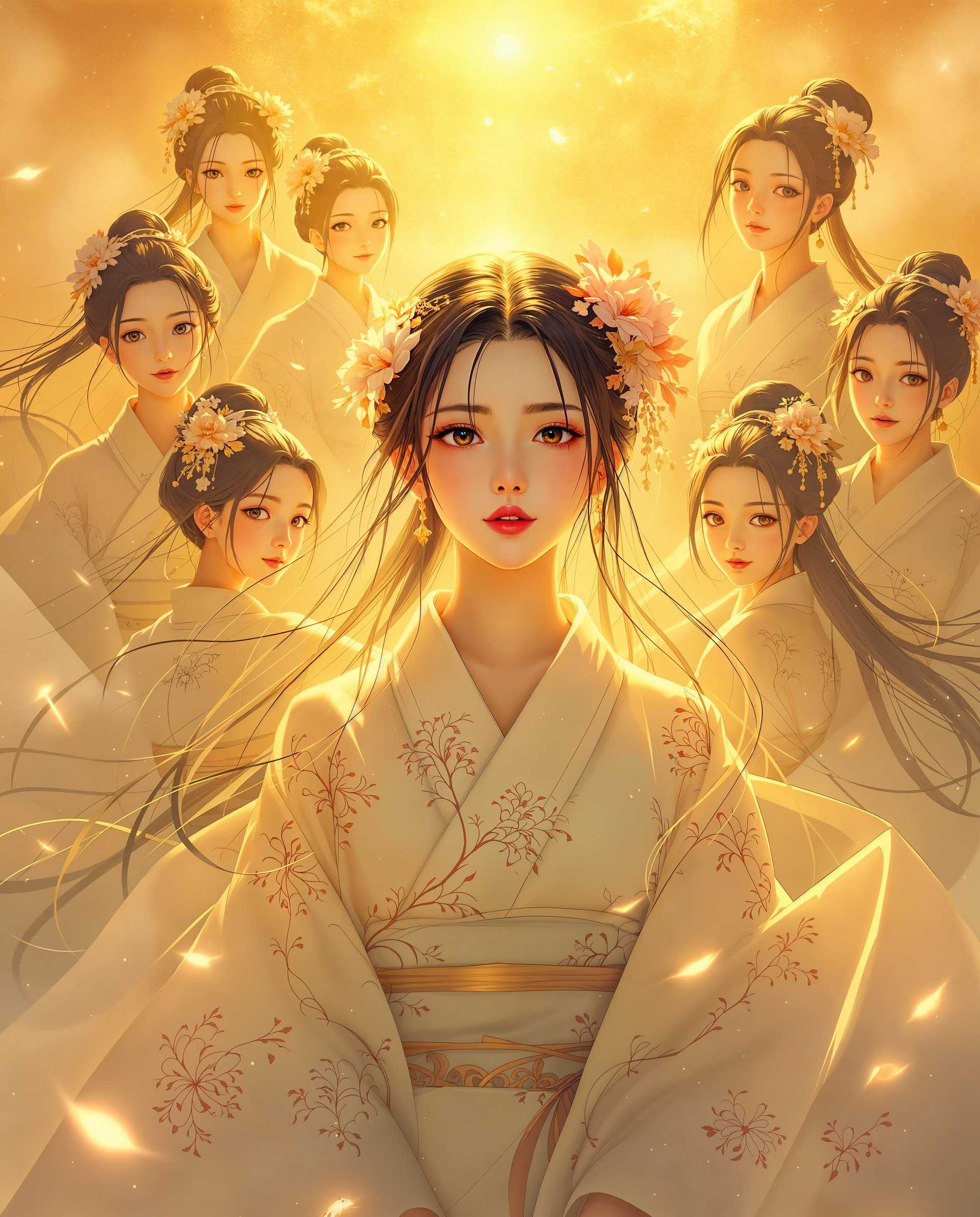 masterpiece, best quality, highres, sharp image, more detail <lora:more_details:0.5> <lora:SDXLrender_v2.0:1>, masterpiece, best quality, highres, sharp image, more detail, This realistic photo (photograph) of a female real persons is an image that is a richly detailed and artistically composed piece that features a group of figures in a setting that suggests a traditional or historical Japanese environment. Heres a breakdown of the artistic elementsComposition The composition is dynamic and balanced, with the figures arranged in a way that creates a sense of depth and movement. The central figure is slightly elevated, drawing the viewers eye directly to her. The use of negative space is masterful, with the figures positioned to create a sense of openness and to allow the viewers eye to flow through the image without feeling cramped. The perspective is slightly skewed, with the vanishing point off to the side, which adds to the sense of a threedimensional space within the twodimensional medium.Lighting The lighting in the image is warm and soft, with a golden hue that suggests either dawn or dusk. This lighting casts gentle shadows and highlights, giving the figures and the environment a sense of volume and texture. The light seems to emanate from the top left corner, creating a radiant glow that outlines the central figure and adds to her prominence. The play of light and shadow is subtle but effective, with the light accentuating the curves of the figures and the folds of their garments.Style The style of the artwork is reminiscent of Japanese anime or manga, with its clean lines, exaggerated features like the large eyes and small mouths, and the stylized rendering of hair and clothing. The figures are clothed in traditional Japanese attire, which is rendered with attention to detail, including the patterned garments and the delicate floral adornments in their hair. The overall style is one of fantasy or historical fiction, with a romantic and somewhat ethereal quality that is enhanced by the dreamlike quality of the lighting and the misty, atmospheric environment.The artwork combines these elements to create a scene that is both visually striking and thematically rich, inviting the viewer into a world that is both familiar and fantastical.